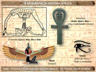 A GEOGRAFIA DA HISTÓRIA BÍBLICA
TEMA : “A GEOGRAFIA DO EGITO NA HISTÓRIA BÍBLICA” / PROFESSOR: CLEBER OLYMPIO
O mundo egípcio: Nut, Shu e Geb
Amuletos
(Ankh, Djed e Was =
Vida, Estabilidade e Poder)
Maat
(Justiça)
Udyat
(Olho de Hórus =
Poder e proteção)
 