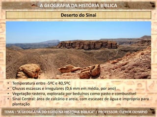 A GEOGRAFIA DA HISTÓRIA BÍBLICA
TEMA : “A GEOGRAFIA DO EGITO NA HISTÓRIA BÍBLICA” / PROFESSOR: CLEBER OLYMPIO
Deserto do Sinai
• Temperatura entre -5ºC e 40,5ºC
• Chuvas escassas e irregulares (0,6 mm em média, por ano)
• Vegetação rasteira, explorada por beduínos como pasto e combustível
• Sinai Central: área de calcário e areia, com escassez de água e imprópria para
plantação
 