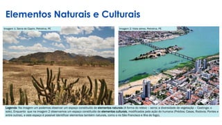 Elementos Naturais e Culturais
Imagem 1: Serra do Capim, Petrolina, PE Imagem 2: Vista aérea, Petrolina, PE
Legenda: Na imagem um podemos observar um espaço constituído de elementos naturais (A forma do relevo – serra; a diversidade de vegetaçãp – Caatinga; o
solo). Enquanto que na imagem 2 observamos um espaço constituído de elementos culturais, modificados pela ação do humana (Prédios; Casas, Rodovia; Pontes e
entre outros), e este espaço é possível identificar elementos também naturais, como o rio São Francisco e Ilha do fogo).
 