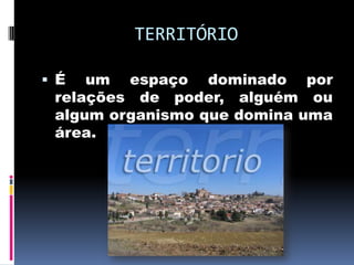 TERRITÓRIO

 É  um espaço dominado por
 relações de poder, alguém ou
 algum organismo que domina uma
 área.
 