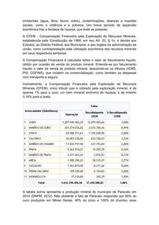 ambientais (água, flora, fauna, solos), contaminações, doenças e mazelas
sociais, como a violência e a pobreza. Um breve período de expansão
econômica traz a fantasia de riqueza, que ilude as pessoas.
A CFEM - Compensação Financeira pela Exploração de Recursos Minerais,
estabelecida pela Constituição de 1988, em seu Art. 20, § 1o, é devida aos
Estados, ao Distrito Federal, aos Municípios, e aos órgãos da administração da
União, como contraprestação pela utilização econômica dos recursos minerais
em seus respectivos territórios.
A Compensação Financeira é calculada sobre o valor do faturamento líquido,
obtido por ocasião da venda do produto mineral. Entende-se por faturamento
líquido o valor da venda do produto mineral, deduzindo-se os tributos (ICMS,
PIS, COFINS), que incidem na comercialização, como também as despesas
com transporte e seguro.
Incrivelmente, a Compensação Financeira pela Exploração de Recursos
Minerais (CFEM), único tributo que é cobrado pela exploração mineral, é de
apenas 1% para o ouro, um bem mineral sinônimo de riqueza, e de irrisório
0,16% para a prata.
A tabela acima apresenta a produção mineral do município de Paracatu em
2012 (DNPM, 2012). Não obstante o fato de Paracatu responder por 90% do
ouro produzido em Minas Gerais, 40% do zinco e 100% do chumbo, essa
 