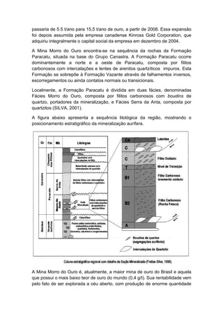 passaria de 5.5 t/ano para 15,5 t/ano de ouro, a partir de 2008. Essa expansão
foi depois assumida pela empresa canadense Kinross Gold Corporation, que
adquiriu integralmente o capital social da empresa em dezembro de 2004.
A Mina Morro do Ouro encontra-se na sequência da rochas da Formação
Paracatu, situada na base do Grupo Canastra. A Formação Paracatu ocorre
dominantemente a norte e a oeste de Paracatu, composta por filitos
carbonosos com intercalações e lentes de arenitos quartzíticos impuros. Esta
Formação se sobrepõe à Formação Vazante através de falhamentos inversos,
escorregamentos ou ainda contatos normais ou transicionais.
Localmente, a Formação Paracatu é dividida em duas fácies, denominadas
Fácies Morro do Ouro, composta por filitos carbonosos com boudins de
quartzo, portadores da mineralização, e Fácies Serra da Anta, composta por
quartzitos (SILVA, 2001).
A figura abaixo apresenta a sequência litológica da região, mostrando o
posicionamento estratigráfico da mineralização aurífera.
A Mina Morro do Ouro é, atualmente, a maior mina de ouro do Brasil e aquela
que possui o mais baixo teor de ouro do mundo (0,4 g/t). Sua rentabilidade vem
pelo fato de ser explorada a céu aberto, com produção de enorme quantidade
 
