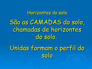 Horizontes do solo São as CAMADAS do solo, chamadas de horizontes do solo.  Unidas formam o perfil do solo 