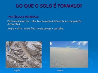 DO QUE O SOLO É FORMADO? PARTÍCULAS MINERAIS:   Partículas Minerais – elas tem tamanhos diferentes e composição diferentes.  Argila < silte < areia fina < areia grossa < cascalho.   areia argila 