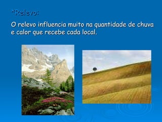 *Relevo: O relevo influencia muito na quantidade de chuva e calor que recebe cada local.   