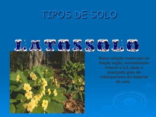 Baixa relação molecular na fração argila, normalmente inferior a 2,2, dado o avançado grau de intemperismo do material do solo.  TIPOS DE SOLO 