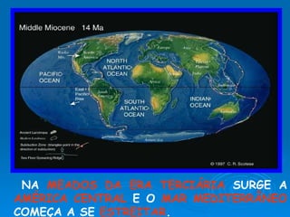 NA  MEADOS DA ERA TERCIÁRIA  SURGE A  AMÉRICA CENTRAL  E O  MAR MEDITERRÂNEO  COMEÇA A SE  ESTREITAR . 