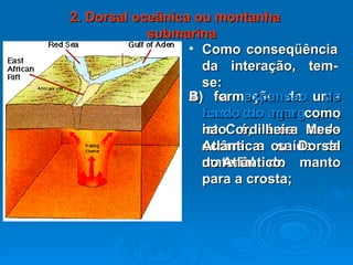 2. Dorsal oceânica ou montanha submarina Como conseqüência da interação, tem-se: A) formação de uma  zona de agregação , isto é, área onde ocorre a saída de material do manto para a crosta; B) a  expansão do fundo do mar  como na Cordilheira Meso Atlântica ou Dorsal do Atlântico. 