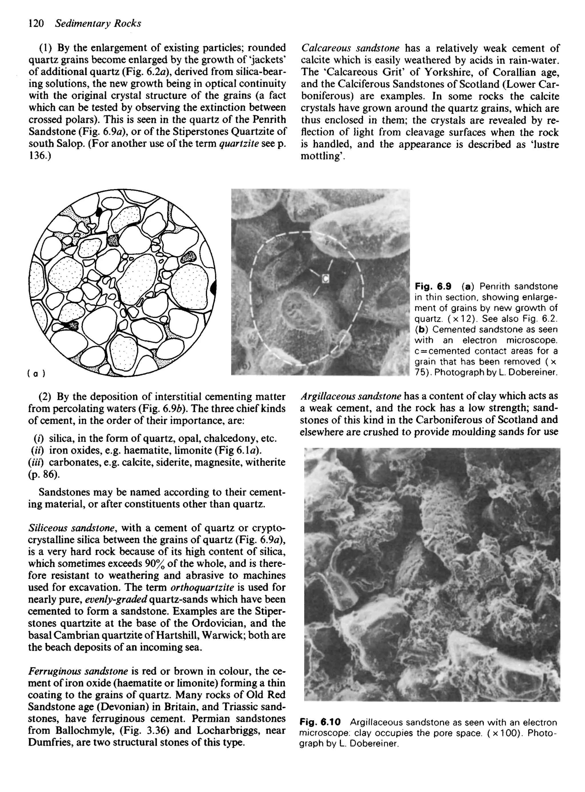 (1) By the enlargement of existing particles; rounded
quartz grains become enlarged by the growth of 'jackets'
of additional quartz (Fig. 6.2a), derived from silica-bear-
ing solutions, the new growth being in optical continuity
with the original crystal structure of the grains (a fact
which can be tested by observing the extinction between
crossed polars). This is seen in the quartz of the Penrith
Sandstone (Fig. 6.9«), or of the Stiperstones Quartzite of
south Salop. (For another use of the term quartzite see p.
136.)
Calcareous sandstone has a relatively weak cement of
calcite which is easily weathered by acids in rain-water.
The 'Calcareous Grit' of Yorkshire, of Corallian age,
and the Calciferous Sandstones of Scotland (Lower Car-
boniferous) are examples. In some rocks the calcite
crystals have grown around the quartz grains, which are
thus enclosed in them; the crystals are revealed by re-
flection of light from cleavage surfaces when the rock
is handled, and the appearance is described as iustre
mottling'.
Fig. 6.9 (a) Penrith sandstone
in thin section, showing enlarge-
ment of grains by new growth of
quartz. (x12). See also Fig. 6.2.
(b) Cemented sandstone as seen
with an electron microscope,
c = cemented contact areas for a
grain that has been removed (x
75). Photograph by L. Dobereiner.
(2) By the deposition of interstitial cementing matter
from percolating waters (Fig. 6.9b). The three chief kinds
of cement, in the order of their importance, are:
(0 silica, in the form of quartz, opal, chalcedony, etc.
(«") iron oxides, e.g. haematite, limonite (Fig 6.1a).
(Ui) carbonates, e.g. calcite, siderite, magnesite, witherite
(p. 86).
Sandstones may be named according to their cement-
ing material, or after constituents other than quartz.
Siliceous sandstone, with a cement of quartz or crypto-
crystalline silica between the grains of quartz (Fig. 6.9a),
is a very hard rock because of its high content of silica,
which sometimes exceeds 90% of the whole, and is there-
fore resistant to weathering and abrasive to machines
used for excavation. The term orthoquartzite is used for
nearly pure, evenly-graded quartz-sands which have been
cemented to form a sandstone. Examples are the Stiper-
stones quartzite at the base of the Ordovician, and the
basal Cambrian quartzite of Hartshill, Warwick; both are
the beach deposits of an incoming sea.
Ferruginous sandstone is red or brown in colour, the ce-
ment of iron oxide (haematite or limonite) forming a thin
coating to the grains of quartz. Many rocks of Old Red
Sandstone age (Devonian) in Britain, and Triassic sand-
stones, have ferruginous cement. Permian sandstones
from Ballochmyle, (Fig. 3.36) and Locharbriggs, near
Dumfries, are two structural stones of this type.
Argillaceous sandstone has a content of clay which acts as
a weak cement, and the rock has a low strength; sand-
stones of this kind in the Carboniferous of Scotland and
elsewhere are crushed to provide moulding sands for use
Fig. 6.10 Argillaceous sandstone as seen with an electron
microscope, clay occupies the pore space. (x100). Photo-
graph by L. Dobereiner.
 
