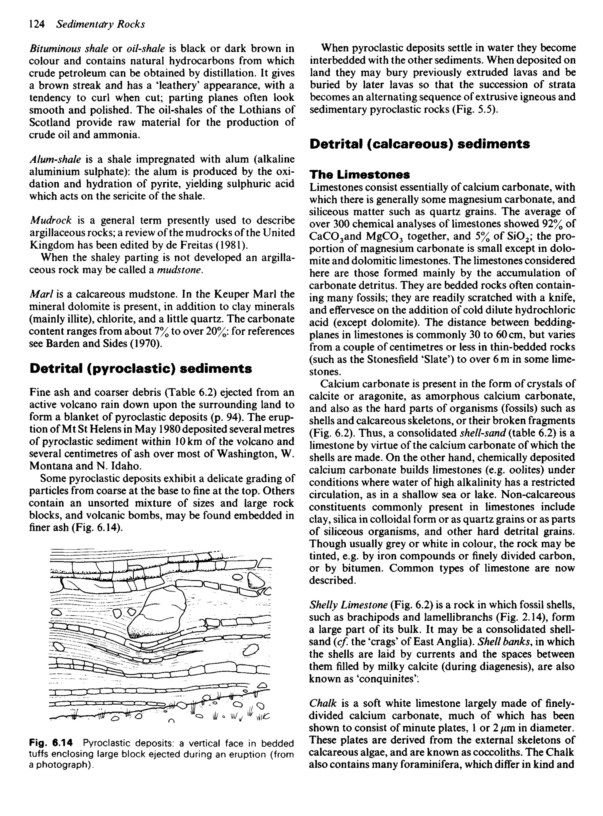 Bituminous shale or oil-shale is black or dark brown in
colour and contains natural hydrocarbons from which
crude petroleum can be obtained by distillation. It gives
a brown streak and has a 'leathery' appearance, with a
tendency to curl when cut; parting planes often look
smooth and polished. The oil-shales of the Lothians of
Scotland provide raw material for the production of
crude oil and ammonia.
Alum-shale is a shale impregnated with alum (alkaline
aluminium sulphate): the alum is produced by the oxi-
dation and hydration of pyrite, yielding sulphuric acid
which acts on the sericite of the shale.
Mudrock is a general term presently used to describe
argillaceous rocks; a review of the mudrocks ofthe United
Kingdom has been edited by de Freitas (1981).
When the shaley parting is not developed an argilla-
ceous rock may be called a mudstone.
Marl is a calcareous mudstone. In the Keuper Marl the
mineral dolomite is present, in addition to clay minerals
(mainly illite), chlorite, and a little quartz. The carbonate
content ranges from about 7% to over 20%: for references
see Barden and Sides (1970).
Detrital (pyroclastic) sediments
Fine ash and coarser debris (Table 6.2) ejected from an
active volcano rain down upon the surrounding land to
form a blanket of pyroclastic deposits (p. 94). The erup-
tion of Mt St Helens in May 1980 deposited several metres
of pyroclastic sediment within 10 km of the volcano and
several centimetres of ash over most of Washington, W.
Montana and N. Idaho.
Some pyroclastic deposits exhibit a delicate grading of
particles from coarse at the base tofineat the top. Others
contain an unsorted mixture of sizes and large rock
blocks, and volcanic bombs, may be found embedded in
finer ash (Fig. 6.14).
When pyroclastic deposits settle in water they become
interbedded with the other sediments. When deposited on
land they may bury previously extruded lavas and be
buried by later lavas so that the succession of strata
becomes an alternating sequence of extrusive igneous and
sedimentary pyroclastic rocks (Fig. 5.5).
Detrital (calcareous) sediments
The Limestones
Limestones consist essentially of calcium carbonate, with
which there is generally some magnesium carbonate, and
siliceous matter such as quartz grains. The average of
over 300 chemical analyses of limestones showed 92% of
CaCO3and MgCO3 together, and 5% of SiO2; the pro-
portion of magnesium carbonate is small except in dolo-
mite and dolomitic limestones. The limestones considered
here are those formed mainly by the accumulation of
carbonate detritus. They are bedded rocks often contain-
ing many fossils; they are readily scratched with a knife,
and effervesce on the addition of cold dilute hydrochloric
acid (except dolomite). The distance between bedding-
planes in limestones is commonly 30 to 60 cm, but varies
from a couple of centimetres or less in thin-bedded rocks
(such as the Stonesfield 'Slate') to over 6 m in some lime-
stones.
Calcium carbonate is present in the form of crystals of
calcite or aragonite, as amorphous calcium carbonate,
and also as the hard parts of organisms (fossils) such as
shells and calcareous skeletons, or their broken fragments
(Fig. 6.2). Thus, a consolidated shell-sand (table 6.2) is a
limestone by virtue of the calcium carbonate of which the
shells are made. On the other hand, chemically deposited
calcium carbonate builds limestones (e.g. oolites) under
conditions where water of high alkalinity has a restricted
circulation, as in a shallow sea or lake. Non-calcareous
constituents commonly present in limestones include
clay, silica in colloidal form or as quartz grains or as parts
of siliceous organisms, and other hard detrital grains.
Though usually grey or white in colour, the rock may be
tinted, e.g. by iron compounds orfinelydivided carbon,
or by bitumen. Common types of limestone are now
described.
Shelly Limestone (Fig. 6.2) is a rock in which fossil shells,
such as brachipods and lamellibranchs (Fig. 2.14), form
a large part of its bulk. It may be a consolidated shell-
sand (cf. the 'crags' of East Anglia). Shell banks, in which
the shells are laid by currents and the spaces between
them filled by milky calcite (during diagenesis), are also
known as 'conquinites'.
Chalk is a soft white limestone largely made of finely-
divided calcium carbonate, much of which has been
shown to consist of minute plates, 1 or 2 /mi in diameter.
These plates are derived from the external skeletons of
calcareous algae, and are known as coccoliths. The Chalk
also contains many foraminifera, which differ in kind and
Fig. 6.14 Pyroclastic deposits: a vertical face in bedded
tuffs enclosing large block ejected during an eruption (from
a photograph).
 