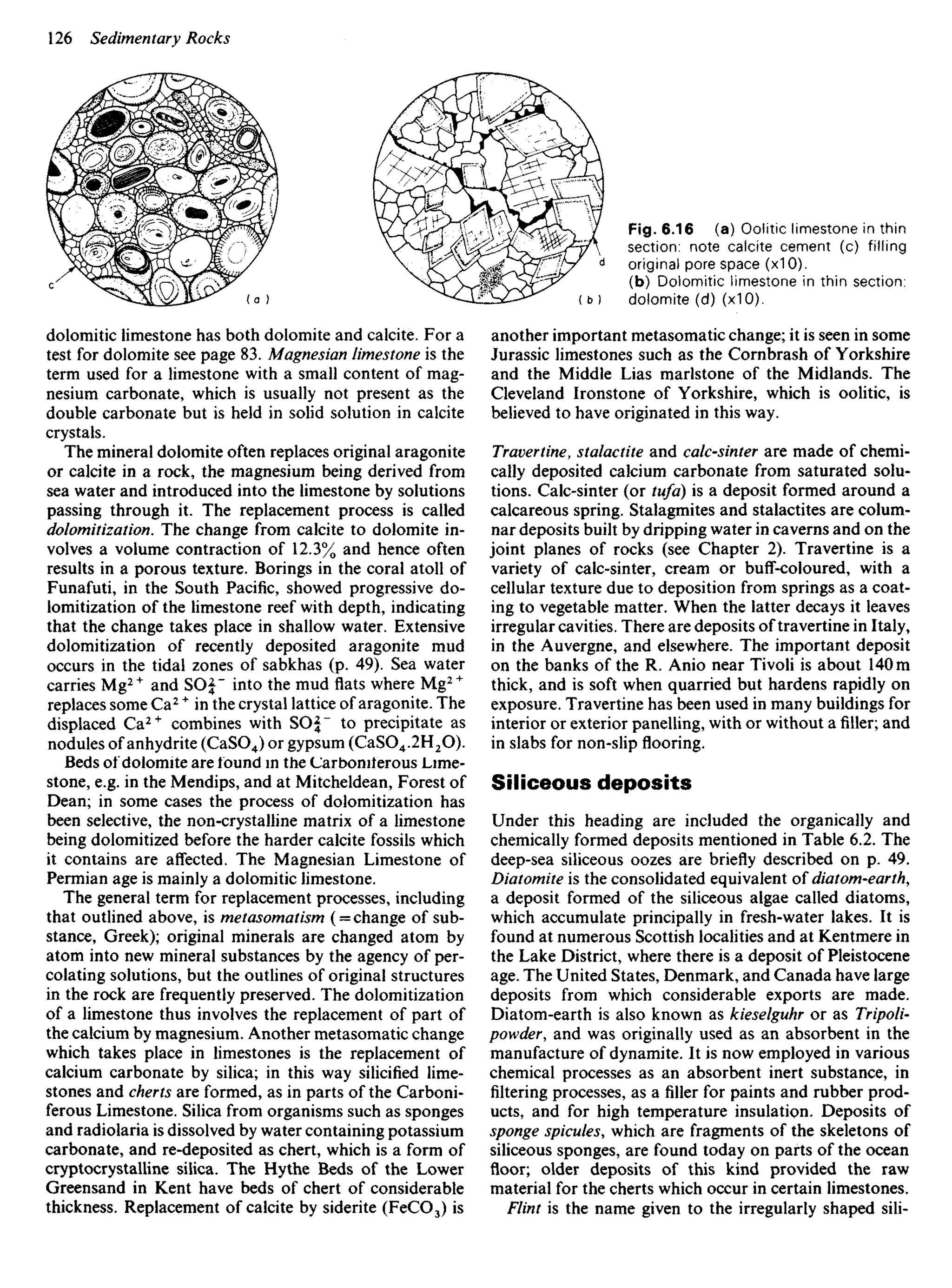 dolomitic limestone has both dolomite and calcite. For a
test for dolomite see page 83. Magnesian limestone is the
term used for a limestone with a small content of mag-
nesium carbonate, which is usually not present as the
double carbonate but is held in solid solution in calcite
crystals.
The mineral dolomite often replaces original aragonite
or calcite in a rock, the magnesium being derived from
sea water and introduced into the limestone by solutions
passing through it. The replacement process is called
dolomitization. The change from calcite to dolomite in-
volves a volume contraction of 12.3% and hence often
results in a porous texture. Borings in the coral atoll of
Funafuti, in the South Pacific, showed progressive do-
lomitization of the limestone reef with depth, indicating
that the change takes place in shallow water. Extensive
dolomitization of recently deposited aragonite mud
occurs in the tidal zones of sabkhas (p. 49). Sea water
carries Mg2+
and SOJ" into the mud flats where Mg2 +
replaces some Ca2+
in the crystal lattice of aragonite. The
displaced Ca2+
combines with SOJ" to precipitate as
nodules of anhydrite (CaSO4) or gypsum (CaSO4.2H2O).
Beds oi dolomite are found in the Carboniferous Lime-
stone, e.g. in the Mendips, and at Mitcheldean, Forest of
Dean; in some cases the process of dolomitization has
been selective, the non-crystalline matrix of a limestone
being dolomitized before the harder calcite fossils which
it contains are affected. The Magnesian Limestone of
Permian age is mainly a dolomitic limestone.
The general term for replacement processes, including
that outlined above, is metasomatism (= change of sub-
stance, Greek); original minerals are changed atom by
atom into new mineral substances by the agency of per-
colating solutions, but the outlines of original structures
in the rock are frequently preserved. The dolomitization
of a limestone thus involves the replacement of part of
the calcium by magnesium. Another metasomatic change
which takes place in limestones is the replacement of
calcium carbonate by silica; in this way silicified lime-
stones and cherts are formed, as in parts of the Carboni-
ferous Limestone. Silica from organisms such as sponges
and radiolaria is dissolved by water containing potassium
carbonate, and re-deposited as chert, which is a form of
cryptocrystalline silica. The Hythe Beds of the Lower
Greensand in Kent have beds of chert of considerable
thickness. Replacement of calcite by siderite (FeCO3) is
Fig. 6.16 (a) Oolitic limestone in thin
section: note calcite cement (c) filling
original pore space (x10).
(b) Dolomitic iimestone in thin section:
dolomite (d) (x10).
another important metasomatic change; it is seen in some
Jurassic limestones such as the Cornbrash of Yorkshire
and the Middle Lias marlstone of the Midlands. The
Cleveland Ironstone of Yorkshire, which is oolitic, is
believed to have originated in this way.
Travertine, stalactite and calc-sinter are made of chemi-
cally deposited calcium carbonate from saturated solu-
tions. Calc-sinter (or tufa) is a deposit formed around a
calcareous spring. Stalagmites and stalactites are colum-
nar deposits built by dripping water in caverns and on the
joint planes of rocks (see Chapter 2). Travertine is a
variety of calc-sinter, cream or buff-coloured, with a
cellular texture due to deposition from springs as a coat-
ing to vegetable matter. When the latter decays it leaves
irregular cavities. There are deposits of travertine in Italy,
in the Auvergne, and elsewhere. The important deposit
on the banks of the R. Anio near Tivoli is about 140 m
thick, and is soft when quarried but hardens rapidly on
exposure. Travertine has been used in many buildings for
interior or exterior panelling, with or without afiller;and
in slabs for non-slip flooring.
Siliceous deposits
Under this heading are included the organically and
chemically formed deposits mentioned in Table 6.2. The
deep-sea siliceous oozes are briefly described on p. 49.
Diatomite is the consolidated equivalent of diatom-earth,
a deposit formed of the siliceous algae called diatoms,
which accumulate principally in fresh-water lakes. It is
found at numerous Scottish localities and at Kentmere in
the Lake District, where there is a deposit of Pleistocene
age. The United States, Denmark, and Canada have large
deposits from which considerable exports are made.
Diatom-earth is also known as kieselguhr or as Tripoli-
powder, and was originally used as an absorbent in the
manufacture of dynamite. It is now employed in various
chemical processes as an absorbent inert substance, in
filtering processes, as afillerfor paints and rubber prod-
ucts, and for high temperature insulation. Deposits of
sponge spicules, which are fragments of the skeletons of
siliceous sponges, are found today on parts of the ocean
floor; older deposits of this kind provided the raw
material for the cherts which occur in certain limestones.
Flint is the name given to the irregularly shaped sili-
 