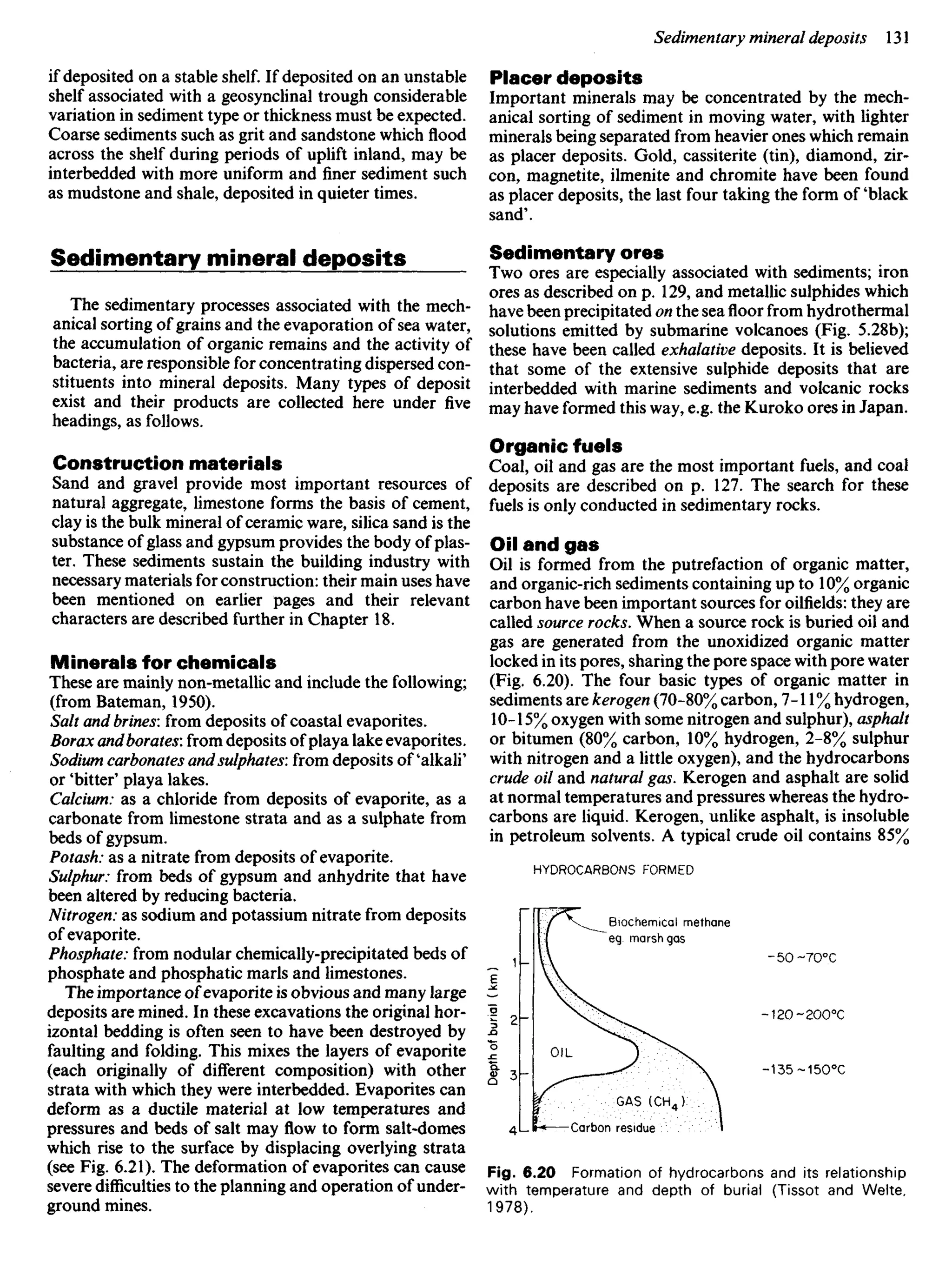 if deposited on a stable shelf. If deposited on an unstable
shelf associated with a geosynclinal trough considerable
variation in sediment type or thickness must be expected.
Coarse sediments such as grit and sandstone which flood
across the shelf during periods of uplift inland, may be
interbedded with more uniform and finer sediment such
as mudstone and shale, deposited in quieter times.
Sedimentary mineral deposits
The sedimentary processes associated with the mech-
anical sorting of grains and the evaporation of sea water,
the accumulation of organic remains and the activity of
bacteria, are responsible for concentrating dispersed con-
stituents into mineral deposits. Many types of deposit
exist and their products are collected here under five
headings, as follows.
Construction materials
Sand and gravel provide most important resources of
natural aggregate, limestone forms the basis of cement,
clay is the bulk mineral of ceramic ware, silica sand is the
substance of glass and gypsum provides the body of plas-
ter. These sediments sustain the building industry with
necessary materials for construction: their main uses have
been mentioned on earlier pages and their relevant
characters are described further in Chapter 18.
Minerals for chemicals
These are mainly non-metallic and include the following;
(from Bateman, 1950).
Salt and brines: from deposits of coastal evaporites.
Borax andborates: from deposits of playa lake evaporites.
Sodium carbonates andsulphates', from deposits of'alkali'
or 'bitter' playa lakes.
Calcium: as a chloride from deposits of evaporite, as a
carbonate from limestone strata and as a sulphate from
beds of gypsum.
Potash: as a nitrate from deposits of evaporite.
Sulphur: from beds of gypsum and anhydrite that have
been altered by reducing bacteria.
Nitrogen: as sodium and potassium nitrate from deposits
of evaporite.
Phosphate: from nodular chemically-precipitated beds of
phosphate and phosphatic marls and limestones.
The importance of evaporite is obvious and many large
deposits are mined. In these excavations the original hor-
izontal bedding is often seen to have been destroyed by
faulting and folding. This mixes the layers of evaporite
(each originally of different composition) with other
strata with which they were interbedded. Evaporites can
deform as a ductile material at low temperatures and
pressures and beds of salt may flow to form salt-domes
which rise to the surface by displacing overlying strata
(see Fig. 6.21). The deformation of evaporites can cause
severe difficulties to the planning and operation of under-
ground mines.
Placer deposits
Important minerals may be concentrated by the mech-
anical sorting of sediment in moving water, with lighter
minerals being separated from heavier ones which remain
as placer deposits. Gold, cassiterite (tin), diamond, zir-
con, magnetite, ilmenite and chromite have been found
as placer deposits, the last four taking the form of 'black
sand'.
Sedimentary ores
Two ores are especially associated with sediments; iron
ores as described on p. 129, and metallic sulphides which
have been precipitated on the sea floor from hydrothermal
solutions emitted by submarine volcanoes (Fig. 5.28b);
these have been called exhalative deposits. It is believed
that some of the extensive sulphide deposits that are
interbedded with marine sediments and volcanic rocks
may have formed this way, e.g. the Kuroko ores in Japan.
Organic fuels
Coal, oil and gas are the most important fuels, and coal
deposits are described on p. 127. The search for these
fuels is only conducted in sedimentary rocks.
Oil and gas
Oil is formed from the putrefaction of organic matter,
and organic-rich sediments containing up to 10% organic
carbon have been important sources for oilfields: they are
called source rocks. When a source rock is buried oil and
gas are generated from the unoxidized organic matter
locked in its pores, sharing the pore space with pore water
(Fig. 6.20). The four basic types of organic matter in
sediments are kerogen (70-80% carbon, 7-11% hydrogen,
10-15% oxygen with some nitrogen and sulphur), asphalt
or bitumen (80% carbon, 10% hydrogen, 2-8% sulphur
with nitrogen and a little oxygen), and the hydrocarbons
crude oil and natural gas. Kerogen and asphalt are solid
at normal temperatures and pressures whereas the hydro-
carbons are liquid. Kerogen, unlike asphalt, is insoluble
in petroleum solvents. A typical crude oil contains 85%
HYDROCARBONS FORMED
Biochemical methane
eg marsh gas
Depth
of
burial
(
km)
Carbon residue
OIL
GAS (CH4 )
Fig. 6.20 Formation of hydrocarbons and its relationship
with temperature and depth of burial (Tissot and Welte,
1978).
 