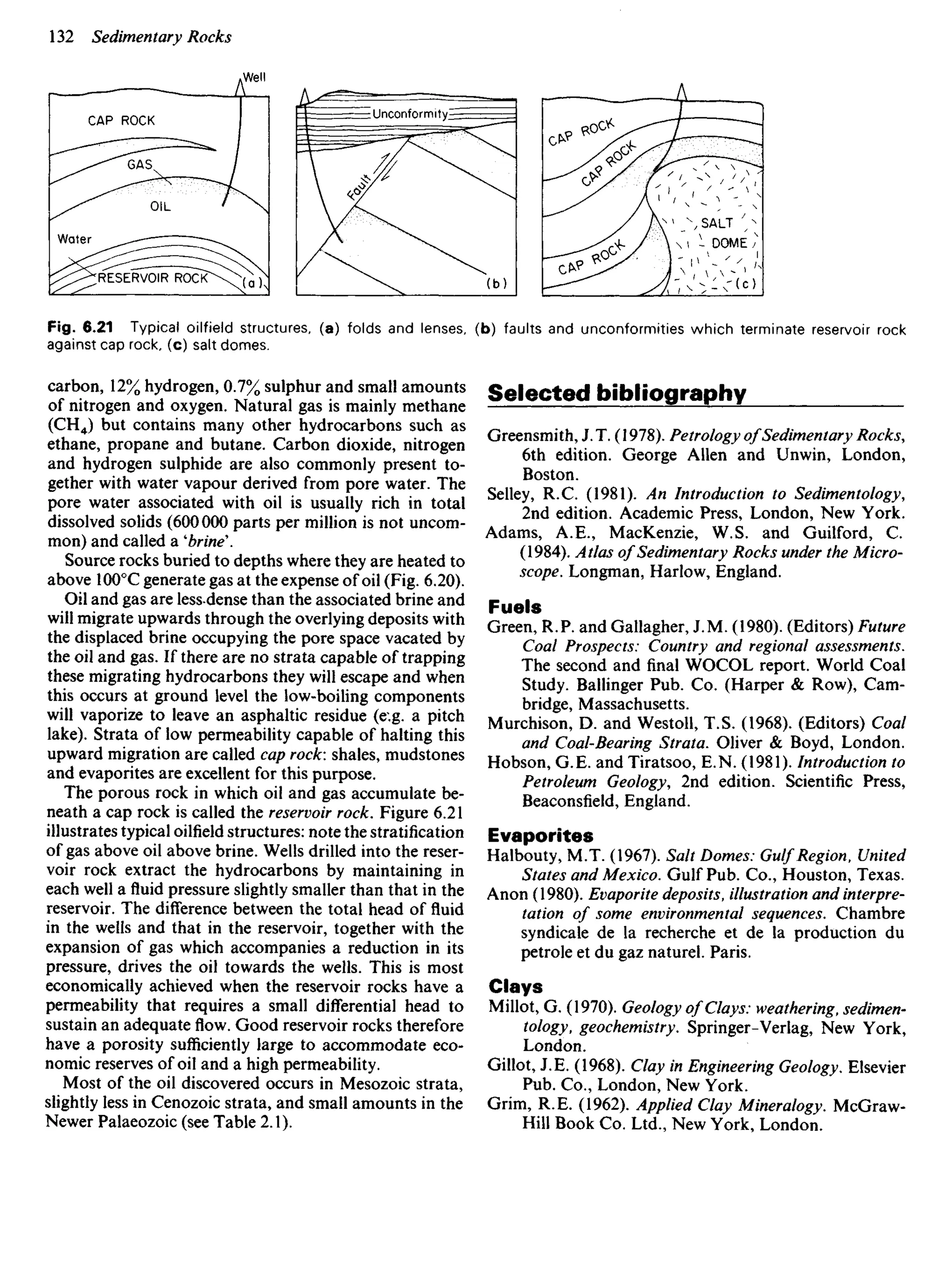 carbon, 12% hydrogen, 0.7% sulphur and small amounts
of nitrogen and oxygen. Natural gas is mainly methane
(CH4) but contains many other hydrocarbons such as
ethane, propane and butane. Carbon dioxide, nitrogen
and hydrogen sulphide are also commonly present to-
gether with water vapour derived from pore water. The
pore water associated with oil is usually rich in total
dissolved solids (600000 parts per million is not uncom-
mon) and called a 'brine'.
Source rocks buried to depths where they are heated to
above 1000
C generate gas at the expense of oil (Fig. 6.20).
Oil and gas are lessdense than the associated brine and
will migrate upwards through the overlying deposits with
the displaced brine occupying the pore space vacated by
the oil and gas. If there are no strata capable of trapping
these migrating hydrocarbons they will escape and when
this occurs at ground level the low-boiling components
will vaporize to leave an asphaltic residue (e;g. a pitch
lake). Strata of low permeability capable of halting this
upward migration are called cap rock: shales, mudstones
and evaporites are excellent for this purpose.
The porous rock in which oil and gas accumulate be-
neath a cap rock is called the reservoir rock. Figure 6.21
illustrates typical oilfield structures: note the stratification
of gas above oil above brine. Wells drilled into the reser-
voir rock extract the hydrocarbons by maintaining in
each well a fluid pressure slightly smaller than that in the
reservoir. The difference between the total head of fluid
in the wells and that in the reservoir, together with the
expansion of gas which accompanies a reduction in its
pressure, drives the oil towards the wells. This is most
economically achieved when the reservoir rocks have a
permeability that requires a small differential head to
sustain an adequate flow. Good reservoir rocks therefore
have a porosity sufficiently large to accommodate eco-
nomic reserves of oil and a high permeability.
Most of the oil discovered occurs in Mesozoic strata,
slightly less in Cenozoic strata, and small amounts in the
Newer Palaeozoic (see Table 2.1).
Selected bibliography
Greensmith, J. T. (1978). Petrology of Sedimentary Rocks,
6th edition. George Allen and Unwin, London,
Boston.
Selley, R.C. (1981). An Introduction to Sedimentology,
2nd edition. Academic Press, London, New York.
Adams, A.E., MacKenzie, W.S. and Guilford, C.
(1984). Atlas of Sedimentary Rocks under the Micro-
scope. Longman, Harlow, England.
Fuels
Green, R.P. and Gallagher, J.M. (1980). (Editors) Future
Coal Prospects: Country and regional assessments.
The second and final WOCOL report. World Coal
Study. Ballinger Pub. Co. (Harper & Row), Cam-
bridge, Massachusetts.
Murchison, D. and Westoll, T.S. (1968). (Editors) Coal
and Coal-Bearing Strata. Oliver & Boyd, London.
Hobson, G. E. and Tiratsoo, E. N. (1981). Introduction to
Petroleum Geology, 2nd edition. Scientific Press,
Beaconsfield, England.
Evaporites
Halbouty, M.T. (1967). Salt Domes: Gulf Region, United
States and Mexico. Gulf Pub. Co., Houston, Texas.
Anon (1980). Evaporite deposits, illustration and interpre-
tation of some environmental sequences. Chambre
syndicate de Ia recherche et de Ia production du
petrole et du gaz naturel. Paris.
Clays
Millot, G. (1970). Geology of Clays: weathering, sedimen-
tology, geochemistry. Springer-Verlag, New York,
London.
Gillot, J. E. (1968). Clay in Engineering Geology. Elsevier
Pub. Co., London, New York.
Grim, R. E. (1962). Applied Clay Mineralogy. McGraw-
Hill Book Co. Ltd., New York, London.
CAP ROCK
GAS
Water
RESERVOIR ROCK
SALT
DOME
Fig. 6.21 Typical oilfield structures, (a) folds and lenses, (b) faults and unconformities which terminate reservoir rock
against cap rock, (c) salt domes.
 