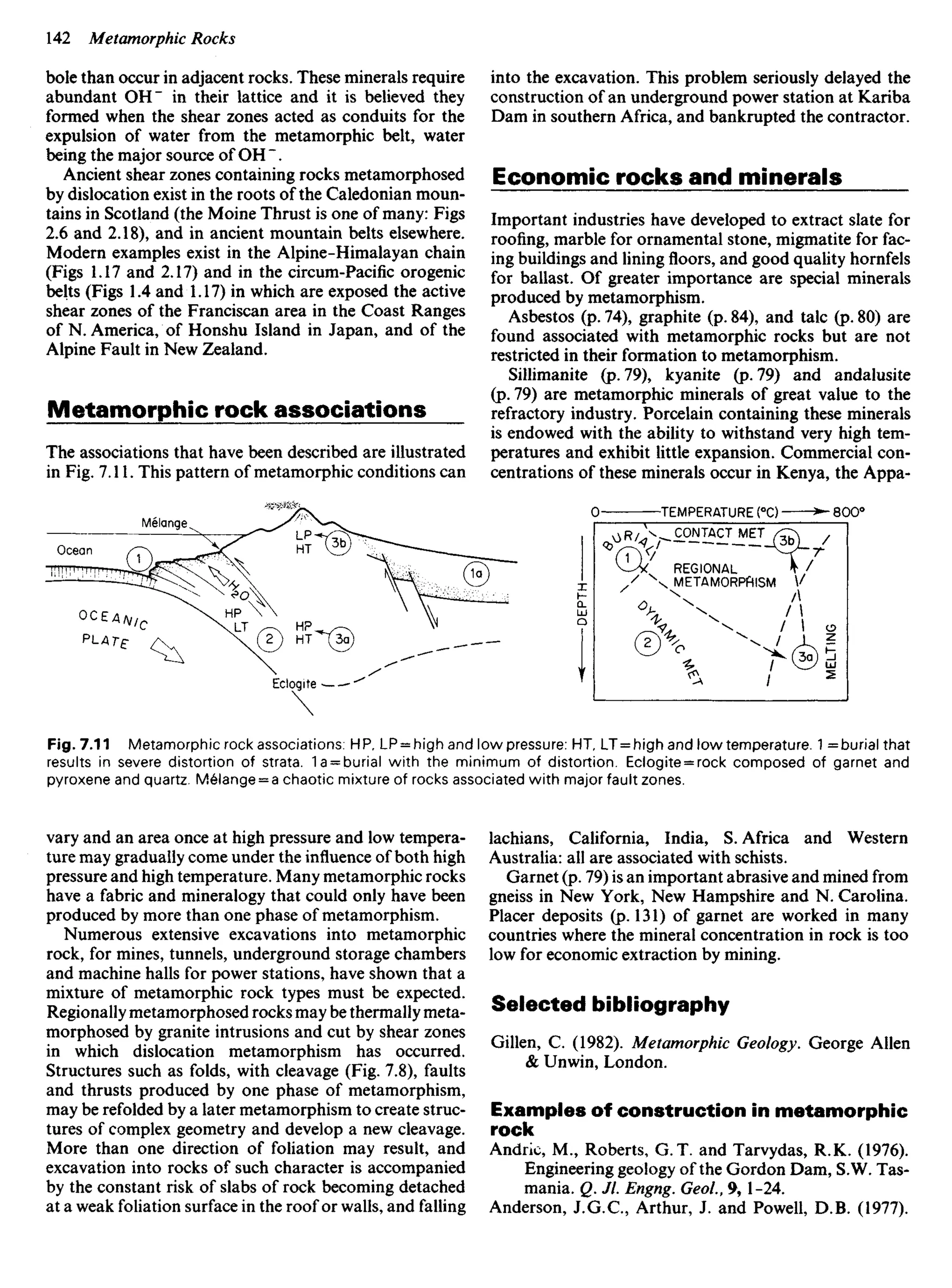 bole than occur in adjacent rocks. These minerals require
abundant OH" in their lattice and it is believed they
formed when the shear zones acted as conduits for the
expulsion of water from the metamorphic belt, water
being the major source of OH ".
Ancient shear zones containing rocks metamorphosed
by dislocation exist in the roots of the Caledonian moun-
tains in Scotland (the Moine Thrust is one of many: Figs
2.6 and 2.18), and in ancient mountain belts elsewhere.
Modern examples exist in the Alpine-Himalayan chain
(Figs 1.17 and 2.17) and in the circum-Pacific orogenic
belts (Figs 1.4 and 1.17) in which are exposed the active
shear zones of the Franciscan area in the Coast Ranges
of N. America, of Honshu Island in Japan, and of the
Alpine Fault in New Zealand.
Metamorphic rock associations
The associations that have been described are illustrated
in Fig. 7.11. This pattern of metamorphic conditions can
into the excavation. This problem seriously delayed the
construction of an underground power station at Kariba
Dam in southern Africa, and bankrupted the contractor.
Economic rocks and minerals
Important industries have developed to extract slate for
roofing, marble for ornamental stone, migmatite for fac-
ing buildings and lining floors, and good quality hornfels
for ballast. Of greater importance are special minerals
produced by metamorphism.
Asbestos (p. 74), graphite (p. 84), and talc (p. 80) are
found associated with metamorphic rocks but are not
restricted in their formation to metamorphism.
Sillimanite (p. 79), kyanite (p. 79) and andalusite
(p. 79) are metamorphic minerals of great value to the
refractory industry. Porcelain containing these minerals
is endowed with the ability to withstand very high tem-
peratures and exhibit little expansion. Commercial con-
centrations of these minerals occur in Kenya, the Appa-
TEMPERATURE(°C)
CONTACT MET
REGIONAL
METAMORPfIISM
Melange
Ocean
OCE//V/c
PLAT?
Fig. 7.11 Metamorphic rock associations: HP, LP = high and low pressure: HT, LT = high and low temperature. 1 = burial that
results in severe distortion of strata. Ia = burial with the minimum of distortion. Eclogite = rock composed of garnet and
pyroxene and quartz. Melange = a chaotic mixture of rocks associated with major fault zones.
vary and an area once at high pressure and low tempera-
ture may gradually come under the influence of both high
pressure and high temperature. Many metamorphic rocks
have a fabric and mineralogy that could only have been
produced by more than one phase of metamorphism.
Numerous extensive excavations into metamorphic
rock, for mines, tunnels, underground storage chambers
and machine halls for power stations, have shown that a
mixture of metamorphic rock types must be expected.
Regionally metamorphosed rocks may be thermally meta-
morphosed by granite intrusions and cut by shear zones
in which dislocation metamorphism has occurred.
Structures such as folds, with cleavage (Fig. 7.8), faults
and thrusts produced by one phase of metamorphism,
may be refolded by a later metamorphism to create struc-
tures of complex geometry and develop a new cleavage.
More than one direction of foliation may result, and
excavation into rocks of such character is accompanied
by the constant risk of slabs of rock becoming detached
at a weak foliation surface in the roof or walls, and falling
lachians, California, India, S. Africa and Western
Australia: all are associated with schists.
Garnet (p. 79) is an important abrasive and mined from
gneiss in New York, New Hampshire and N. Carolina.
Placer deposits (p. 131) of garnet are worked in many
countries where the mineral concentration in rock is too
low for economic extraction by mining.
Selected bibliography
Gillen, C. (1982). Metamorphic Geology. George Allen
& Unwin, London.
Examples of construction in metamorphic
rock
Andric, M., Roberts, G.T. and Tarvydas, R.K. (1976).
Engineering geology of the Gordon Dam, S.W. Tas-
mania. Q. Jl Engng. GeoL, 9, 1-24.
Anderson, J.G.C., Arthur, J. and Powell, D.B. (1977).
 