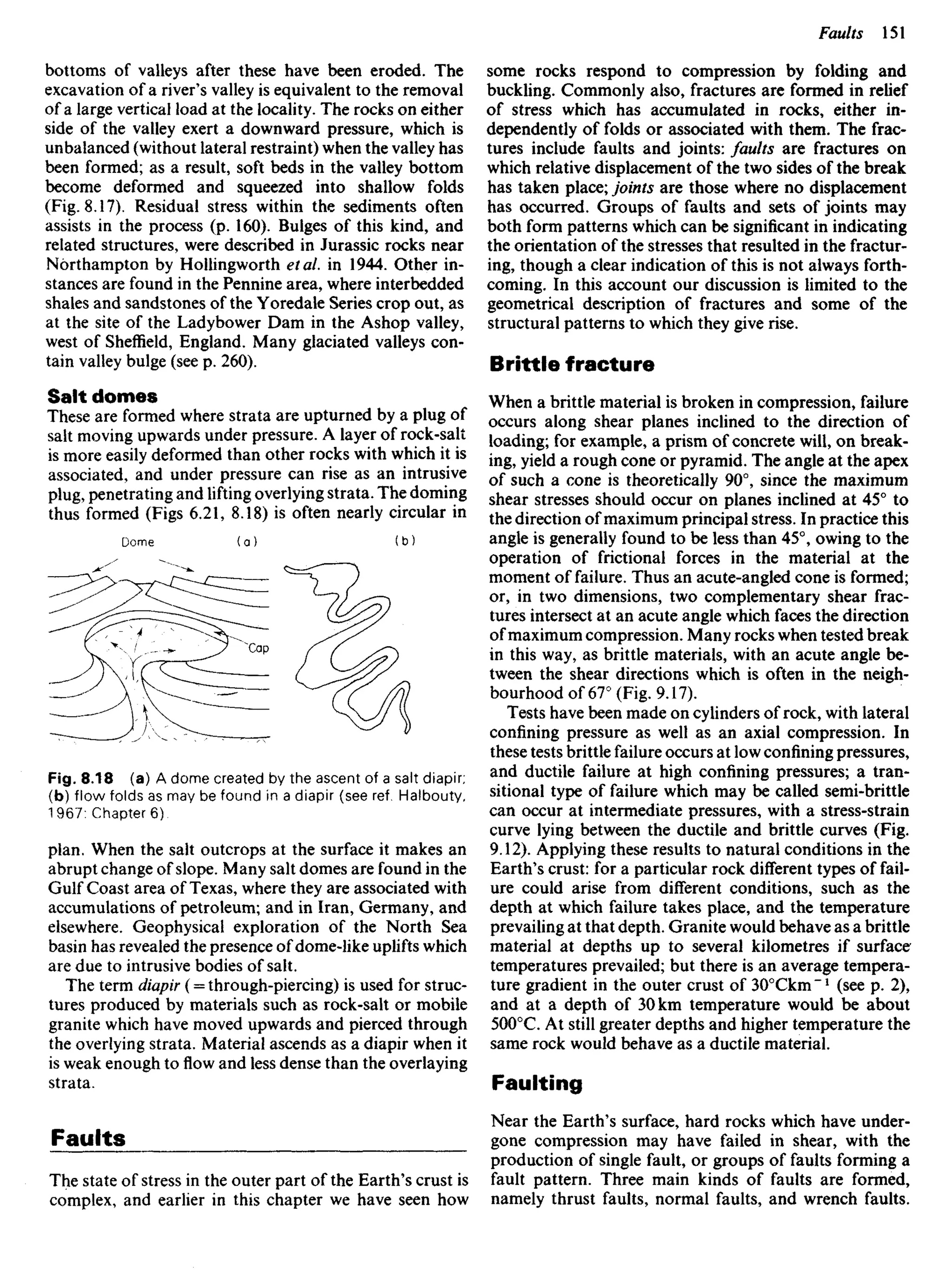 bottoms of valleys after these have been eroded. The
excavation of a river's valley is equivalent to the removal
of a large vertical load at the locality. The rocks on either
side of the valley exert a downward pressure, which is
unbalanced (without lateral restraint) when the valley has
been formed; as a result, soft beds in the valley bottom
become deformed and squeezed into shallow folds
(Fig. 8.17). Residual stress within the sediments often
assists in the process (p. 160). Bulges of this kind, and
related structures, were described in Jurassic rocks near
Northampton by Hollingworth etal. in 1944. Other in-
stances are found in the Pennine area, where interbedded
shales and sandstones of the Yoredale Series crop out, as
at the site of the Ladybower Dam in the Ashop valley,
west of Sheffield, England. Many glaciated valleys con-
tain valley bulge (see p. 260).
Salt domes
These are formed where strata are upturned by a plug of
salt moving upwards under pressure. A layer of rock-salt
is more easily deformed than other rocks with which it is
associated, and under pressure can rise as an intrusive
plug, penetrating and lifting overlying strata. The doming
thus formed (Figs 6.21, 8.18) is often nearly circular in
some rocks respond to compression by folding and
buckling. Commonly also, fractures are formed in relief
of stress which has accumulated in rocks, either in-
dependently of folds or associated with them. The frac-
tures include faults and joints: faults are fractures on
which relative displacement of the two sides of the break
has taken place; joints are those where no displacement
has occurred. Groups of faults and sets of joints may
both form patterns which can be significant in indicating
the orientation of the stresses that resulted in the fractur-
ing, though a clear indication of this is not always forth-
coming. In this account our discussion is limited to the
geometrical description of fractures and some of the
structural patterns to which they give rise.
Brittle fracture
When a brittle material is broken in compression, failure
occurs along shear planes inclined to the direction of
loading; for example, a prism of concrete will, on break-
ing, yield a rough cone or pyramid. The angle at the apex
of such a cone is theoretically 90°, since the maximum
shear stresses should occur on planes inclined at 45° to
the direction of maximum principal stress. In practice this
angle is generally found to be less than 45°, owing to the
operation of frictional forces in the material at the
moment of failure. Thus an acute-angled cone is formed;
or, in two dimensions, two complementary shear frac-
tures intersect at an acute angle which faces the direction
ofmaximum compression. Many rocks when tested break
in this way, as brittle materials, with an acute angle be-
tween the shear directions which is often in the neigh-
bourhood of 67° (Fig. 9.17).
Tests have been made on cylinders of rock, with lateral
confining pressure as well as an axial compression. In
these tests brittle failure occurs at low confining pressures,
and ductile failure at high confining pressures; a tran-
sitional type of failure which may be called semi-brittle
can occur at intermediate pressures, with a stress-strain
curve lying between the ductile and brittle curves (Fig.
9.12). Applying these results to natural conditions in the
Earth's crust: for a particular rock different types of fail-
ure could arise from different conditions, such as the
depth at which failure takes place, and the temperature
prevailing at that depth. Granite would behave as a brittle
material at depths up to several kilometres if surface
temperatures prevailed; but there is an average tempera-
ture gradient in the outer crust of 30°Ckm~1
(see p. 2),
and at a depth of 30 km temperature would be about
5000
C. At still greater depths and higher temperature the
same rock would behave as a ductile material.
Faulting
Near the Earth's surface, hard rocks which have under-
gone compression may have failed in shear, with the
production of single fault, or groups of faults forming a
fault pattern. Three main kinds of faults are formed,
namely thrust faults, normal faults, and wrench faults.
Fig. 8.18 (a) A dome created by the ascent of a salt diapir;
(b) flow folds as may be found in a diapir (see ref. Halbouty,
1967: Chapter 6)
plan. When the salt outcrops at the surface it makes an
abrupt change of slope. Many salt domes are found in the
Gulf Coast area of Texas, where they are associated with
accumulations of petroleum; and in Iran, Germany, and
elsewhere. Geophysical exploration of the North Sea
basin has revealed the presence of dome-like uplifts which
are due to intrusive bodies of salt.
The term diapir (= through-piercing) is used for struc-
tures produced by materials such as rock-salt or mobile
granite which have moved upwards and pierced through
the overlying strata. Material ascends as a diapir when it
is weak enough toflowand less dense than the overlaying
strata.
Faults
The state of stress in the outer part of the Earth's crust is
complex, and earlier in this chapter we have seen how
 