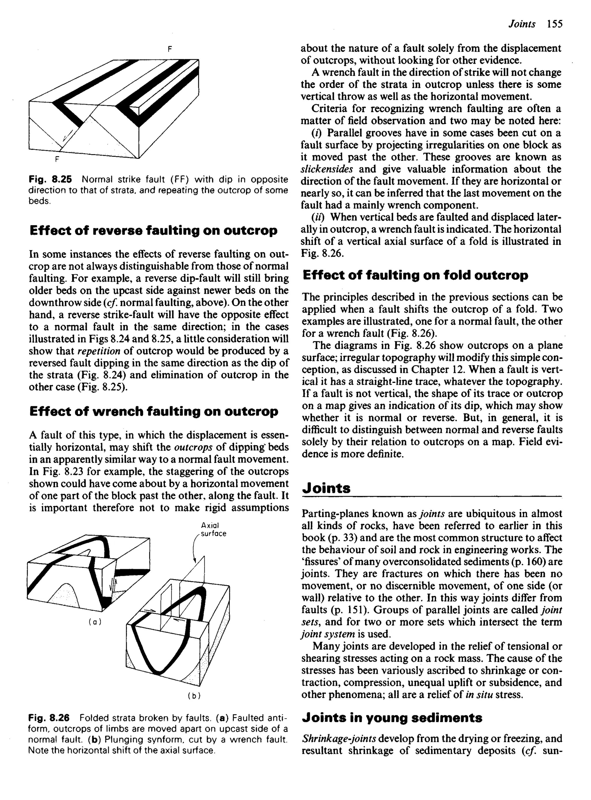Fig. 8.25 Normal strike fault (FF) with dip in opposite
direction to that of strata, and repeating the outcrop of some
beds.
Effect of reverse faulting on outcrop
In some instances the effects of reverse faulting on out-
crop are not always distinguishable from those of normal
faulting. For example, a reverse dip-fault will still bring
older beds on the upcast side against newer beds on the
downthrow side (cf. normal faulting, above). On the other
hand, a reverse strike-fault will have the opposite effect
to a normal fault in the same direction; in the cases
illustrated in Figs 8.24 and 8.25, a little consideration will
show that repetition of outcrop would be produced by a
reversed fault dipping in the same direction as the dip of
the strata (Fig. 8.24) and elimination of outcrop in the
other case (Fig. 8.25).
Effect of wrench faulting on outcrop
A fault of this type, in which the displacement is essen-
tially horizontal, may shift the outcrops of dipping* beds
in an apparently similar way to a normal fault movement.
In Fig. 8.23 for example, the staggering of the outcrops
shown could have come about by a horizontal movement
of one part of the block past the other, along the fault. It
is important therefore not to make rigid assumptions
about the nature of a fault solely from the displacement
of outcrops, without looking for other evidence.
A wrench fault in the direction of strike will not change
the order of the strata in outcrop unless there is some
vertical throw as well as the horizontal movement.
Criteria for recognizing wrench faulting are often a
matter of field observation and two may be noted here:
(0 Parallel grooves have in some cases been cut on a
fault surface by projecting irregularities on one block as
it moved past the other. These grooves are known as
slickensides and give valuable information about the
direction of the fault movement. If they are horizontal or
nearly so, it can be inferred that the last movement on the
fault had a mainly wrench component.
(I'O When vertical beds are faulted and displaced later-
ally in outcrop, a wrench fault is indicated. The horizontal
shift of a vertical axial surface of a fold is illustrated in
Fig. 8.26.
Effect of faulting on fold outcrop
The principles described in the previous sections can be
applied when a fault shifts the outcrop of a fold. Two
examples are illustrated, one for a normal fault, the other
for a wrench fault (Fig. 8.26).
The diagrams in Fig. 8.26 show outcrops on a plane
surface; irregular topography will modify this simple con-
ception, as discussed in Chapter 12. When a fault is vert-
ical it has a straight-line trace, whatever the topography.
If a fault is not vertical, the shape of its trace or outcrop
on a map gives an indication of its dip, which may show
whether it is normal or reverse. But, in general, it is
difficult to distinguish between normal and reverse faults
solely by their relation to outcrops on a map. Field evi-
dence is more definite.
Joints
Parting-planes known as joints are ubiquitous in almost
all kinds of rocks, have been referred to earlier in this
book (p. 33) and are the most common structure to affect
the behaviour of soil and rock in engineering works. The
'fissures' of many overconsolidated sediments (p. 160) are
joints. They are fractures on which there has been no
movement, or no discernible movement, of one side (or
wall) relative to the other. In this way joints differ from
faults (p. 151). Groups of parallel joints are called joint
sets, and for two or more sets which intersect the term
joint system is used.
Many joints are developed in the relief of tensional or
shearing stresses acting on a rock mass. The cause of the
stresses has been variously ascribed to shrinkage or con-
traction, compression, unequal uplift or subsidence, and
other phenomena; all are a relief of in situ stress.
Joints in young sediments
Shrinkage-joints develop from the drying or freezing, and
resultant shrinkage of sedimentary deposits (cf. sun-
Axial
surface
Fig. 8.26 Folded strata broken by faults, (a) Faulted anti-
form, outcrops of limbs are moved apart on upcast side of a
normal fault, (b) Plunging synform. cut by a wrench fault.
Note the horizontal shift of the axial surface.
 