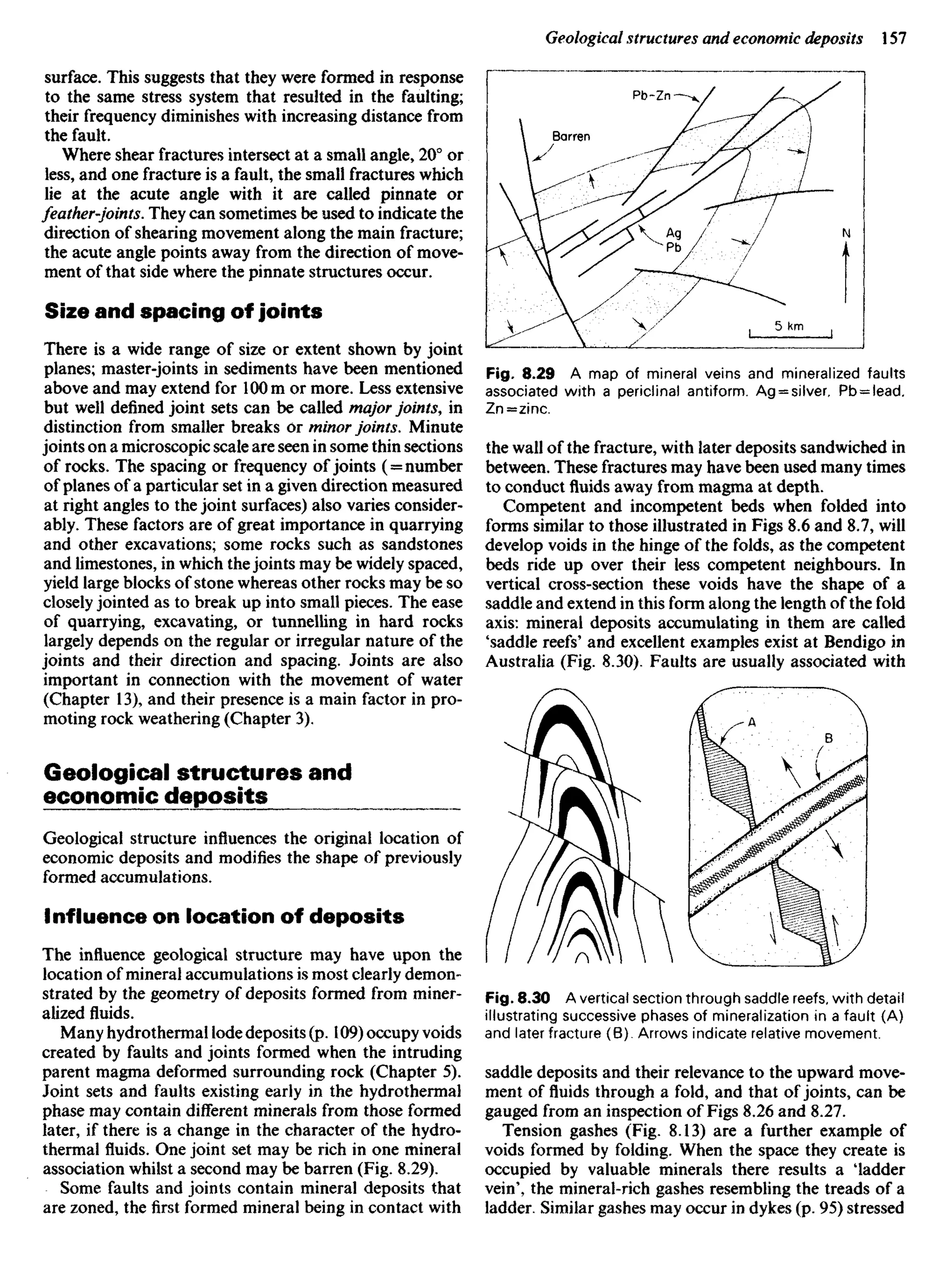surface. This suggests that they were formed in response
to the same stress system that resulted in the faulting;
their frequency diminishes with increasing distance from
the fault.
Where shear fractures intersect at a small angle, 20° or
less, and one fracture is a fault, the small fractures which
lie at the acute angle with it are called pinnate or
feather-joints. They can sometimes be used to indicate the
direction of shearing movement along the main fracture;
the acute angle points away from the direction of move-
ment of that side where the pinnate structures occur.
Size and spacing of joints
There is a wide range of size or extent shown by joint
planes; master-joints in sediments have been mentioned
above and may extend for 100 m or more. Less extensive
but well defined joint sets can be called major joints, in
distinction from smaller breaks or minor joints. Minute
joints on a microscopic scale are seen in some thin sections
of rocks. The spacing or frequency of joints (=number
of planes of a particular set in a given direction measured
at right angles to the joint surfaces) also varies consider-
ably. These factors are of great importance in quarrying
and other excavations; some rocks such as sandstones
and limestones, in which the joints may be widely spaced,
yield large blocks of stone whereas other rocks may be so
closely jointed as to break up into small pieces. The ease
of quarrying, excavating, or tunnelling in hard rocks
largely depends on the regular or irregular nature of the
joints and their direction and spacing. Joints are also
important in connection with the movement of water
(Chapter 13), and their presence is a main factor in pro-
moting rock weathering (Chapter 3).
Geological structures and
economic deposits
Geological structure influences the original location of
economic deposits and modifies the shape of previously
formed accumulations.
Influence on location of deposits
The influence geological structure may have upon the
location of mineral accumulations is most clearly demon-
strated by the geometry of deposits formed from miner-
alized fluids.
Many hydrothermal lode deposits (p. 109) occupy voids
created by faults and joints formed when the intruding
parent magma deformed surrounding rock (Chapter 5).
Joint sets and faults existing early in the hydrothermal
phase may contain different minerals from those formed
later, if there is a change in the character of the hydro-
thermal fluids. One joint set may be rich in one mineral
association whilst a second may be barren (Fig. 8.29).
Some faults and joints contain mineral deposits that
are zoned, the first formed mineral being in contact with
Fig. 8.29 A map of mineral veins and mineralized faults
associated with a periclinal antiform. Ag = silver, Pb = lead.
Zn=zinc.
the wall of the fracture, with later deposits sandwiched in
between. These fractures may have been used many times
to conduct fluids away from magma at depth.
Competent and incompetent beds when folded into
forms similar to those illustrated in Figs 8.6 and 8.7, will
develop voids in the hinge of the folds, as the competent
beds ride up over their less competent neighbours. In
vertical cross-section these voids have the shape of a
saddle and extend in this form along the length of the fold
axis: mineral deposits accumulating in them are called
'saddle reefs' and excellent examples exist at Bendigo in
Australia (Fig. 8.30). Faults are usually associated with
Barren
Fig. 8.30 A vertical section through saddle reefs, with detail
illustrating successive phases of mineralization in a fault (A)
and later fracture (B). Arrows indicate relative movement.
saddle deposits and their relevance to the upward move-
ment of fluids through a fold, and that of joints, can be
gauged from an inspection of Figs 8.26 and 8.27.
Tension gashes (Fig. 8,13) are a further example of
voids formed by folding. When the space they create is
occupied by valuable minerals there results a 'ladder
vein', the mineral-rich gashes resembling the treads of a
ladder. Similar gashes may occur in dykes (p. 95) stressed
 