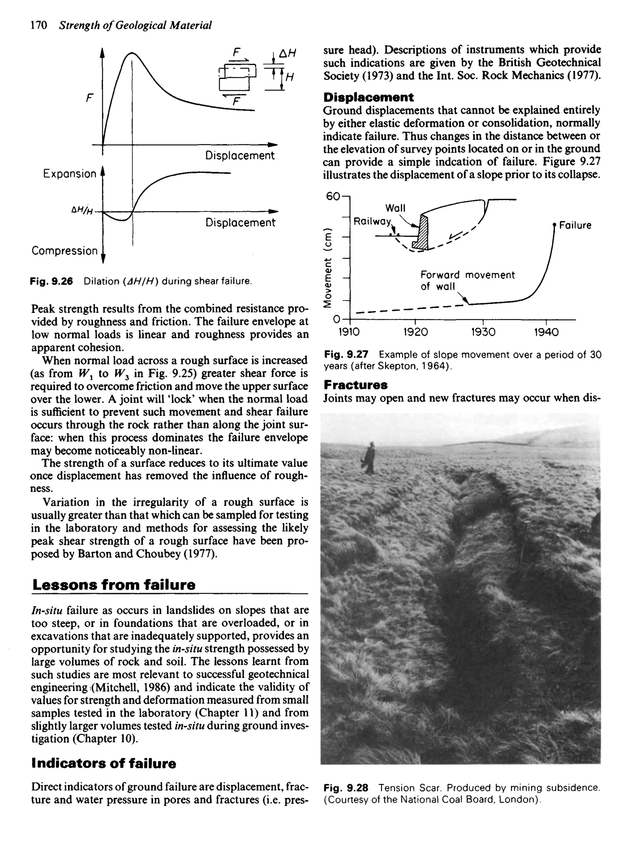 Displacement
Expansion
Displacement
Compression
sure head). Descriptions of instruments which provide
such indications are given by the British Geotechnical
Society (1973) and the Int. Soc. Rock Mechanics (1977).
Displacement
Ground displacements that cannot be explained entirely
by either elastic deformation or consolidation, normally
indicate failure. Thus changes in the distance between or
the elevation of survey points located on or in the ground
can provide a simple indcation of failure. Figure 9.27
illustrates the displacement of a slope prior to its collapse.
Movement
(cm)
Wall
Railway Failure
Forward movement
of wall
Fig. 9.26 Dilation {AH/H) during shear failure.
Peak strength results from the combined resistance pro-
vided by roughness and friction. The failure envelope at
low normal loads is linear and roughness provides an
apparent cohesion.
When normal load across a rough surface is increased
(as from W1 to Wz in Fig. 9.25) greater shear force is
required to overcome friction and move the upper surface
over the lower. A joint will 'lock' when the normal load
is sufficient to prevent such movement and shear failure
occurs through the rock rather than along the joint sur-
face: when this process dominates the failure envelope
may become noticeably non-linear.
The strength of a surface reduces to its ultimate value
once displacement has removed the influence of rough-
ness.
Variation in the irregularity of a rough surface is
usually greater than that which can be sampled for testing
in the laboratory and methods for assessing the likely
peak shear strength of a rough surface have been pro-
posed by Barton and Choubey (1977).
Lessons from failure
In-situ failure as occurs in landslides on slopes that are
too steep, or in foundations that are overloaded, or in
excavations that are inadequately supported, provides an
opportunity for studying the in-situ strength possessed by
large volumes of rock and soil. The lessons learnt from
such studies are most relevant to successful geotechnical
engineering (Mitchell, 1986) and indicate the validity of
values for strength and deformation measured from small
samples tested in the laboratory (Chapter 11) and from
slightly larger volumes tested in-situ during ground inves-
tigation (Chapter 10).
Indicators of failure
Direct indicators of ground failure are displacement, frac-
ture and water pressure in pores and fractures (i.e. pres-
Fig. 9.27 Example of slope movement over a period of 30
years (after Skepton, 1964).
Fractures
Joints may open and new fractures may occur when dis-
Fig. 9.28 Tension Scar. Produced by mining subsidence.
(Courtesy of the National Coal Board, London).
 