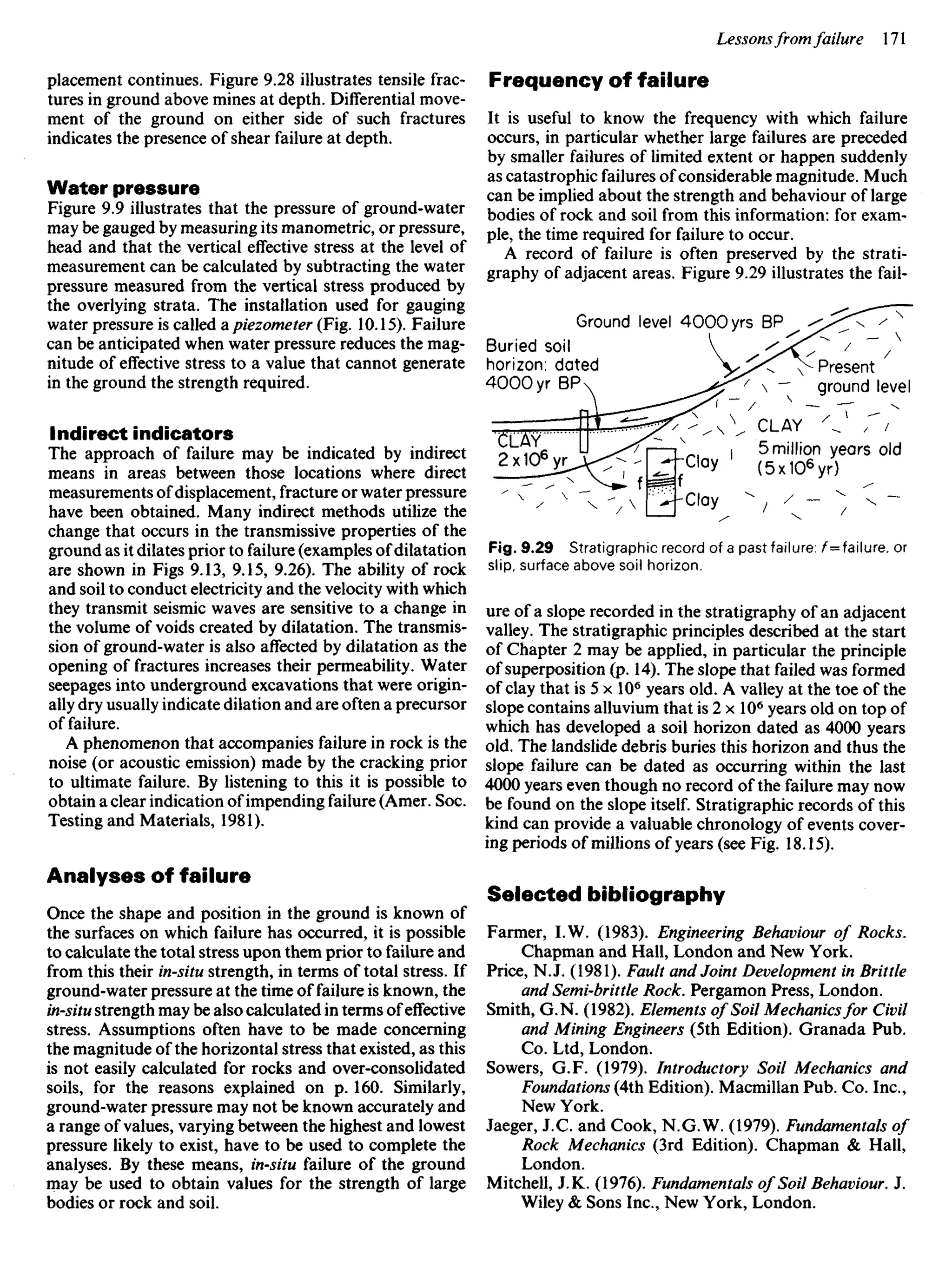 placement continues. Figure 9.28 illustrates tensile frac-
tures in ground above mines at depth. Differential move-
ment of the ground on either side of such fractures
indicates the presence of shear failure at depth.
Water pressure
Figure 9.9 illustrates that the pressure of ground-water
may be gauged by measuring its manometric, or pressure,
head and that the vertical effective stress at the level of
measurement can be calculated by subtracting the water
pressure measured from the vertical stress produced by
the overlying strata. The installation used for gauging
water pressure is called & piezometer (Fig. 10.15). Failure
can be anticipated when water pressure reduces the mag-
nitude of effective stress to a value that cannot generate
in the ground the strength required.
Indirect indicators
The approach of failure may be indicated by indirect
means in areas between those locations where direct
measurements of displacement, fracture or water pressure
have been obtained. Many indirect methods utilize the
change that occurs in the transmissive properties of the
ground as it dilates prior to failure (examples of dilatation
are shown in Figs 9.13, 9.15, 9.26). The ability of rock
and soil to conduct electricity and the velocity with which
they transmit seismic waves are sensitive to a change in
the volume of voids created by dilatation. The transmis-
sion of ground-water is also affected by dilatation as the
opening of fractures increases their permeability. Water
seepages into underground excavations that were origin-
ally dry usually indicate dilation and are often a precursor
of failure.
A phenomenon that accompanies failure in rock is the
noise (or acoustic emission) made by the cracking prior
to ultimate failure. By listening to this it is possible to
obtain a clear indication of impending failure (Amer. Soc.
Testing and Materials, 1981).
Analyses of failure
Once the shape and position in the ground is known of
the surfaces on which failure has occurred, it is possible
to calculate the total stress upon them prior to failure and
from this their in-situ strength, in terms of total stress. If
ground-water pressure at the time of failure is known, the
in-situ strength may be also calculated in terms of effective
stress. Assumptions often have to be made concerning
the magnitude of the horizontal stress that existed, as this
is not easily calculated for rocks and over-consolidated
soils, for the reasons explained on p. 160. Similarly,
ground-water pressure may not be known accurately and
a range of values, varying between the highest and lowest
pressure likely to exist, have to be used to complete the
analyses. By these means, in-situ failure of the ground
may be used to obtain values for the strength of large
bodies or rock and soil.
Frequency of failure
It is useful to know the frequency with which failure
occurs, in particular whether large failures are preceded
by smaller failures of limited extent or happen suddenly
as catastrophic failures of considerable magnitude. Much
can be implied about the strength and behaviour of large
bodies of rock and soil from this information: for exam-
ple, the time required for failure to occur.
A record of failure is often preserved by the strati-
graphy of adjacent areas. Figure 9.29 illustrates the fail-
Ground level 4000 yrs BP
Buried soil
horizon: dated
4000 yr BP
Present
ground level
CLAY
5 million years old
(5x106
yr)
Clay
Clay
Fig. 9.29 Stratigraphic record of a past failure: /~=failure, or
slip, surface above soil horizon.
ure of a slope recorded in the stratigraphy of an adjacent
valley. The stratigraphic principles described at the start
of Chapter 2 may be applied, in particular the principle
of superposition (p. 14). The slope that failed was formed
of clay that is 5 x 106
years old. A valley at the toe of the
slope contains alluvium that is 2 x 106
years old on top of
which has developed a soil horizon dated as 4000 years
old. The landslide debris buries this horizon and thus the
slope failure can be dated as occurring within the last
4000 years even though no record of the failure may now
be found on the slope itself. Stratigraphic records of this
kind can provide a valuable chronology of events cover-
ing periods of millions of years (see Fig. 18.15).
Selected bibliography
Farmer, LW. (1983). Engineering Behaviour of Rocks.
Chapman and Hall, London and New York.
Price, NJ. (1981). Fault and Joint Development in Brittle
and Semi-brittle Rock. Pergamon Press, London.
Smith, G.N. (1982). Elements of Soil Mechanicsfor Civil
and Mining Engineers (5th Edition). Granada Pub.
Co. Ltd, London.
Sowers, G. F. (1979). Introductory Soil Mechanics and
Foundations (4th Edition). Macmillan Pub. Co. Inc.,
New York.
Jaeger, J.C. and Cook, N.G.W. (1979). Fundamentals of
Rock Mechanics (3rd Edition). Chapman & Hall,
London.
Mitchell, J.K. (1976). Fundamentals of Soil Behaviour. J.
Wiley & Sons Inc., New York, London.
 