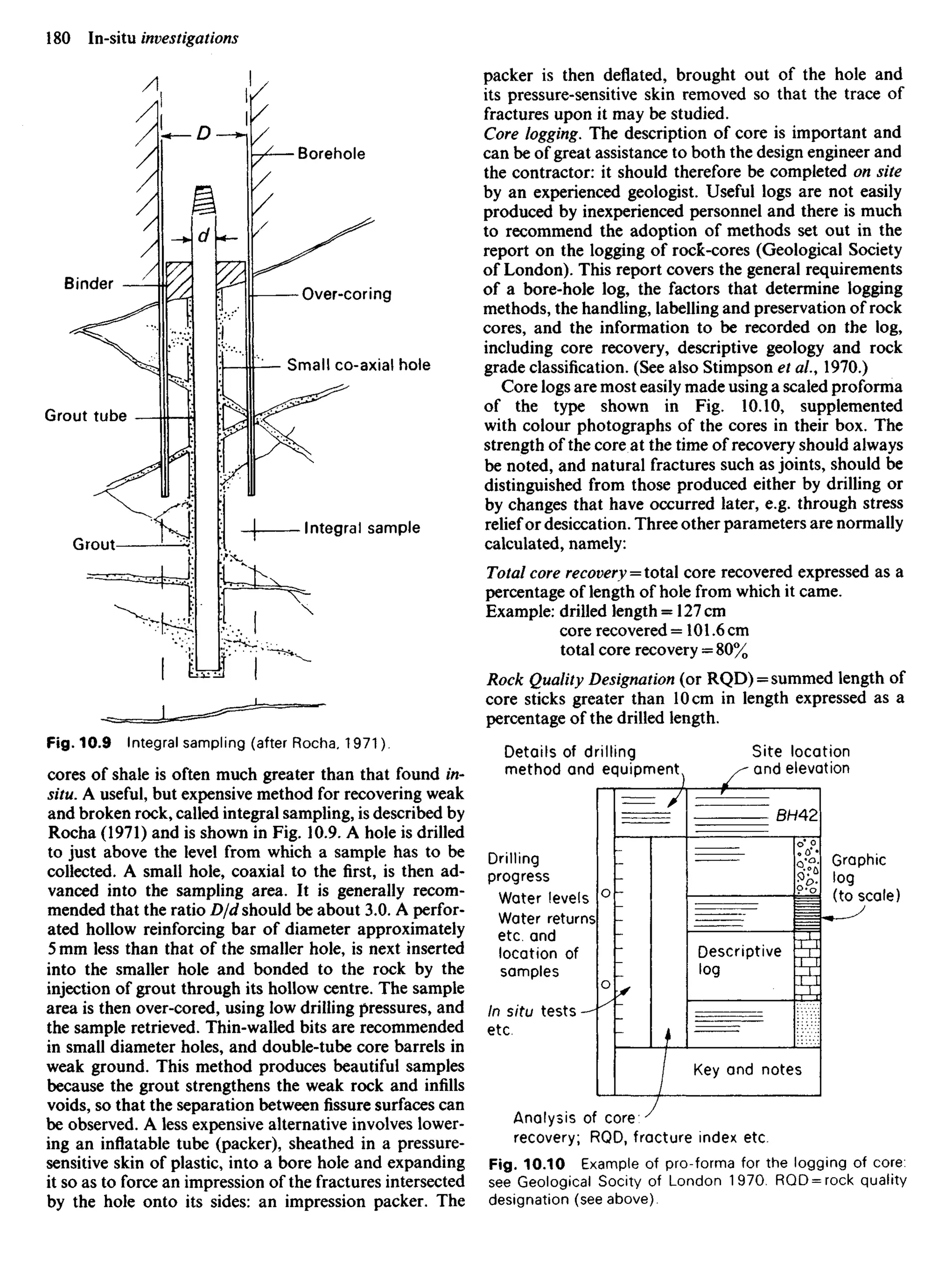Borehole
Binder
Over-coring
Small co-axial hole
Grout tube
Grout
Integral sample
packer is then deflated, brought out of the hole and
its pressure-sensitive skin removed so that the trace of
fractures upon it may be studied.
Core logging. The description of core is important and
can be of great assistance to both the design engineer and
the contractor: it should therefore be completed on site
by an experienced geologist. Useful logs are not easily
produced by inexperienced personnel and there is much
to recommend the adoption of methods set out in the
report on the logging of rock-cores (Geological Society
of London). This report covers the general requirements
of a bore-hole log, the factors that determine logging
methods, the handling, labelling and preservation of rock
cores, and the information to be recorded on the log,
including core recovery, descriptive geology and rock
grade classification. (See also Stimpson et al.9 1970.)
Core logs are most easily made using a scaled proforma
of the type shown in Fig. 10.10, supplemented
with colour photographs of the cores in their box. The
strength of the core at the time of recovery should always
be noted, and natural fractures such as joints, should be
distinguished from those produced either by drilling or
by changes that have occurred later, e.g. through stress
relief or desiccation. Three other parameters are normally
calculated, namely:
Total core recovery = total core recovered expressed as a
percentage of length of hole from which it came.
Example: drilled length = 127 cm
core recovered = 101.6 cm
total core recovery = 80%
Rock Quality Designation (or RQD) = summed length of
core sticks greater than 10 cm in length expressed as a
percentage of the drilled length.
Fig. 10.9 Integral sampling (after Rocha. 1971).
cores of shale is often much greater than that found in-
situ. A useful, but expensive method for recovering weak
and broken rock, called integral sampling, is described by
Rocha (1971) and is shown in Fig. 10.9. A hole is drilled
to just above the level from which a sample has to be
collected. A small hole, coaxial to the first, is then ad-
vanced into the sampling area. It is generally recom-
mended that the ratio Did should be about 3.0. A perfor-
ated hollow reinforcing bar of diameter approximately
5 mm less than that of the smaller hole, is next inserted
into the smaller hole and bonded to the rock by the
injection of grout through its hollow centre. The sample
area is then over-cored, using low drilling pressures, and
the sample retrieved. Thin-walled bits are recommended
in small diameter holes, and double-tube core barrels in
weak ground. This method produces beautiful samples
because the grout strengthens the weak rock and infills
voids, so that the separation between fissure surfaces can
be observed. A less expensive alternative involves lower-
ing an inflatable tube (packer), sheathed in a pressure-
sensitive skin of plastic, into a bore hole and expanding
it so as to force an impression of the fractures intersected
by the hole onto its sides: an impression packer. The
Details of drilling
method and equipment,
Site location
and elevation
Drilling
progress
Water levels
Water returns
etc. and
location of
samples
In situ tests -
etc.
Graphic
log
(to scale)
Analysis of core:'
recovery; RQD, fracture index etc.
Fig. 10.10 Example of pro-forma for the logging of core:
see Geological Socity of London 1970. RQD = rock quality
designation (see above).
BH42
Descriptive
log
Key and notes
 