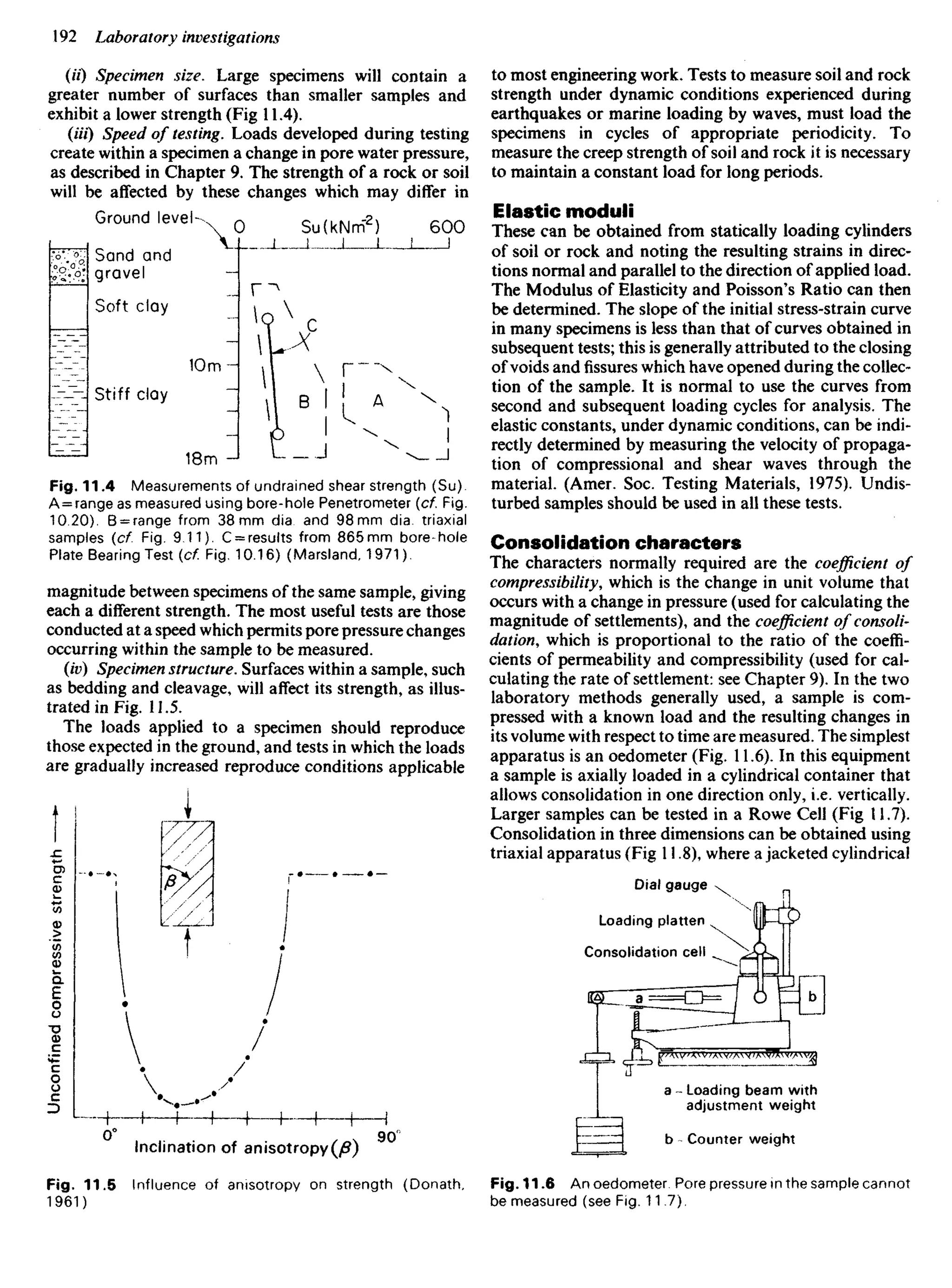 (i"0 Specimen size. Large specimens will contain a
greater number of surfaces than smaller samples and
exhibit a lower strength (Fig 11.4).
(«0 Speed of testing. Loads developed during testing
create within a specimen a change in pore water pressure,
as described in Chapter 9. The strength of a rock or soil
will be affected by these changes which may differ in
Ground level
Sand and
gravel
Soft clay
Stiff clay
Fig. 11.4 Measurements of undrained shear strength (Su).
A = range as measured using bore-hole Penetrometer (cf. Fig.
10.20). B = range from 38 mm dia and 98 mm dia. triaxial
samples (cf. Fig. 9.11). C = results from 865mm bore-hole
Plate Bearing Test (cf. Fig. 10.16) (Marsland, 1971).
magnitude between specimens of the same sample, giving
each a different strength. The most useful tests are those
conducted at a speed which permits pore pressure changes
occurring within the sample to be measured.
(iv) Specimen structure. Surfaces within a sample, such
as bedding and cleavage, will affect its strength, as illus-
trated in Fig. 11.5.
The loads applied to a specimen should reproduce
those expected in the ground, and tests in which the loads
are gradually increased reproduce conditions applicable
to most engineering work. Tests to measure soil and rock
strength under dynamic conditions experienced during
earthquakes or marine loading by waves, must load the
specimens in cycles of appropriate periodicity. To
measure the creep strength of soil and rock it is necessary
to maintain a constant load for long periods.
Elastic moduli
These can be obtained from statically loading cylinders
of soil or rock and noting the resulting strains in direc-
tions normal and parallel to the direction of applied load.
The Modulus of Elasticity and Poisson's Ratio can then
be determined. The slope of the initial stress-strain curve
in many specimens is less than that of curves obtained in
subsequent tests; this is generally attributed to the closing
of voids andfissureswhich have opened during the collec-
tion of the sample. It is normal to use the curves from
second and subsequent loading cycles for analysis. The
elastic constants, under dynamic conditions, can be indi-
rectly determined by measuring the velocity of propaga-
tion of compressional and shear waves through the
material. (Amer. Soc. Testing Materials, 1975). Undis-
turbed samples should be used in all these tests.
Consolidation characters
The characters normally required are the coefficient of
compressibility, which is the change in unit volume that
occurs with a change in pressure (used for calculating the
magnitude of settlements), and the coefficient of consoli-
dation, which is proportional to the ratio of the coeffi-
cients of permeability and compressibility (used for cal-
culating the rate of settlement: see Chapter 9). In the two
laboratory methods generally used, a sample is com-
pressed with a known load and the resulting changes in
its volume with respect to time are measured. The simplest
apparatus is an oedometer (Fig. 11.6). In this equipment
a sample is axially loaded in a cylindrical container that
allows consolidation in one direction only, i.e. vertically.
Larger samples can be tested in a Rowe Cell (Fig 11.7).
Consolidation in three dimensions can be obtained using
triaxial apparatus (Fig 11.8), where a jacketed cylindrical
Unconfined
compressive
strength
Dial gauge
Loading platten
Consolidation ceil
Inclination of anisotropy(^)
Loading beam with
adjustment weight
Counter weight
Fig. 11.5 Influence of amsotropy on strength (Donath,
1961)
Fig. 11.6 An oedometer Pore pressure in the sample cannot
be measured (see Fig. 11.7),
 