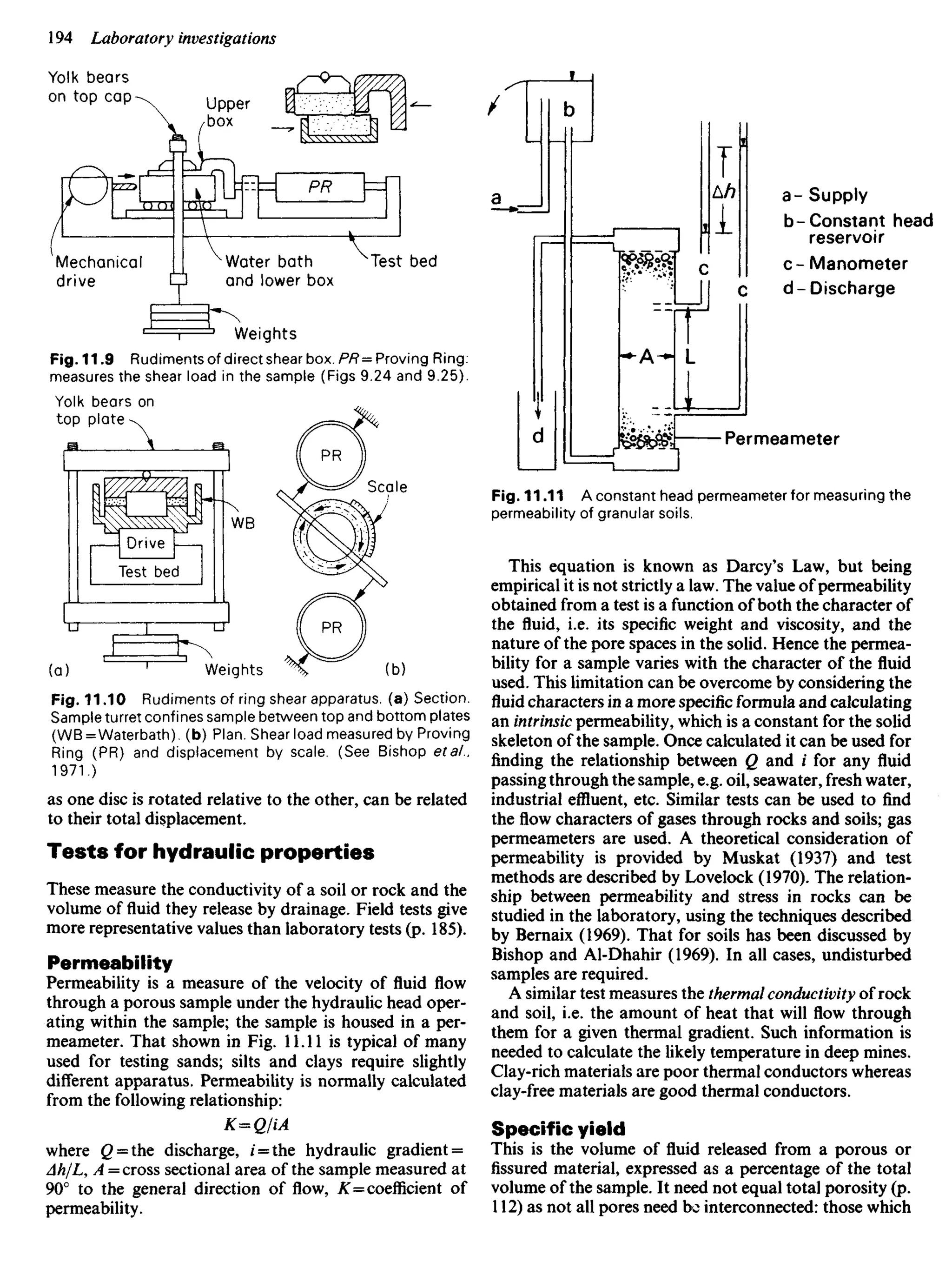 Yolk bears
on top cap Upper
box
Mechanical
drive
Water bath
and lower box
Test bed
Weights
Fig. 11.9 Rudiments of direct shear box. PR = Proving Ring:
measures the shear load in the sample (Figs 9.24 and 9.25).
Yolk bears on
top plate
a- Supply
b-Constant head
reservoir
c- Manometer
d-Discharge
Permeameter
Drive
Test bed
Scale
Fig. 11.11 A constant head permeameter for measuring the
permeability of granular soils.
This equation is known as Darcy's Law, but being
empirical it is not strictly a law. The value of permeability
obtained from a test is a function of both the character of
the fluid, i.e. its specific weight and viscosity, and the
nature of the pore spaces in the solid. Hence the permea-
bility for a sample varies with the character of the fluid
used. This limitation can be overcome by considering the
fluid characters in a more specific formula and calculating
an intrinsic permeability, which is a constant for the solid
skeleton of the sample. Once calculated it can be used for
finding the relationship between Q and i for any fluid
passing through the sample, e.g. oil, seawater, fresh water,
industrial effluent, etc. Similar tests can be used to find
the flow characters of gases through rocks and soils; gas
permeameters are used. A theoretical consideration of
permeability is provided by Muskat (1937) and test
methods are described by Lovelock (1970). The relation-
ship between permeability and stress in rocks can be
studied in the laboratory, using the techniques described
by Bernaix (1969). That for soils has been discussed by
Bishop and Al-Dhahir (1969). In all cases, undisturbed
samples are required.
A similar test measures the thermal conductivity of rock
and soil, i.e. the amount of heat that will flow through
them for a given thermal gradient. Such information is
needed to calculate the likely temperature in deep mines.
Clay-rich materials are poor thermal conductors whereas
clay-free materials are good thermal conductors.
Specific yield
This is the volume of fluid released from a porous or
fissured material, expressed as a percentage of the total
volume of the sample. It need not equal total porosity (p.
112) as not all pores need be interconnected: those which
Weights
Fig. 11.10 Rudiments of ring shear apparatus, (a) Section.
Sample turret confines sample between top and bottom plates
(WB = Waterbath). (b) Plan. Shear load measured by Proving
Ring (PR) and displacement by scale. (See Bishop eta/.,
1971.)
as one disc is rotated relative to the other, can be related
to their total displacement.
Tests for hydraulic properties
These measure the conductivity of a soil or rock and the
volume of fluid they release by drainage. Field tests give
more representative values than laboratory tests (p. 185).
Permeability
Permeability is a measure of the velocity of fluid flow
through a porous sample under the hydraulic head oper-
ating within the sample; the sample is housed in a per-
meameter. That shown in Fig. 11.11 is typical of many
used for testing sands; silts and clays require slightly
different apparatus. Permeability is normally calculated
from the following relationship:
K= QIiA
where Q = the discharge, /=the hydraulic gradient =
Ah)1
L, A = cross sectional area of the sample measured at
90° to the general direction of flow, AT=coefficient of
permeability.
 