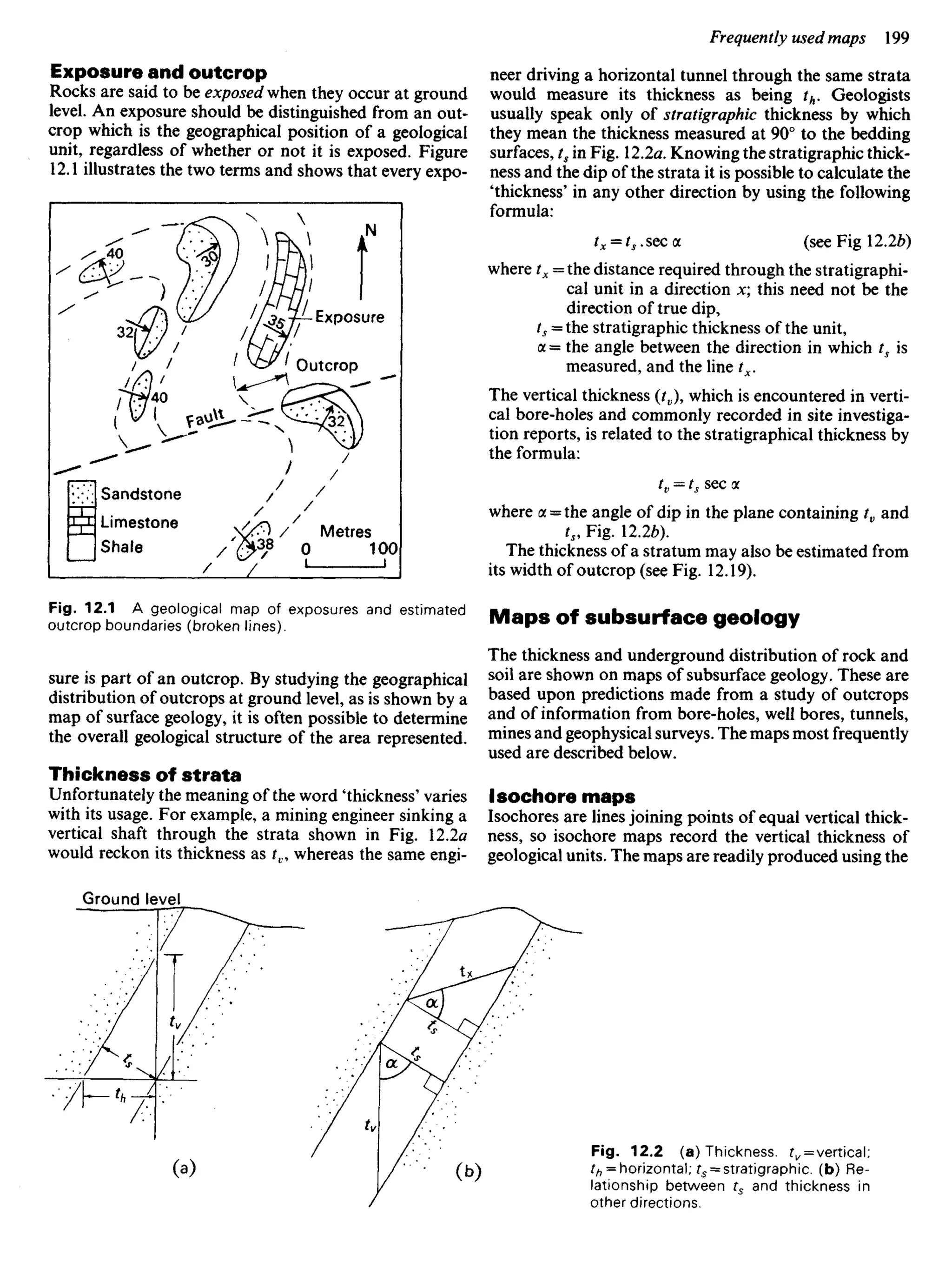 Exposure and outcrop
Rocks are said to be exposed when they occur at ground
level. An exposure should be distinguished from an out-
crop which is the geographical position of a geological
unit, regardless of whether or not it is exposed. Figure
12.1 illustrates the two terms and shows that every expo-
neer driving a horizontal tunnel through the same strata
would measure its thickness as being th. Geologists
usually speak only of stratigraphic thickness by which
they mean the thickness measured at 90° to the bedding
surfaces, /, in Fig. 12.2a. Knowing the stratigraphic thick-
ness and the dip of the strata it is possible to calculate the
'thickness' in any other direction by using the following
formula:
tx = ts. sec a (see Fig 12.26)
where tx — the distance required through the stratigraphi-
cal unit in a direction x; this need not be the
direction of true dip,
ts = the stratigraphic thickness of the unit,
a = the angle between the direction in which ts is
measured, and the line tx.
The vertical thickness (/„), which is encountered in verti-
cal bore-holes and commonly recorded in site investiga-
tion reports, is related to the stratigraphical thickness by
the formula:
tv = ts sec a
where a = the angle of dip in the plane containing tv and
r5, Fig. 12.26).
The thickness of a stratum may also be estimated from
its width of outcrop (see Fig. 12.19).
Maps of subsurface geology
The thickness and underground distribution of rock and
soil are shown on maps of subsurface geology. These are
based upon predictions made from a study of outcrops
and of information from bore-holes, well bores, tunnels,
mines and geophysical surveys. The maps most frequently
used are described below.
lsochore maps
Isochores are lines joining points of equal vertical thick-
ness, so isochore maps record the vertical thickness of
geological units. The maps are readily produced using the
Exposure
Sandstone
Limestone
Shale
Metres
Fig. 12.1 A geological map of exposures and estimated
outcrop boundaries (broken lines).
sure is part of an outcrop. By studying the geographical
distribution of outcrops at ground level, as is shown by a
map of surface geology, it is often possible to determine
the overall geological structure of the area represented.
Thickness of strata
Unfortunately the meaning of the word 'thickness' varies
with its usage. For example, a mining engineer sinking a
vertical shaft through the strata shown in Fig. 12.2a
would reckon its thickness as tv, whereas the same engi-
Ground level
Fig. 12.2 (a) Thickness, ^vertical;
th = horizontal; ?s = stratigraphic. (b) Re-
lationship between ts and thickness in
other directions.
 