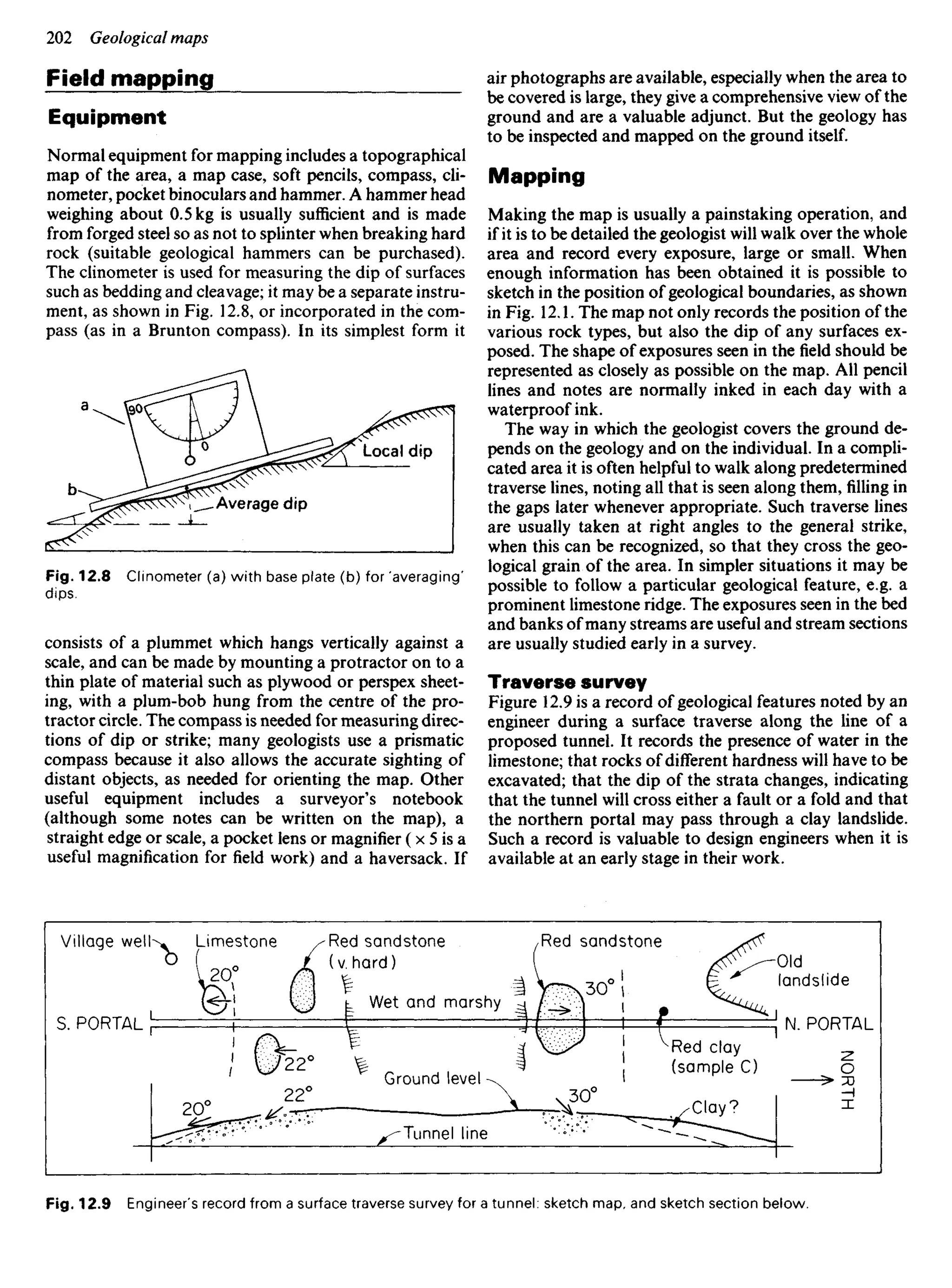 Field mapping
Equipment
Normal equipment for mapping includes a topographical
map of the area, a map case, soft pencils, compass, cli-
nometer, pocket binoculars and hammer. A hammer head
weighing about 0.5 kg is usually sufficient and is made
from forged steel so as not to splinter when breaking hard
rock (suitable geological hammers can be purchased).
The clinometer is used for measuring the dip of surfaces
such as bedding and cleavage; it may be a separate instru-
ment, as shown in Fig. 12.8, or incorporated in the com-
pass (as in a Brunton compass). In its simplest form it
air photographs are available, especially when the area to
be covered is large, they give a comprehensive view of the
ground and are a valuable adjunct. But the geology has
to be inspected and mapped on the ground itself.
Mapping
Making the map is usually a painstaking operation, and
if it is to be detailed the geologist will walk over the whole
area and record every exposure, large or small. When
enough information has been obtained it is possible to
sketch in the position of geological boundaries, as shown
in Fig. 12.1. The map not only records the position of the
various rock types, but also the dip of any surfaces ex-
posed. The shape of exposures seen in the field should be
represented as closely as possible on the map. All pencil
lines and notes are normally inked in each day with a
waterproof ink.
The way in which the geologist covers the ground de-
pends on the geology and on the individual. In a compli-
cated area it is often helpful to walk along predetermined
traverse lines, noting all that is seen along them, filling in
the gaps later whenever appropriate. Such traverse lines
are usually taken at right angles to the general strike,
when this can be recognized, so that they cross the geo-
logical grain of the area. In simpler situations it may be
possible to follow a particular geological feature, e.g. a
prominent limestone ridge. The exposures seen in the bed
and banks of many streams are useful and stream sections
are usually studied early in a survey.
Traverse survey
Figure 12.9 is a record of geological features noted by an
engineer during a surface traverse along the line of a
proposed tunnel. It records the presence of water in the
limestone; that rocks of different hardness will have to be
excavated; that the dip of the strata changes, indicating
that the tunnel will cross either a fault or a fold and that
the northern portal may pass through a clay landslide.
Such a record is valuable to design engineers when it is
available at an early stage in their work.
Local dip
Average dip
Fig. 12.8 Clinometer (a) with base plate (b) for 'averaging'
dips.
consists of a plummet which hangs vertically against a
scale, and can be made by mounting a protractor on to a
thin plate of material such as plywood or perspex sheet-
ing, with a plum-bob hung from the centre of the pro-
tractor circle. The compass is needed for measuring direc-
tions of dip or strike; many geologists use a prismatic
compass because it also allows the accurate sighting of
distant objects, as needed for orienting the map. Other
useful equipment includes a surveyor's notebook
(although some notes can be written on the map), a
straight edge or scale, a pocket lens or magnifier (x 5 is a
useful magnification for field work) and a haversack. If
Village well Limestone Red sandstone
(v. hard)
Red sandstone
Old
landslide
Wet and marshy
Ground level
Red clay
(sample C)
Tunnel line
S. PORTAL
Fig. 12.9 Engineer's record from a surface traverse survey for a tunnel: sketch map, and sketch section below.
 
