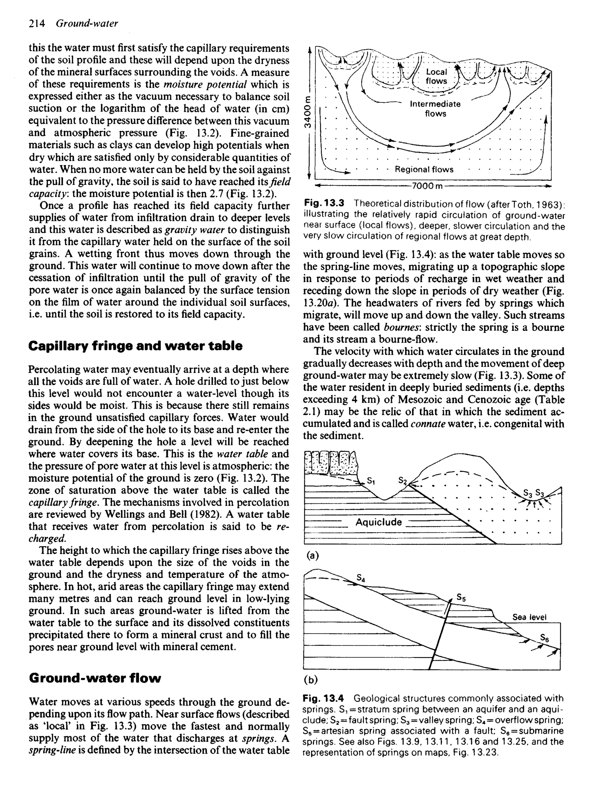 this the water mustfirstsatisfy the capillary requirements
of the soil profile and these will depend upon the dryness
of the mineral surfaces surrounding the voids. A measure
of these requirements is the moisture potential which is
expressed either as the vacuum necessary to balance soil
suction or the logarithm of the head of water (in cm)
equivalent to the pressure difference between this vacuum
and atmospheric pressure (Fig. 13.2). Fine-grained
materials such as clays can develop high potentials when
dry which are satisfied only by considerable quantities of
water. When no more water can be held by the soil against
the pull of gravity, the soil is said to have reached its field
capacity, the moisture potential is then 2.7 (Fig. 13.2).
Once a profile has reached its field capacity further
supplies of water from infiltration drain to deeper levels
and this water is described as gravity water to distinguish
it from the capillary water held on the surface of the soil
grains. A wetting front thus moves down through the
ground. This water will continue to move down after the
cessation of infiltration until the pull of gravity of the
pore water is once again balanced by the surface tension
on the film of water around the individual soil surfaces,
i.e. until the soil is restored to itsfieldcapacity.
Capillary fringe and water table
Percolating water may eventually arrive at a depth where
all the voids are full of water. A hole drilled to just below
this level would not encounter a water-level though its
sides would be moist. This is because there still remains
in the ground unsatisfied capillary forces. Water would
drain from the side of the hole to its base and re-enter the
ground. By deepening the hole a level will be reached
where water covers its base. This is the water table and
the pressure of pore water at this level is atmospheric: the
moisture potential of the ground is zero (Fig. 13.2). The
zone of saturation above the water table is called the
capillaryfringe. The mechanisms involved in percolation
are reviewed by Wellings and Bell (1982). A water table
that receives water from percolation is said to be re-
charged.
The height to which the capillary fringe rises above the
water table depends upon the size of the voids in the
ground and the dryness and temperature of the atmo-
sphere. In hot, arid areas the capillary fringe may extend
many metres and can reach ground level in low-lying
ground. In such areas ground-water is lifted from the
water table to the surface and its dissolved constituents
precipitated there to form a mineral crust and to fill the
pores near ground level with mineral cement.
Ground-water flow
Water moves at various speeds through the ground de-
pending upon itsflowpath. Near surfaceflows(described
as 'local' in Fig. 13.3) move the fastest and normally
supply most of the water that discharges at springs. A
spring-line is defined by the intersection of the water table
Local
flows
Intermediate
flows
Regional flows
Fig. 13.3 Theoretical distribution of flow (afterToth, 1 963):
illustrating the relatively rapid circulation of ground-water
near surface (local flows), deeper, slower circulation and the
very slow circulation of regional flows at great depth.
with ground level (Fig. 13.4): as the water table moves so
the spring-line moves, migrating up a topographic slope
in response to periods of recharge in wet weather and
receding down the slope in periods of dry weather (Fig.
13.20a). The headwaters of rivers fed by springs which
migrate, will move up and down the valley. Such streams
have been called bournes: strictly the spring is a bourne
and its stream a bourne-flow.
The velocity with which water circulates in the ground
gradually decreases with depth and the movement ofdeep
ground-water may be extremely slow (Fig. 13.3). Some of
the water resident in deeply buried sediments (i.e. depths
exceeding 4 km) of Mesozoic and Cenozoic age (Table
2.1) may be the relic of that in which the sediment ac-
cumulated and is called connate water, i.e. congenital with
the sediment.
Aquiclude
Sea level
Fig. 13.4 Geological structures commonly associated with
springs. S1 = stratum spring between an aquifer and an aqui-
clude; S2 = fault spring; S3 = valley spring; S4=overflow spring;
S5 = artesian spring associated with a fault; S6 = submarine
springs. See also Figs. 1 3.9, 1 3.11, 1 3.1 6 and 1 3.25, and the
representation of springs on maps. Fig. 1 3.23.
 
