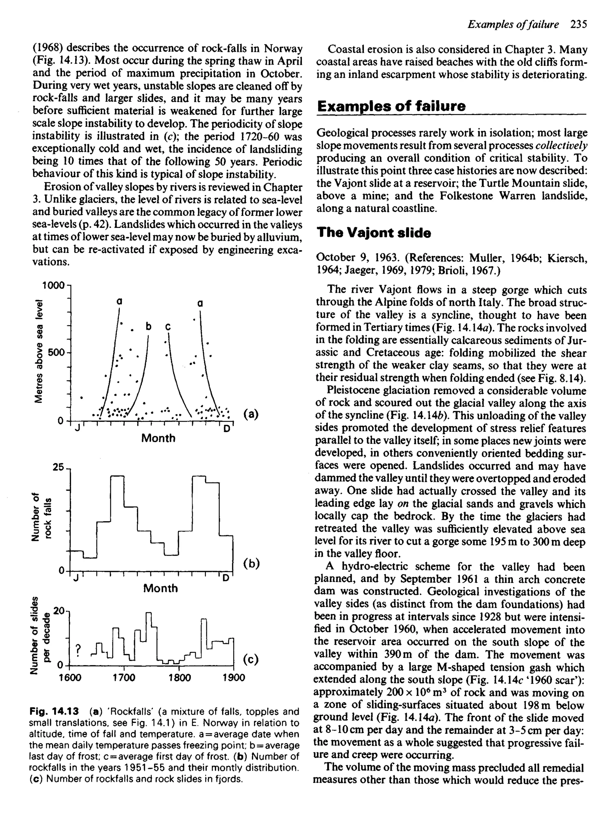 (1968) describes the occurrence of rock-falls in Norway
(Fig. 14.13). Most occur during the spring thaw in April
and the period of maximum precipitation in October.
During very wet years, unstable slopes are cleaned off by
rock-falls and larger slides, and it may be many years
before sufficient material is weakened for further large
scale slope instability to develop. The periodicity of slope
instability is illustrated in (c); the period 1720-60 was
exceptionally cold and wet, the incidence of landsliding
being 10 times that of the following 50 years. Periodic
behaviour of this kind is typical of slope instability.
Erosion ofvalley slopes byriversis reviewed in Chapter
3. Unlike glaciers, the level ofriversis related to sea-level
and buried valleys are the common legacy offormer lower
sea-levels (p. 42). Landslides which occurred in the valieys
at times oflower sea-level may now be buried by alluvium,
but can be re-activated if exposed by engineering exca-
vations.
Coastal erosion is also considered in Chapter 3. Many
coastal areas have raised beaches with the old cliffs form-
ing an inland escarpment whose stability is deteriorating.
Examples of failure
Geological processes rarely work in isolation; most large
slope movements result from several processes collectively
producing an overall condition of critical stability. To
illustrate this point three case histories are now described:
the Vajont slide at a reservoir; the Turtle Mountain slide,
above a mine; and the Folkestone Warren landslide,
along a natural coastline.
The Vajont slide
October 9, 1963. (References: Muller, 1964b; Kiersch,
1964; Jaeger, 1969, 1979; Brioli, 1967.)
The river Vajont flows in a steep gorge which cuts
through the Alpine folds of north Italy. The broad struc-
ture of the valley is a syncline, thought to have been
formed in Tertiary times (Fig. 14.14a). The rocks involved
in the folding are essentially calcareous sediments of Jur-
assic and Cretaceous age: folding mobilized the shear
strength of the weaker clay seams, so that they were at
their residual strength when folding ended (see Fig. 8.14).
Pleistocene glaciation removed a considerable volume
of rock and scoured out the glacial valley along the axis
of the syncline (Fig. 14.146). This unloading of the valley
sides promoted the development of stress relief features
parallel to the valley itself; in some places newjoints were
developed, in others conveniently oriented bedding sur-
faces were opened. Landslides occurred and may have
dammed the valley until they were overtopped and eroded
away. One slide had actually crossed the valley and its
leading edge lay on the glacial sands and gravels which
locally cap the bedrock. By the time the glaciers had
retreated the valley was sufficiently elevated above sea
level for itsriverto cut a gorge some 195 m to 300 m deep
in the valley floor.
A hydro-electric scheme for the valley had been
planned, and by September 1961 a thin arch concrete
dam was constructed. Geological investigations of the
valley sides (as distinct from the dam foundations) had
been in progress at intervals since 1928 but were intensi-
fied in October 1960, when accelerated movement into
the reservoir area occurred on the south slope of the
valley within 390 m of the dam. The movement was
accompanied by a large M-shaped tension gash which
extended along the south slope (Fig. 14.14c 'I960 scar'):
approximately 200 x 106
m3
of rock and was moving on
a zone of sliding-surfaces situated about 198 m below
ground level (Fig. 14.14a). The front of the slide moved
at 8-10 cm per day and the remainder at 3-5 cm per day:
the movement as a whole suggested that progressive fail-
ure and creep were occurring.
The volume of the moving mass precluded all remedial
measures other than those which would reduce the pres-
Metres
above
sea
level
Month
Number
of
rock
falls
Number
of
slides
per
decade
Month
Fig. 14.13 (a) 'Rockfalls' (a mixture of falls, topples and
small translations, see Fig. 14.1) in E. Norway in relation to
altitude, time of fall and temperature, a = average date when
the mean daily temperature passes freezing point; b = average
last day of frost; c = average first day of frost, (b) Number of
rockfalls in the years 1951-55 and their montly distribution,
(c) Number of rockfalls and rock slides in fjords.
 