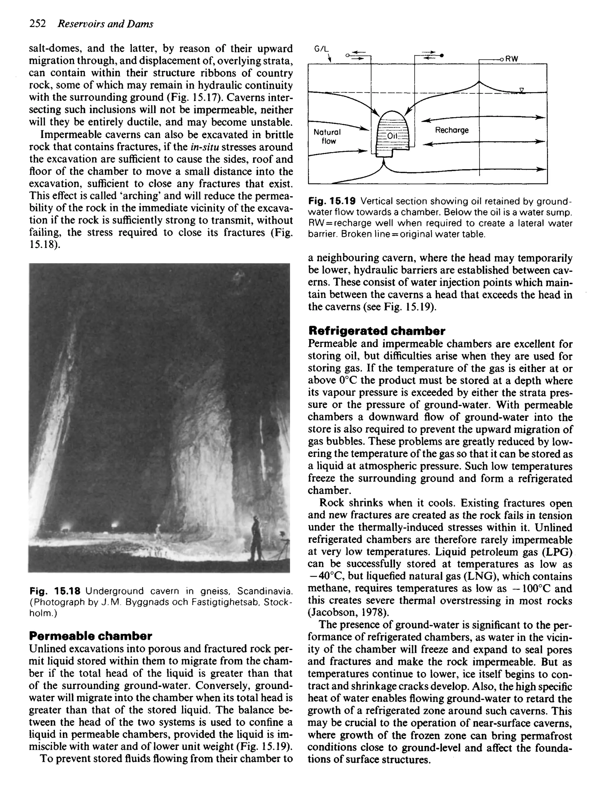 salt-domes, and the latter, by reason of their upward
migration through, and displacement of, overlying strata,
can contain within their structure ribbons of country
rock, some of which may remain in hydraulic continuity
with the surrounding ground (Fig. 15.17). Caverns inter-
secting such inclusions will not be impermeable, neither
will they be entirely ductile, and may become unstable.
Impermeable caverns can also be excavated in brittle
rock that contains fractures, if the in-situ stresses around
the excavation are sufficient to cause the sides, roof and
floor of the chamber to move a small distance into the
excavation, sufficient to close any fractures that exist.
This effect is called 'arching' and will reduce the permea-
bility of the rock in the immediate vicinity of the excava-
tion if the rock is sufficiently strong to transmit, without
failing, the stress required to close its fractures (Fig.
15.18).
Fig. 15.19 Vertical section showing oil retained by ground-
water flow towards a chamber. Below the oil is a water sump.
RW = recharge well when required to create a lateral water
barrier. Broken line = original water table.
a neighbouring cavern, where the head may temporarily
be lower, hydraulic barriers are established between cav-
erns. These consist of water injection points which main-
tain between the caverns a head that exceeds the head in
the caverns (see Fig. 15.19).
Refrigerated chamber
Permeable and impermeable chambers are excellent for
storing oil, but difficulties arise when they are used for
storing gas. If the temperature of the gas is either at or
above 00
C the product must be stored at a depth where
its vapour pressure is exceeded by either the strata pres-
sure or the pressure of ground-water. With permeable
chambers a downward flow of ground-water into the
store is also required to prevent the upward migration of
gas bubbles. These problems are greatly reduced by low-
ering the temperature of the gas so that it can be stored as
a liquid at atmospheric pressure. Such low temperatures
freeze the surrounding ground and form a refrigerated
chamber.
Rock shrinks when it cools. Existing fractures open
and new fractures are created as the rock fails in tension
under the thermally-induced stresses within it. Unlined
refrigerated chambers are therefore rarely impermeable
at very low temperatures. Liquid petroleum gas (LPG)
can be successfully stored at temperatures as low as
—400
C, but liquefied natural gas (LNG), which contains
methane, requires temperatures as low as — 1000
C and
this creates severe thermal overstressing in most rocks
(Jacobson, 1978).
The presence of ground-water is significant to the per-
formance of refrigerated chambers, as water in the vicin-
ity of the chamber will freeze and expand to seal pores
and fractures and make the rock impermeable. But as
temperatures continue to lower, ice itself begins to con-
tract and shrinkage cracks develop. Also, the high specific
heat of water enablesflowingground-water to retard the
growth of a refrigerated zone around such caverns. This
may be crucial to the operation of near-surface caverns,
where growth of the frozen zone can bring permafrost
conditions close to ground-level and affect the founda-
tions of surface structures.
Natural
flow
Oil
Recharge
Fig. 15.18 Underground cavern in gneiss, Scandinavia.
(Photograph by J. M. Byggnads och Fastigtighetsab, Stock-
holm.)
Permeable chamber
Unlined excavations into porous and fractured rock per-
mit liquid stored within them to migrate from the cham-
ber if the total head of the liquid is greater than that
of the surrounding ground-water. Conversely, ground-
water will migrate into the chamber when its total head is
greater than that of the stored liquid. The balance be-
tween the head of the two systems is used to confine a
liquid in permeable chambers, provided the liquid is im-
miscible with water and of lower unit weight (Fig. 15.19).
To prevent storedfluidsflowingfrom their chamber to
 