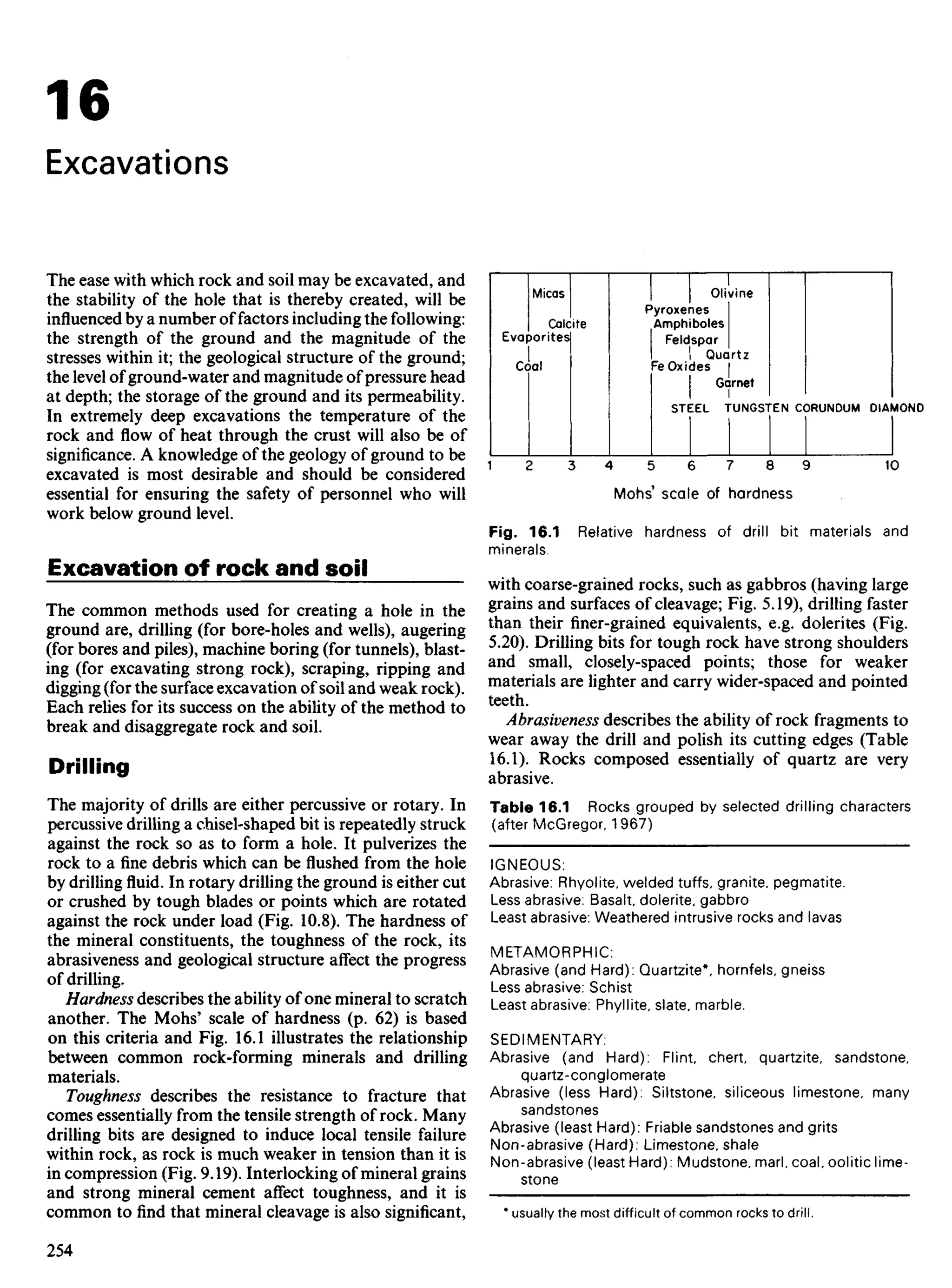 16
Excavations
The ease with which rock and soil may be excavated, and
the stability of the hole that is thereby created, will be
influenced by a number of factors including the following:
the strength of the ground and the magnitude of the
stresses within it; the geological structure of the ground;
the level of ground-water and magnitude ofpressure head
at depth; the storage of the ground and its permeability.
In extremely deep excavations the temperature of the
rock and flow of heat through the crust will also be of
significance. A knowledge of the geology of ground to be
excavated is most desirable and should be considered
essential for ensuring the safety of personnel who will
work below ground level.
Excavation of rock and soil
The common methods used for creating a hole in the
ground are, drilling (for bore-holes and wells), augering
(for bores and piles), machine boring (for tunnels), blast-
ing (for excavating strong rock), scraping, ripping and
digging (for the surface excavation of soil and weak rock).
Each relies for its success on the ability of the method to
break and disaggregate rock and soil.
Drilling
The majority of drills are either percussive or rotary. In
percussive drilling a chisel-shaped bit is repeatedly struck
against the rock so as to form a hole. It pulverizes the
rock to afinedebris which can beflushedfrom the hole
by drillingfluid.In rotary drilling the ground is either cut
or crushed by tough blades or points which are rotated
against the rock under load (Fig. 10.8). The hardness of
the mineral constituents, the toughness of the rock, its
abrasiveness and geological structure affect the progress
of drilling.
Hardness describes the ability of one mineral to scratch
another. The Mohs' scale of hardness (p. 62) is based
on this criteria and Fig. 16.1 illustrates the relationship
between common rock-forming minerals and drilling
materials.
Toughness describes the resistance to fracture that
comes essentially from the tensile strength of rock. Many
drilling bits are designed to induce local tensile failure
within rock, as rock is much weaker in tension than it is
in compression (Fig. 9.19). Interlocking of mineral grains
and strong mineral cement affect toughness, and it is
common tofindthat mineral cleavage is also significant,
Mohs1
scale of hardness
Fig. 16.1 Relative hardness of drill bit materials and
minerals.
with coarse-grained rocks, such as gabbros (having large
grains and surfaces of cleavage; Fig. 5.19), drilling faster
than their finer-grained equivalents, e.g. dolerites (Fig.
5.20). Drilling bits for tough rock have strong shoulders
and small, closely-spaced points; those for weaker
materials are lighter and carry wider-spaced and pointed
teeth.
Abrasiveness describes the ability of rock fragments to
wear away the drill and polish its cutting edges (Table
16.1). Rocks composed essentially of quartz are very
abrasive.
Table 16.1 Rocks grouped by selected drilling characters
(after McGregor, 1967)
IGNEOUS:
Abrasive: Rhyolite, welded tuffs, granite, pegmatite.
Less abrasive: Basalt, dolerite, gabbro
Least abrasive: Weathered intrusive rocks and lavas
METAMORPHIC:
Abrasive (and Hard): Quartzite*, hornfels, gneiss
Less abrasive: Schist
Least abrasive: Phyllite, slate, marble.
SEDIMENTARY:
Abrasive (and Hard): Flint, chert, quartzite, sandstone,
quartz-conglomerate
Abrasive (less Hard): Siltstone, siliceous limestone, many
sandstones
Abrasive (least Hard): Friable sandstones and grits
Non-abrasive (Hard): Limestone, shale
Non-abrasive (least Hard): Mudstone, marl, coal, oolitic lime-
stone
* usually the most difficult of common rocks to drill.
Micas
Calcite
Evaporites
Pyroxenes
Amphiboles
Feldspar
. Quartz
Fe Oxides
Garnet
Olivine
STEEL TUNGSTEN CORUNDUM DIAMOND
 