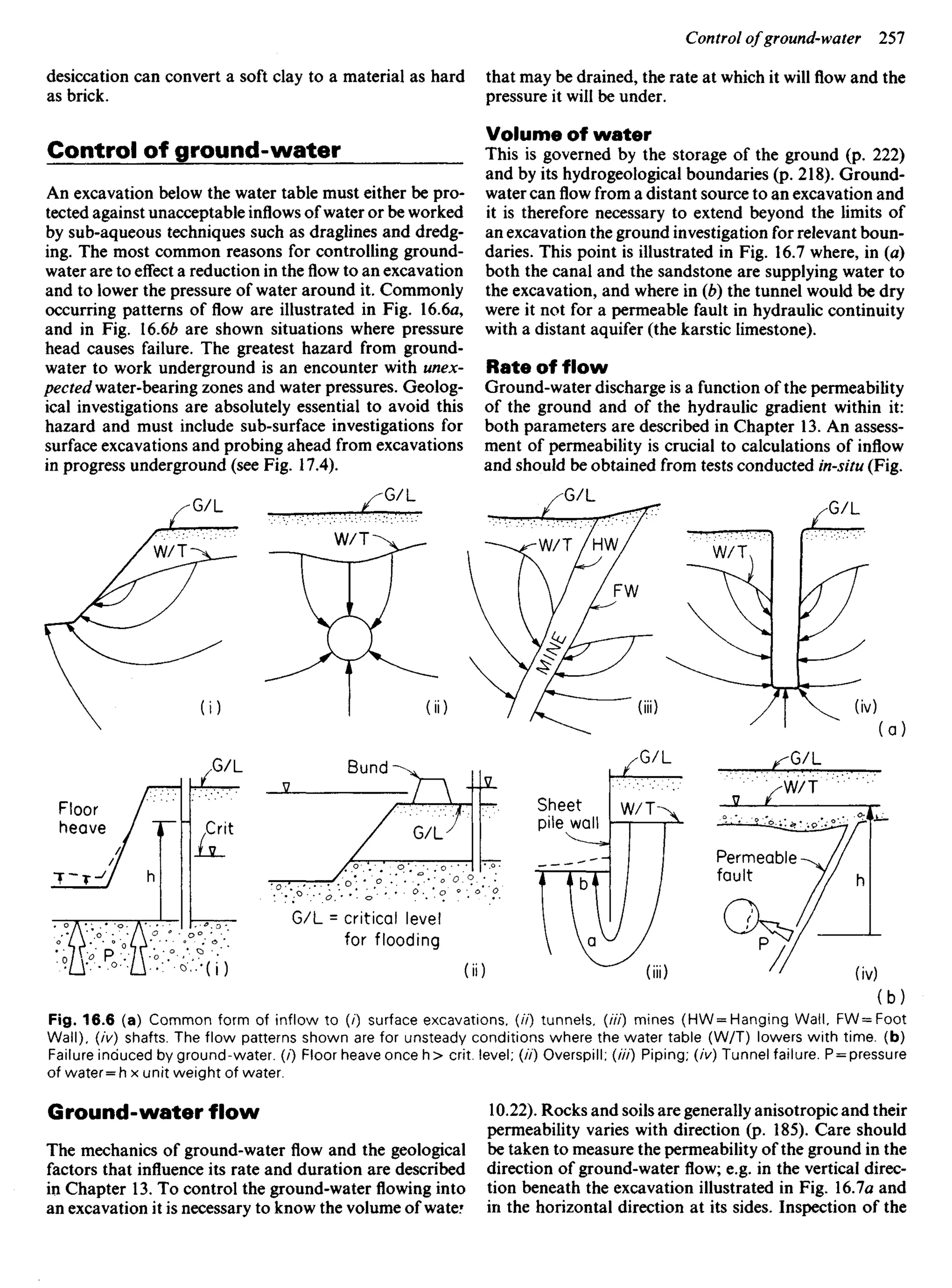 desiccation can convert a soft clay to a material as hard
as brick.
Control of ground-water
An excavation below the water table must either be pro-
tected against unacceptable inflows of water or be worked
by sub-aqueous techniques such as draglines and dredg-
ing. The most common reasons for controlling ground-
water are to effect a reduction in the flow to an excavation
and to lower the pressure of water around it. Commonly
occurring patterns of flow are illustrated in Fig. 16.6a,
and in Fig. 16.6b are shown situations where pressure
head causes failure. The greatest hazard from ground-
water to work underground is an encounter with unex-
pected water-bearing zones and water pressures. Geolog-
ical investigations are absolutely essential to avoid this
hazard and must include sub-surface investigations for
surface excavations and probing ahead from excavations
in progress underground (see Fig. 17.4).
that may be drained, the rate at which it will flow and the
pressure it will be under.
Volume of water
This is governed by the storage of the ground (p. 222)
and by its hydrogeological boundaries (p. 218). Ground-
water can flow from a distant source to an excavation and
it is therefore necessary to extend beyond the limits of
an excavation the ground investigation for relevant boun-
daries. This point is illustrated in Fig. 16.7 where, in (a)
both the canal and the sandstone are supplying water to
the excavation, and where in (b) the tunnel would be dry
were it not for a permeable fault in hydraulic continuity
with a distant aquifer (the karstic limestone).
Rate of flow
Ground-water discharge is a function of the permeability
of the ground and of the hydraulic gradient within it:
both parameters are described in Chapter 13. An assess-
ment of permeability is crucial to calculations of inflow
and should be obtained from tests conducted in-situ (Fig.
Floor
heave Grit
Bund
Sheet
pile wall
Permeable
fault
G/L = critical level
for flooding
Fig. 16.6 (a) Common form of inflow to (/) surface excavations, (//) tunnels, (/77) mines (HW= Hanging Wall, FW=FoOt
Wall), (/V) shafts. The flow patterns shown are for unsteady conditions where the water table (W/T) lowers with time, (b)
Failure induced by ground-water. (/) Floor heave once h> crit. level; (//) Overspill; (/77) Piping; (/V) Tunnel failure. P = pressure
of water= h x unit weight of water.
Ground-water flow
The mechanics of ground-water flow and the geological
factors that influence its rate and duration are described
in Chapter 13. To control the ground-water flowing into
an excavation it is necessary to know the volume of water
10.22). Rocks and soils are generally anisotropic and their
permeability varies with direction (p. 185). Care should
be taken to measure the permeability of the ground in the
direction of ground-water flow; e.g. in the vertical direc-
tion beneath the excavation illustrated in Fig. 16.7a and
in the horizontal direction at its sides. Inspection of the
 