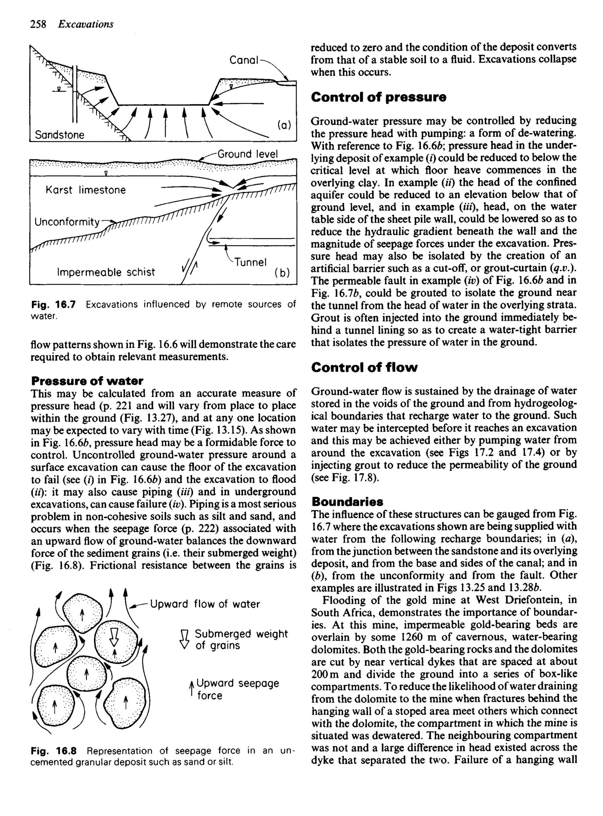 Fig. 16.7 Excavations influenced by remote sources of
water.
flow patterns shown in Fig. 16.6 will demonstrate the care
required to obtain relevant measurements.
Pressure of water
This may be calculated from an accurate measure of
pressure head (p. 221 and will vary from place to place
within the ground (Fig. 13.27), and at any one location
may be expected to vary with time (Fig. 13.15). As shown
in Fig. 16.66, pressure head may be a formidable force to
control. Uncontrolled ground-water pressure around a
surface excavation can cause the floor of the excavation
to fail (see (/) in Fig. 16.66) and the excavation to flood
(U): it may also cause piping (Hi) and in underground
excavations, can cause failure (iv). Piping is a most serious
problem in non-cohesive soils such as silt and sand, and
occurs when the seepage force (p. 222) associated with
an upward flow of ground-water balances the downward
force of the sediment grains (i.e. their submerged weight)
(Fig. 16.8). Frictional resistance between the grains is
reduced to zero and the condition of the deposit converts
from that of a stable soil to a fluid. Excavations collapse
when this occurs.
Control of pressure
Ground-water pressure may be controlled by reducing
the pressure head with pumping: a form of de-watering.
With reference to Fig. 16.66; pressure head in the under-
lying deposit of example (i) could be reduced to below the
critical level at which floor heave commences in the
overlying clay. In example (H) the head of the confined
aquifer could be reduced to an elevation below that of
ground level, and in example (Hi)9 head, on the water
table side of the sheet pile wall, could be lowered so as to
reduce the hydraulic gradient beneath the wall and the
magnitude of seepage forces under the excavation. Pres-
sure head may also be isolated by the creation of an
artificial barrier such as a cut-off, or grout-curtain (q.v.).
The permeable fault in example (iv) of Fig. 16.66 and in
Fig. 16.76, could be grouted to isolate the ground near
the tunnel from the head of water in the overlying strata.
Grout is often injected into the ground immediately be-
hind a tunnel lining so as to create a water-tight barrier
that isolates the pressure of water in the ground.
Control of flow
Ground-water flow is sustained by the drainage of water
stored in the voids of the ground and from hydrogeolog-
ical boundaries that recharge water to the ground. Such
water may be intercepted before it reaches an excavation
and this may be achieved either by pumping water from
around the excavation (see Figs 17.2 and 17.4) or by
injecting grout to reduce the permeability of the ground
(see Fig. 17.8).
Boundaries
The influence of these structures can be gauged from Fig.
16.7 where the excavations shown are being supplied with
water from the following recharge boundaries; in (a),
from thejunction between the sandstone and its overlying
deposit, and from the base and sides of the canal; and in
(6), from the unconformity and from the fault. Other
examples are illustrated in Figs 13.25 and 13.286.
Flooding of the gold mine at West Driefontein, in
South Africa, demonstrates the importance of boundar-
ies. At this mine, impermeable gold-bearing beds are
overlain by some 1260 m of cavernous, water-bearing
dolomites. Both the gold-bearing rocks and the dolomites
are cut by near vertical dykes that are spaced at about
200 m and divide the ground into a series of box-like
compartments. To reduce the likelihood of water draining
from the dolomite to the mine when fractures behind the
hanging wall of a stoped area meet others which connect
with the dolomite, the compartment in which the mine is
situated was dewatered. The neighbouring compartment
was not and a large difference in head existed across the
dyke that separated the two. Failure of a hanging wall
Canal
Sandstone
Ground level
Karst limestone
Unconformity
Impermeable schist
Tunnel
Upward flow of water
Submerged weight
of grains
Upward seepage
force
Fig. 16.8 Representation of seepage force in an un-
cemented granular deposit such as sand or silt.
 