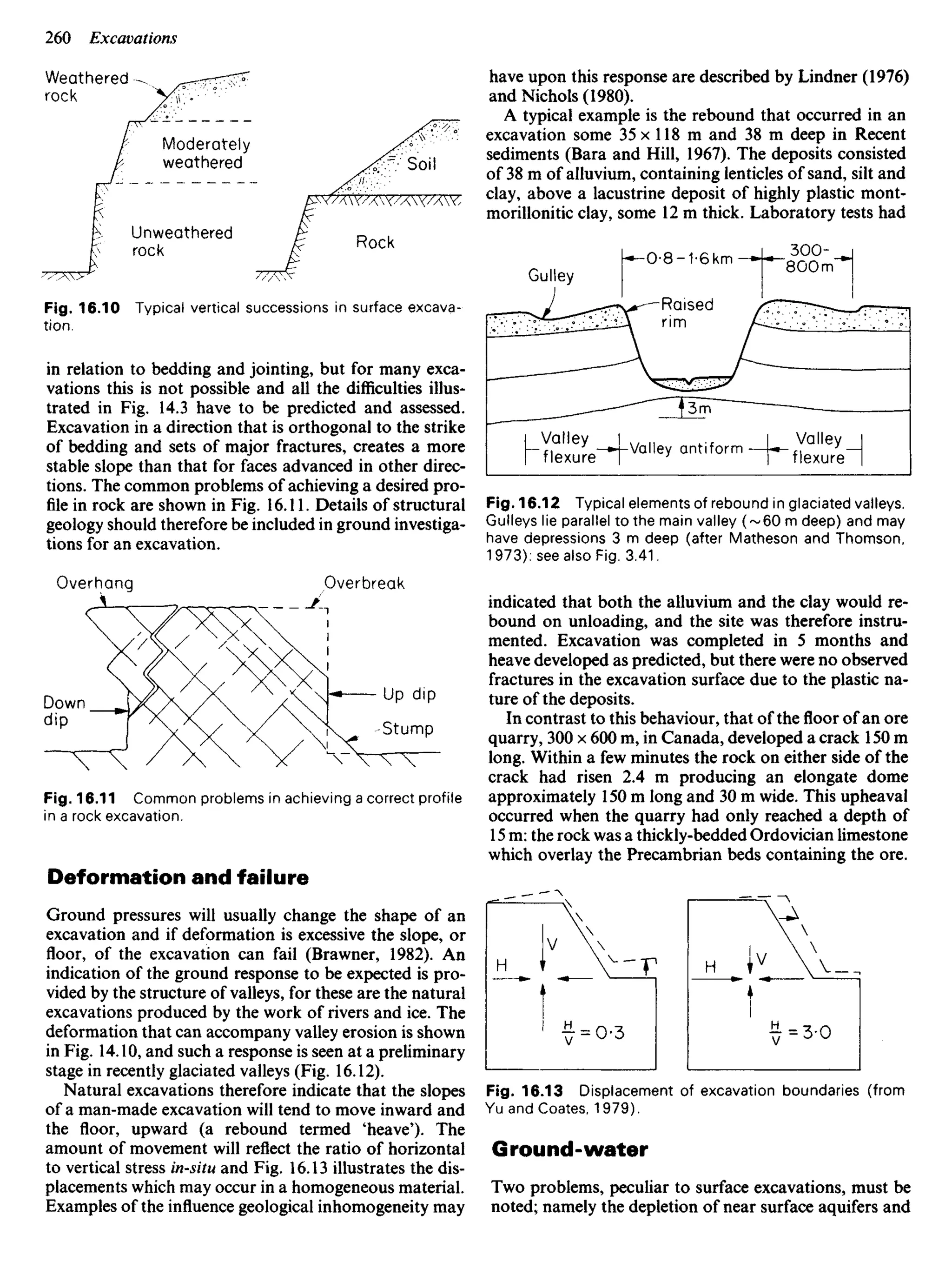 in relation to bedding and jointing, but for many exca-
vations this is not possible and all the difficulties illus-
trated in Fig. 14.3 have to be predicted and assessed.
Excavation in a direction that is orthogonal to the strike
of bedding and sets of major fractures, creates a more
stable slope than that for faces advanced in other direc-
tions. The common problems of achieving a desired pro-
file in rock are shown in Fig. 16.11. Details of structural
geology should therefore be included in ground investiga-
tions for an excavation.
have upon this response are described by Lindner (1976)
and Nichols (1980).
A typical example is the rebound that occurred in an
excavation some 35 x 118 m and 38 m deep in Recent
sediments (Bara and Hill, 1967). The deposits consisted
of 38 m of alluvium, containing lenticles of sand, silt and
clay, above a lacustrine deposit of highly plastic mont-
morillonitic clay, some 12 m thick. Laboratory tests had
Weathered
rock
Moderately
weathered
Unweathered
rock
Soil
Rock
Fig. 16.10 Typical vertical successions in surface excava-
Gulley
Raised
rim
Valley
flexure
•Valley antiform
Valley
flexure
Fig. 16.12 Typical elements of rebound in glaciated valleys.
Gulleys lie parallel to the main valley (~60 m deep) and may
have depressions 3 m deep (after Matheson and Thomson,
1973): see also Fig. 3.41.
indicated that both the alluvium and the clay would re-
bound on unloading, and the site was therefore instru-
mented. Excavation was completed in 5 months and
heave developed as predicted, but there were no observed
fractures in the excavation surface due to the plastic na-
ture of the deposits.
In contrast to this behaviour, that of the floor of an ore
quarry, 300 x 600 m, in Canada, developed a crack 150 m
long. Within a few minutes the rock on either side of the
crack had risen 2.4 m producing an elongate dome
approximately 150 m long and 30 m wide. This upheaval
occurred when the quarry had only reached a depth of
15 m: the rock was a thickly-bedded Ordovician limestone
which overlay the Precambrian beds containing the ore.
Overhang Overbreak
Down
dip
Up dip
Stump
Fig. 16.11 Common problems in achieving a correct profile
in a rock excavation.
Deformation and failure
Ground pressures will usually change the shape of an
excavation and if deformation is excessive the slope, or
floor, of the excavation can fail (Brawner, 1982). An
indication of the ground response to be expected is pro-
vided by the structure of valleys, for these are the natural
excavations produced by the work of rivers and ice. The
deformation that can accompany valley erosion is shown
in Fig. 14.10, and such a response is seen at a preliminary
stage in recently glaciated valleys (Fig. 16.12).
Natural excavations therefore indicate that the slopes
of a man-made excavation will tend to move inward and
the floor, upward (a rebound termed 'heave'). The
amount of movement will reflect the ratio of horizontal
to vertical stress in-situ and Fig. 16.13 illustrates the dis-
placements which may occur in a homogeneous material.
Examples of the influence geological inhomogeneity may
Fig. 16.13 Displacement of excavation boundaries (from
Yu and Coates, 1979).
Ground-water
Two problems, peculiar to surface excavations, must be
noted; namely the depletion of near surface aquifers and
 