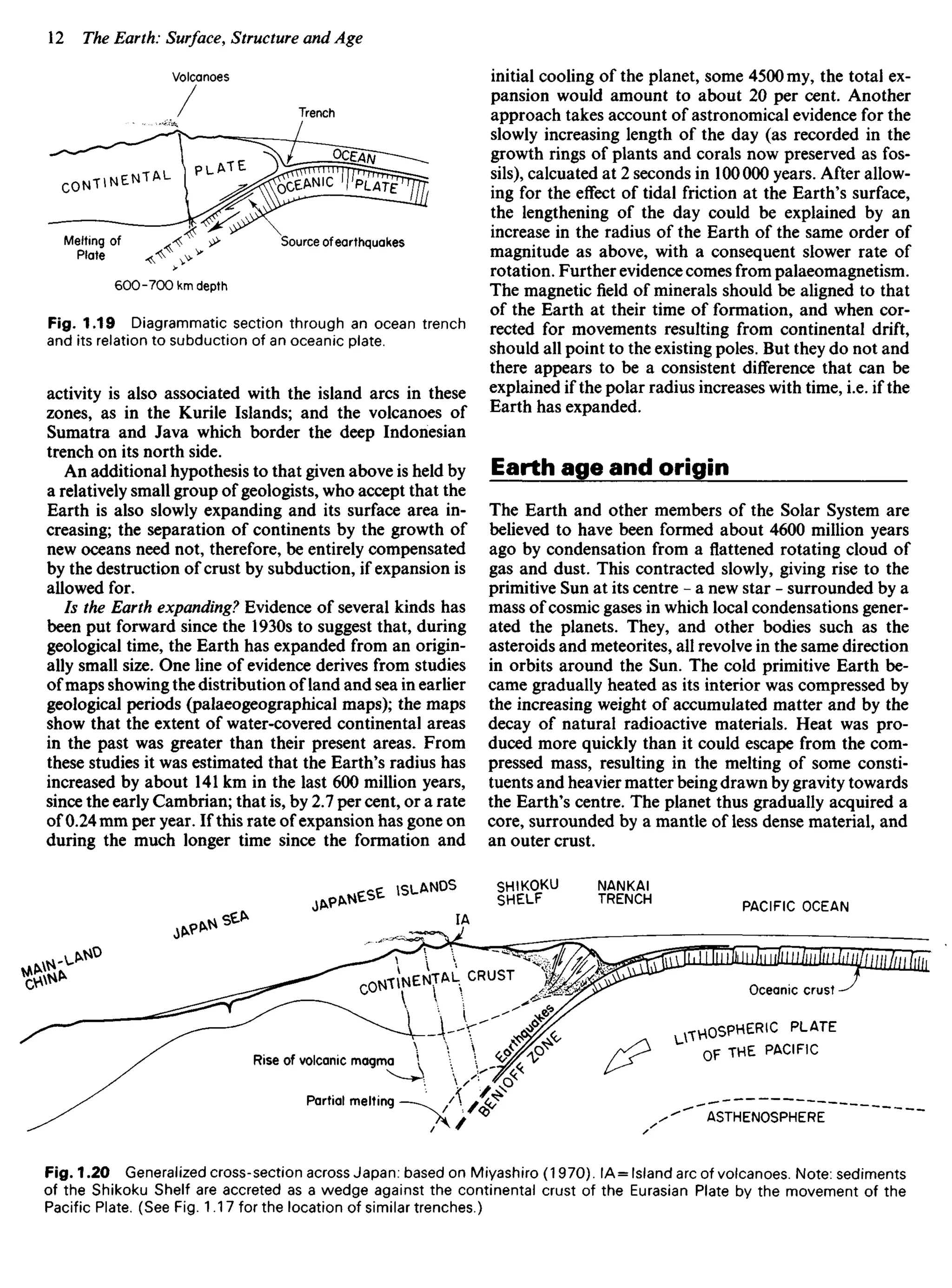 Fig. 1.19 Diagrammatic section through an ocean trench
and its relation to subduction of an oceanic plate.
activity is also associated with the island arcs in these
zones, as in the Kurile Islands; and the volcanoes of
Sumatra and Java which border the deep Indonesian
trench on its north side.
An additional hypothesis to that given above is held by
a relatively small group of geologists, who accept that the
Earth is also slowly expanding and its surface area in-
creasing; the separation of continents by the growth of
new oceans need not, therefore, be entirely compensated
by the destruction of crust by subduction, if expansion is
allowed for.
Is the Earth expanding? Evidence of several kinds has
been put forward since the 1930s to suggest that, during
geological time, the Earth has expanded from an origin-
ally small size. One line of evidence derives from studies
of maps showing the distribution of land and sea in earlier
geological periods (palaeogeographical maps); the maps
show that the extent of water-covered continental areas
in the past was greater than their present areas. From
these studies it was estimated that the Earth's radius has
increased by about 141 km in the last 600 million years,
since the early Cambrian; that is, by 2.7 per cent, or a rate
of 0.24 mm per year. If this rate of expansion has gone on
during the much longer time since the formation and
initial cooling of the planet, some 4500 my, the total ex-
pansion would amount to about 20 per cent. Another
approach takes account of astronomical evidence for the
slowly increasing length of the day (as recorded in the
growth rings of plants and corals now preserved as fos-
sils), calcuated at 2 seconds in 100 000 years. After allow-
ing for the effect of tidal friction at the Earth's surface,
the lengthening of the day could be explained by an
increase in the radius of the Earth of the same order of
magnitude as above, with a consequent slower rate of
rotation. Further evidence comes from palaeomagnetism.
The magnetic field of minerals should be aligned to that
of the Earth at their time of formation, and when cor-
rected for movements resulting from continental drift,
should all point to the existing poles. But they do not and
there appears to be a consistent difference that can be
explained if the polar radius increases with time, i.e. if the
Earth has expanded.
Earth age and origin
The Earth and other members of the Solar System are
believed to have been formed about 4600 million years
ago by condensation from a flattened rotating cloud of
gas and dust. This contracted slowly, giving rise to the
primitive Sun at its centre - a new star - surrounded by a
mass of cosmic gases in which local condensations gener-
ated the planets. They, and other bodies such as the
asteroids and meteorites, all revolve in the same direction
in orbits around the Sun. The cold primitive Earth be-
came gradually heated as its interior was compressed by
the increasing weight of accumulated matter and by the
decay of natural radioactive materials. Heat was pro-
duced more quickly than it could escape from the com-
pressed mass, resulting in the melting of some consti-
tuents and heavier matter being drawn by gravity towards
the Earth's centre. The planet thus gradually acquired a
core, surrounded by a mantle of less dense material, and
an outer crust.
Volcanoes
Trench
CONTINENTAL
PLATE
Source ofearthquakes
Melting of
Plate
ssf*
^**"
r-et ISLANOS SHIKOKU NANKAI
ttf>*NeS£ *5
SHELF TRENCH PACIFIC OCEAN
Fig. 1.20 Generalized cross-section across Japan: based on Miyashiro (1970). IA= Island arc of volcanoes. Note: sediments
of the Shikoku Shelf are accreted as a wedge against the continental crust of the Eurasian Plate by the movement of the
Pacific Plate. (See Fig. 1.17 for the location of similar trenches.)
Oceanic crust
OTVAOSPHERIC PLATE
Q F T H E PACIFIC
ASTHENOSPHERE
Rise of volcanic magma
Partial melting
 