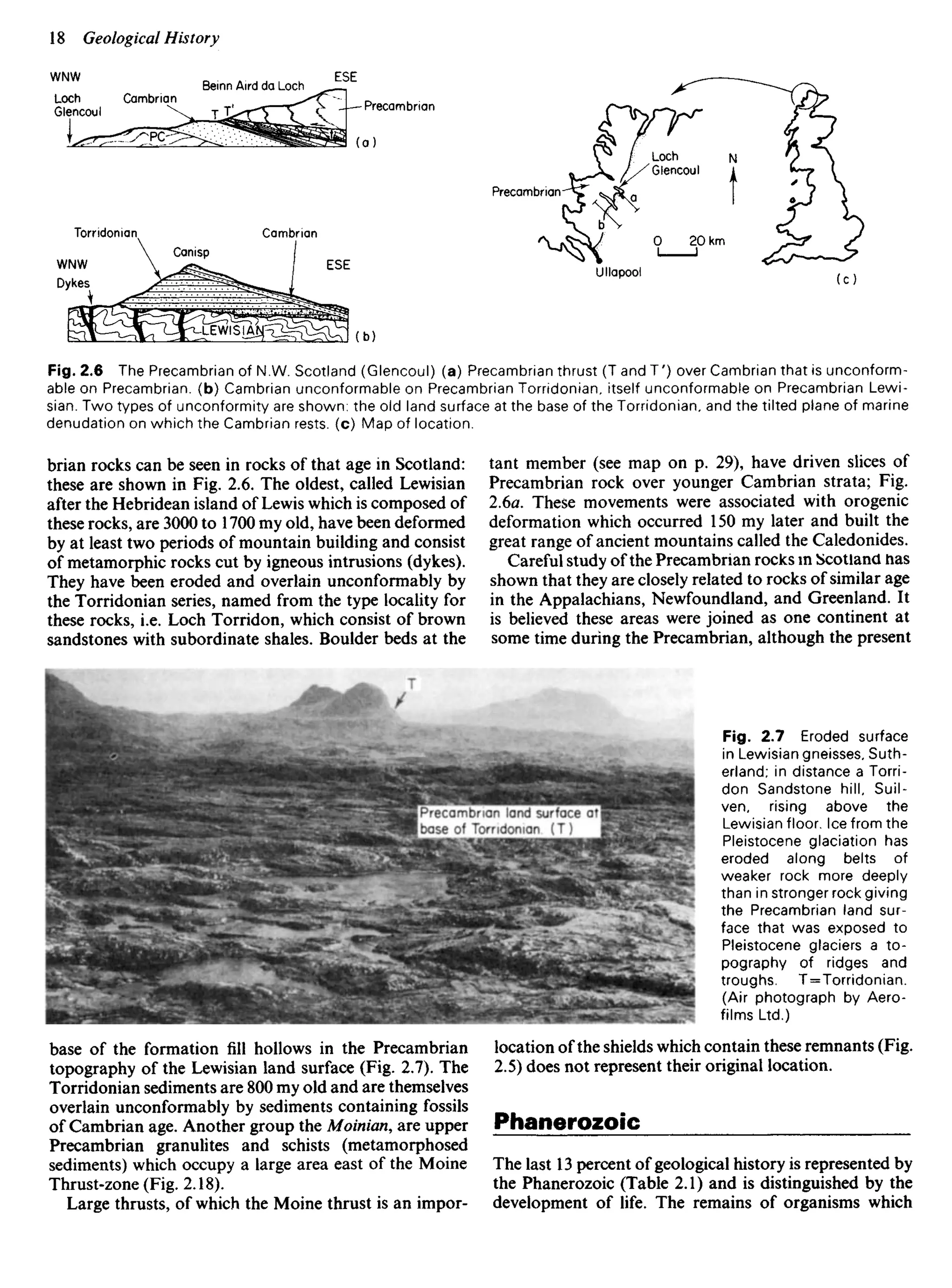 brian rocks can be seen in rocks of that age in Scotland:
these are shown in Fig. 2.6. The oldest, called Lewisian
after the Hebridean island of Lewis which is composed of
these rocks, are 3000 to 1700 my old, have been deformed
by at least two periods of mountain building and consist
of metamorphic rocks cut by igneous intrusions (dykes).
They have been eroded and overlain unconformably by
the Torridonian series, named from the type locality for
these rocks, i.e. Loch Torridon, which consist of brown
sandstones with subordinate shales. Boulder beds at the
tant member (see map on p. 29), have driven slices of
Precambrian rock over younger Cambrian strata; Fig.
2.6a. These movements were associated with orogenic
deformation which occurred 150 my later and built the
great range of ancient mountains called the Caledonides.
Careful study of the Precambrian rocks in Scotland has
shown that they are closely related to rocks of similar age
in the Appalachians, Newfoundland, and Greenland. It
is believed these areas were joined as one continent at
some time during the Precambrian, although the present
WNW
Loch
Glencoul
ESE
Torridonian Cambrian
WNW
Dykes
ESE
Precambriai
Ullapool
Fig. 2.6 The Precambrian of N.W. Scotland (Glencoul) (a) Precambrian thrust (T and T') over Cambrian that is unconform-
able on Precambrian. (b) Cambrian unconformable on Precambrian Torridonian, itself unconformable on Precambrian Lewi-
sian. Two types of unconformity are shown: the old land surface at the base of the Torridonian, and the tilted plane of marine
denudation on which the Cambrian rests, (c) Map of location.
Cambrian
Beinn Aird da Loch
Precambrian
Loch
Glencoul
Canisp
Fig. 2.7 Eroded surface
in Lewisian gneisses, Suth-
erland; in distance a Torri-
don Sandstone hill, Suil-
ven, rising above the
Lewisian floor. Ice from the
Pleistocene glaciation has
eroded along belts of
weaker rock more deeply
than in stronger rock giving
the Precambrian land sur-
face that was exposed to
Pleistocene glaciers a to-
pography of ridges and
troughs. T=Torridonian.
(Air photograph by Aero-
films Ltd.)
base of the formation fill hollows in the Precambrian
topography of the Lewisian land surface (Fig. 2.7). The
Torridonian sediments are 800 my old and are themselves
overlain unconformably by sediments containing fossils
of Cambrian age. Another group the Moinian, are upper
Precambrian granulites and schists (metamorphosed
sediments) which occupy a large area east of the Moine
Thrust-zone (Fig. 2.18).
Large thrusts, of which the Moine thrust is an impor-
location of the shields which contain these remnants (Fig.
2.5) does not represent their original location.
Phanerozoic
The last 13 percent of geological history is represented by
the Phanerozoic (Table 2.1) and is distinguished by the
development of life. The remains of organisms which
Precambnan land surface at
base of Torridonian. (T)
 