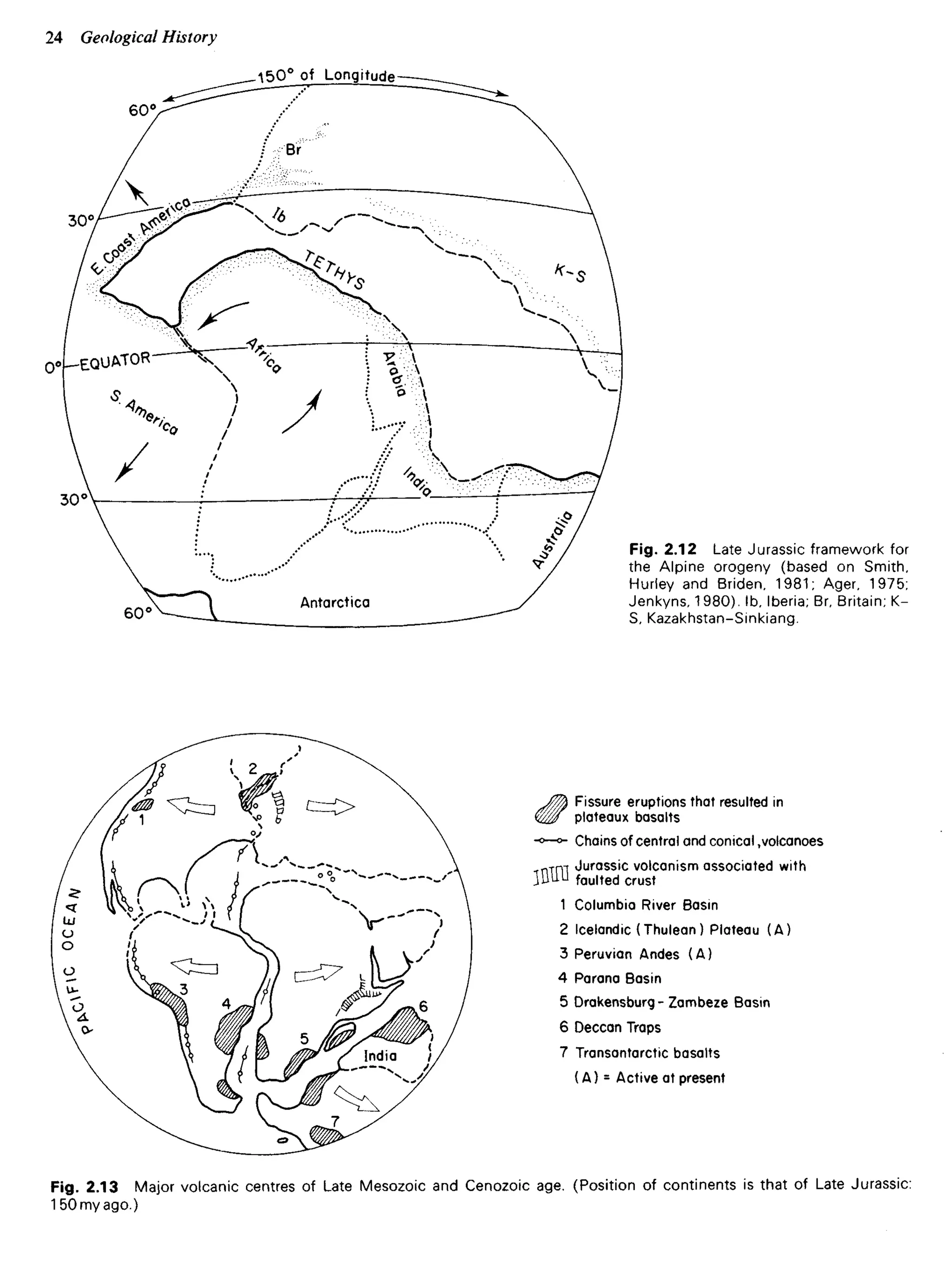 Longitude
Antarctica
Fig. 2.12 Late Jurassic framework for
the Alpine orogeny (based on Smith,
Hurley and Briden. 1981; Ager, 1975;
Jenkyns, 1980). Ib, Iberia; Br, Britain; K-
S, Kazakhstan-Sinkiang.
Fissure eruptions that resulted in
plateaux basalts
Chains of central and conical ,volcanoes
Jurassic volcanism associated with
faulted crust
Columbia River Basin
Icelandic (Thulean) Plateau (A)
Peruvian Andes (A)
Parana Basin
Drakensburg-Zambeze Basin
Deccan Traps
Transantarctic basalts
(A) = Active at present
Fig. 2.13 Major volcanic centres of Late Mesozoic and Cenozoic age. (Position of continents is that of Late Jurassic:
150 my ago.)
 