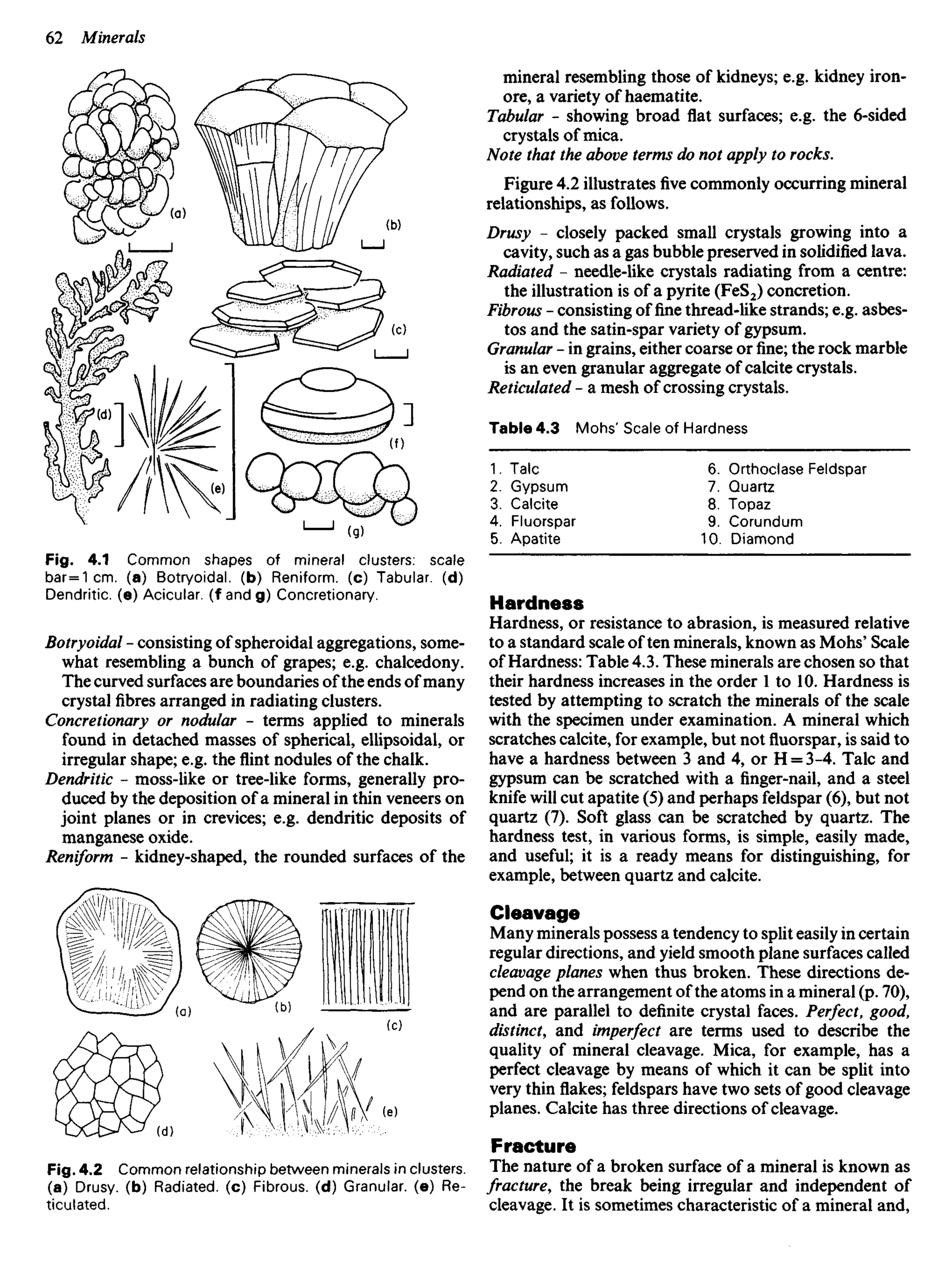 Fig. 4.1 Common shapes of mineral clusters: scale
bar=1 cm. (a) Botryoidal. (b) Reniform. (c) Tabular, (d)
Dendritic, (e) Acicular. (f and g) Concretionary.
Botryoidal - consisting of spheroidal aggregations, some-
what resembling a bunch of grapes; e.g. chalcedony.
The curved surfaces are boundaries of the ends of many
crystal fibres arranged in radiating clusters.
Concretionary or nodular - terms applied to minerals
found in detached masses of spherical, ellipsoidal, or
irregular shape; e.g. the flint nodules of the chalk.
Dendritic - moss-like or tree-like forms, generally pro-
duced by the deposition of a mineral in thin veneers on
joint planes or in crevices; e.g. dendritic deposits of
manganese oxide.
Reniform - kidney-shaped, the rounded surfaces of the
mineral resembling those of kidneys; e.g. kidney iron-
ore, a variety of haematite.
Tabular - showing broad flat surfaces; e.g. the 6-sided
crystals of mica.
Note that the above terms do not apply to rocks.
Figure 4.2 illustrates five commonly occurring mineral
relationships, as follows.
Drusy - closely packed small crystals growing into a
cavity, such as a gas bubble preserved in solidified lava.
Radiated - needle-like crystals radiating from a centre:
the illustration is of a pyrite (FeS2) concretion.
Fibrous - consisting of fine thread-like strands; e.g. asbes-
tos and the satin-spar variety of gypsum.
Granular - in grains, either coarse orfine;the rock marble
is an even granular aggregate of calcite crystals.
Reticulated - a mesh of crossing crystals.
Table 4.3 Mohs' Scale of Hardness
1. Talc 6. Orthoclase Feldspar
2. Gypsum 7. Quartz
3. Calcite 8. Topaz
4. Fluorspar 9. Corundum
5. Apatite 10. Diamond
Hardness
Hardness, or resistance to abrasion, is measured relative
to a standard scale often minerals, known as Mohs' Scale
of Hardness: Table 4.3. These minerals are chosen so that
their hardness increases in the order 1 to 10. Hardness is
tested by attempting to scratch the minerals of the scale
with the specimen under examination. A mineral which
scratches calcite, for example, but not fluorspar, is said to
have a hardness between 3 and 4, or H = 3-4. Talc and
gypsum can be scratched with a finger-nail, and a steel
knife will cut apatite (5) and perhaps feldspar (6), but not
quartz (7). Soft glass can be scratched by quartz. The
hardness test, in various forms, is simple, easily made,
and useful; it is a ready means for distinguishing, for
example, between quartz and calcite.
Cleavage
Many minerals possess a tendency to split easily in certain
regular directions, and yield smooth plane surfaces called
cleavage planes when thus broken. These directions de-
pend on the arrangement of the atoms in a mineral (p. 70),
and are parallel to definite crystal faces. Perfect, good,
distinct, and imperfect are terms used to describe the
quality of mineral cleavage. Mica, for example, has a
perfect cleavage by means of which it can be split into
very thin flakes; feldspars have two sets of good cleavage
planes. Calcite has three directions of cleavage.
Fracture
The nature of a broken surface of a mineral is known as
fracture, the break being irregular and independent of
cleavage. It is sometimes characteristic of a mineral and,
Fig. 4.2 Common relationship between minerals in clusters,
(a) Drusy. (b) Radiated, (c) Fibrous, (d) Granular, (e) Re-
ticulated.
 