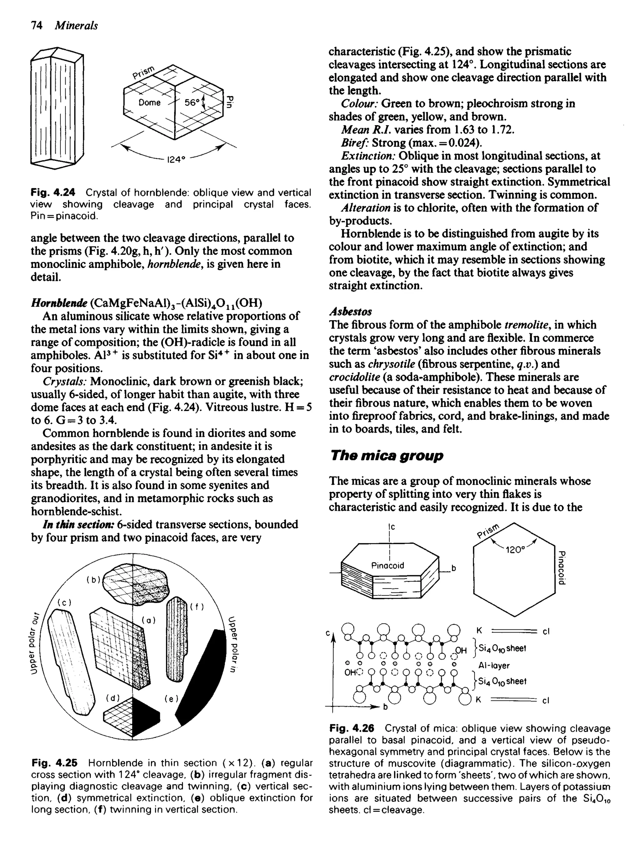 Fig. 4.24 Crystal of hornblende: oblique view and vertical
view showing cleavage and principal crystal faces.
Pin = pinacoid.
angle between the two cleavage directions, parallel to
the prisms (Fig. 4.2Og, h, h'). Only the most common
monoclinic amphibole, hornblende, is given here in
detail.
Hornblende (CaMgFeNaAl)3-(AlSi)4O11 (OH)
An aluminous silicate whose relative proportions of
the metal ions vary within the limits shown, giving a
range of composition; the (OH)-radicle is found in all
amphiboles. Al3 +
is substituted for Si4+
in about one in
four positions.
Crystals: Monoclinic, dark brown or greenish black;
usually 6-sided, of longer habit than augite, with three
dome faces at each end (Fig. 4.24). Vitreous lustre. H = 5
to 6. G = 3 to 3.4.
Common hornblende is found in diorites and some
andesites as the dark constituent; in andesite it is
porphyritic and may be recognized by its elongated
shape, the length of a crystal being often several times
its breadth. It is also found in some syenites and
granodiorites, and in metamorphic rocks such as
hornblende-schist.
In thin section: 6-sided transverse sections, bounded
by four prism and two pinacoid faces, are very
characteristic (Fig. 4.25), and show the prismatic
cleavages intersecting at 124°. Longitudinal sections are
elongated and show one cleavage direction parallel with
the length.
Colour: Green to brown; pleochroism strong in
shades of green, yellow, and brown.
Mean RJ. varies from 1.63 to 1.72.
Biref: Strong (max. = 0.024).
Extinction: Oblique in most longitudinal sections, at
angles up to 25° with the cleavage; sections parallel to
the front pinacoid show straight extinction. Symmetrical
extinction in transverse section. Twinning is common.
Alteration is to chlorite, often with the formation of
by-products.
Hornblende is to be distinguished from augite by its
colour and lower maximum angle of extinction; and
from biotite, which it may resemble in sections showing
one cleavage, by the fact that biotite always gives
straight extinction.
Asbestos
Thefibrousform of the amphibole tremolite, in which
crystals grow very long and areflexible.In commerce
the term 'asbestos' also includes other fibrous minerals
such as chrysotile (fibrous serpentine, q.v.) and
crocidolite (a soda-amphibole). These minerals are
useful because of their resistance to heat and because of
their fibrous nature, which enables them to be woven
intofireprooffabrics, cord, and brake-linings, and made
in to boards, tiles, and felt.
The mica group
The micas are a group of monoclinic minerals whose
property of splitting into very thinflakesis
characteristic and easily recognized. It is due to the
Pinacoid
Pinacoid
Si4 O10 sheet
Al-layer
Si4 O10 sheet
Fig. 4.25 Hornblende in thin section (x12). (a) regular
cross section with 1 24° cleavage, (b) irregular fragment dis-
playing diagnostic cleavage and twinning, (c) vertical sec-
tion, (d) symmetrical extinction, (e) oblique extinction for
long section, (f) twinning in vertical section.
Fig. 4.26 Crystal of mica: oblique view showing cleavage
parallel to basal pinacoid, and a vertical view of pseudo-
hexagonal symmetry and principal crystal faces. Below is the
structure of muscovite (diagrammatic). The silicon-oxygen
tetrahedra are linked to form 'sheets', two of which are shown,
with aluminium ions lying between them. Layers of potassium
ions are situated between successive pairs of the Si4O10
sheets, cl = cleavage.
 