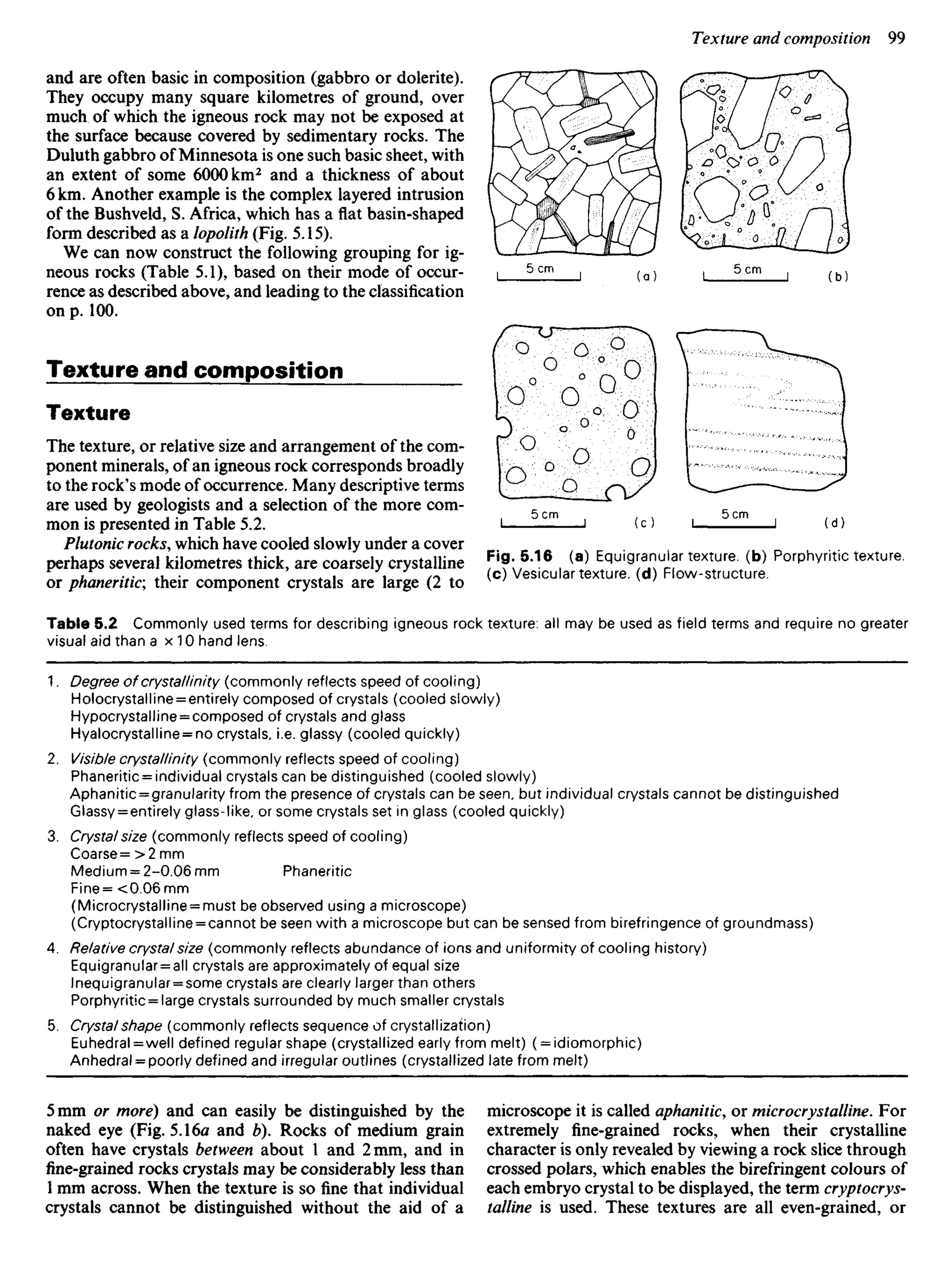 and are often basic in composition (gabbro or dolerite).
They occupy many square kilometres of ground, over
much of which the igneous rock may not be exposed at
the surface because covered by sedimentary rocks. The
Duluth gabbro of Minnesota is one such basic sheet, with
an extent of some 6000 km2
and a thickness of about
6 km. Another example is the complex layered intrusion
of the Bushveld, S. Africa, which has a flat basin-shaped
form described as a lopolith (Fig. 5.15).
We can now construct the following grouping for ig-
neous rocks (Table 5.1), based on their mode of occur-
rence as described above, and leading to the classification
on p. 100.
Texture and composition
Texture
The texture, or relative size and arrangement of the com-
ponent minerals, of an igneous rock corresponds broadly
to the rock's mode of occurrence. Many descriptive terms
are used by geologists and a selection of the more com-
mon is presented in Table 5.2.
Plutonic rocks, which have cooled slowly under a cover
perhaps several kilometres thick, are coarsely crystalline
or phaneritic, their component crystals are large (2 to
Fig. 5.16 (a) Equigranular texture, (b) Porphyritic texture,
(c) Vesicular texture, (d) Flow-structure.
Table 5.2 Commonly used terms for describing igneous rock texture: all may be used as field terms and require no greater
visual aid than a x 10 hand lens.
1. Degree of crystallinity (commonly reflects speed of cooling)
Holocrystalline = entirely composed of crystals (cooled slowly)
Hypocrystalline = composed of crystals and glass
Hyalocrystalline = no crystals, i.e. glassy (cooled quickly)
2. Visible crystallinity (commonly reflects speed of cooling)
Phaneritic = individual crystals can be distinguished (cooled slowly)
Aphanitic = granularity from the presence of crystals can be seen, but individual crystals cannot be distinguished
Glassy = entirely glass-like, or some crystals set in glass (cooled quickly)
3. Crystal size (commonly reflects speed of cooling)
Coarse= > 2 mm
Medium = 2-0.06 mm Phaneritic
Fine= <0.06mm
(Microcrystalline = must be observed using a microscope)
(Cryptocrystalline = cannot be seen with a microscope but can be sensed from birefringence of groundmass)
4. Relative crystal size (commonly reflects abundance of ions and uniformity of cooling history)
Equigranular = all crystals are approximately of equal size
lnequigranular = some crystals are clearly larger than others
Porphyritic = large crystals surrounded by much smaller crystals
5. Crystal shape (commonly reflects sequence of crystallization)
Euhedral = well defined regular shape (crystallized early from melt) (= idiomorphic)
Anhedral = poorly defined and irregular outlines (crystallized late from melt)
5 mm or more) and can easily be distinguished by the
naked eye (Fig. 5.16a and b). Rocks of medium grain
often have crystals between about 1 and 2 mm, and in
fine-grained rocks crystals may be considerably less than
1 mm across. When the texture is so fine that individual
crystals cannot be distinguished without the aid of a
microscope it is called aphanitic, or microcrystalline. For
extremely fine-grained rocks, when their crystalline
character is only revealed by viewing a rock slice through
crossed polars, which enables the birefringent colours of
each embryo crystal to be displayed, the term cryptocrys-
talline is used. These textures are all even-grained, or
 