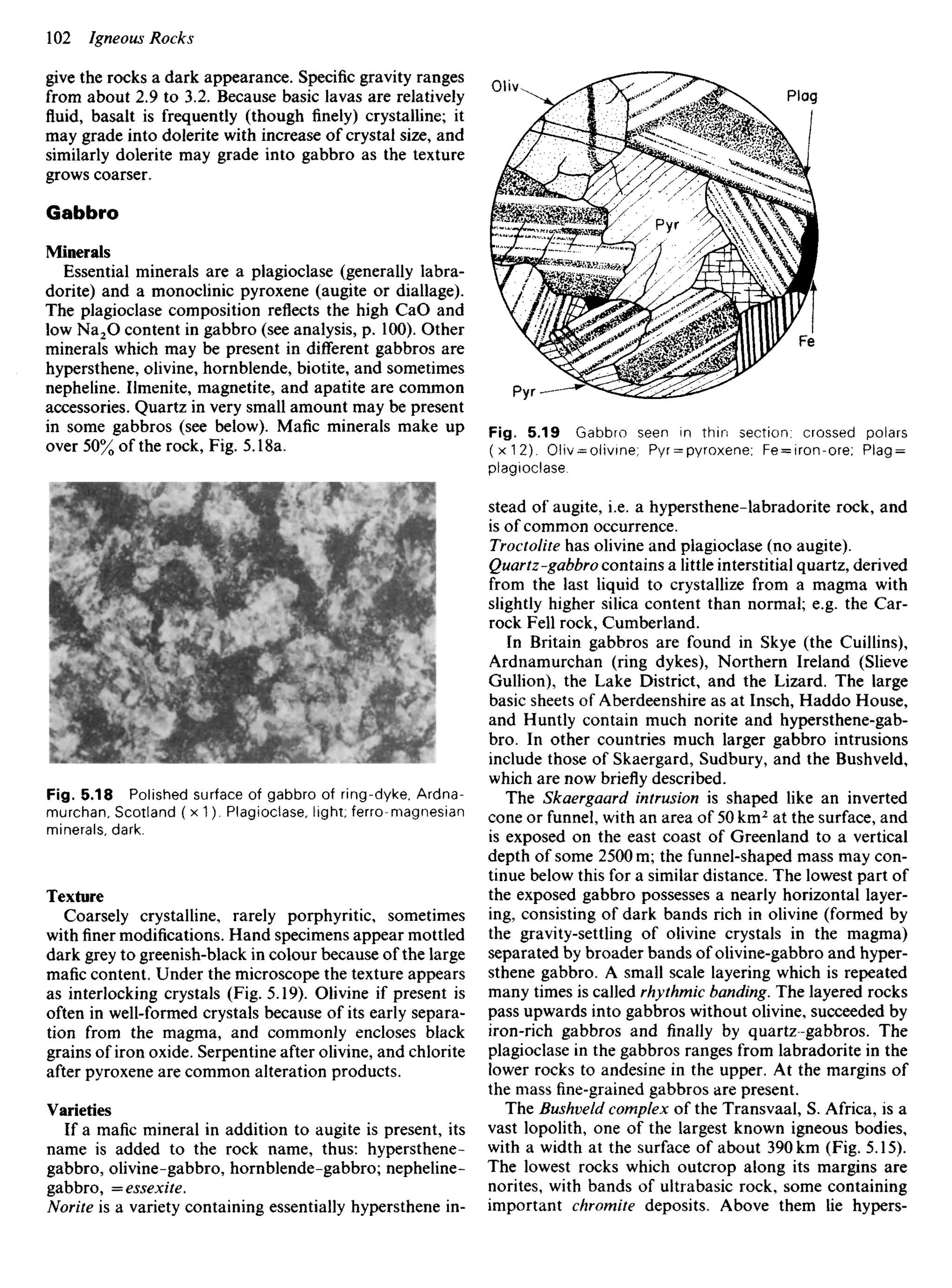 give the rocks a dark appearance. Specific gravity ranges
from about 2.9 to 3.2. Because basic lavas are relatively
fluid, basalt is frequently (though finely) crystalline; it
may grade into dolerite with increase of crystal size, and
similarly dolerite may grade into gabbro as the texture
grows coarser.
Gabbro
Minerals
Essential minerals are a plagioclase (generally labra-
dorite) and a monoclinic pyroxene (augite or diallage).
The plagioclase composition reflects the high CaO and
low Na2O content in gabbro (see analysis, p. 100). Other
minerals which may be present in different gabbros are
hypersthene, olivine, hornblende, biotite, and sometimes
nepheline. Ilmenite, magnetite, and apatite are common
accessories. Quartz in very small amount may be present
in some gabbros (see below). Mafic minerals make up
over 50% of the rock, Fig. 5.18a.
Fig. 5.19 Gabbro seen in thin section; crossed polars
(x12). Oliv = olivine; Pyr = pyroxene; Fe = iron-ore; Piag =
plagioclase.
stead of augite, i.e. a hypersthene-labradorite rock, and
is of common occurrence.
Troctolite has olivine and plagioclase (no augite).
Quartz-gabbro contains a little interstitial quartz, derived
from the last liquid to crystallize from a magma with
slightly higher silica content than normal; e.g. the Car-
rock Fell rock, Cumberland.
In Britain gabbros are found in Skye (the Cuillins),
Ardnamurchan (ring dykes), Northern Ireland (Slieve
Gullion), the Lake District, and the Lizard. The large
basic sheets of Aberdeenshire as at Insch, Haddo House,
and Huntly contain much norite and hypersthene-gab-
bro. In other countries much larger gabbro intrusions
include those of Skaergard, Sudbury, and the Bushveld,
which are now briefly described.
The Skaergaard intrusion is shaped like an inverted
cone or funnel, with an area of 50 km2
at the surface, and
is exposed on the east coast of Greenland to a vertical
depth of some 2500 m; the funnel-shaped mass may con-
tinue below this for a similar distance. The lowest part of
the exposed gabbro possesses a nearly horizontal layer-
ing, consisting of dark bands rich in olivine (formed by
the gravity-settling of olivine crystals in the magma)
separated by broader bands of olivine-gabbro and hyper-
sthene gabbro. A small scale layering which is repeated
many times is called rhythmic banding. The layered rocks
pass upwards into gabbros without olivine, succeeded by
iron-rich gabbros and finally by quartz-gabbros. The
plagioclase in the gabbros ranges from labradorite in the
lower rocks to andesine in the upper. At the margins of
the massfine-grainedgabbros are present.
The Bushveld complex of the Transvaal, S. Africa, is a
vast lopolith, one of the largest known igneous bodies,
with a width at the surface of about 390 km (Fig. 5.15).
The lowest rocks which outcrop along its margins are
norites, with bands of ultrabasic rock, some containing
important chromite deposits. Above them lie hypers-
Fig. 5.18 Polished surface of gabbro of ring-dyke, Ardna-
murchan, Scotland (x1). Plagioclase, light; ferro-magnesian
minerals, dark.
Texture
Coarsely crystalline, rarely porphyritic, sometimes
withfinermodifications. Hand specimens appear mottled
dark grey to greenish-black in colour because of the large
mafic content. Under the microscope the texture appears
as interlocking crystals (Fig. 5.19). Olivine if present is
often in well-formed crystals because of its early separa-
tion from the magma, and commonly encloses black
grains of iron oxide. Serpentine after olivine, and chlorite
after pyroxene are common alteration products.
Varieties
If a mafic mineral in addition to augite is present, its
name is added to the rock name, thus: hypersthene-
gabbro, olivine-gabbro, hornblende-gabbro; nepheline-
gabbro, =essexite.
Norite is a variety containing essentially hypersthene in-
 