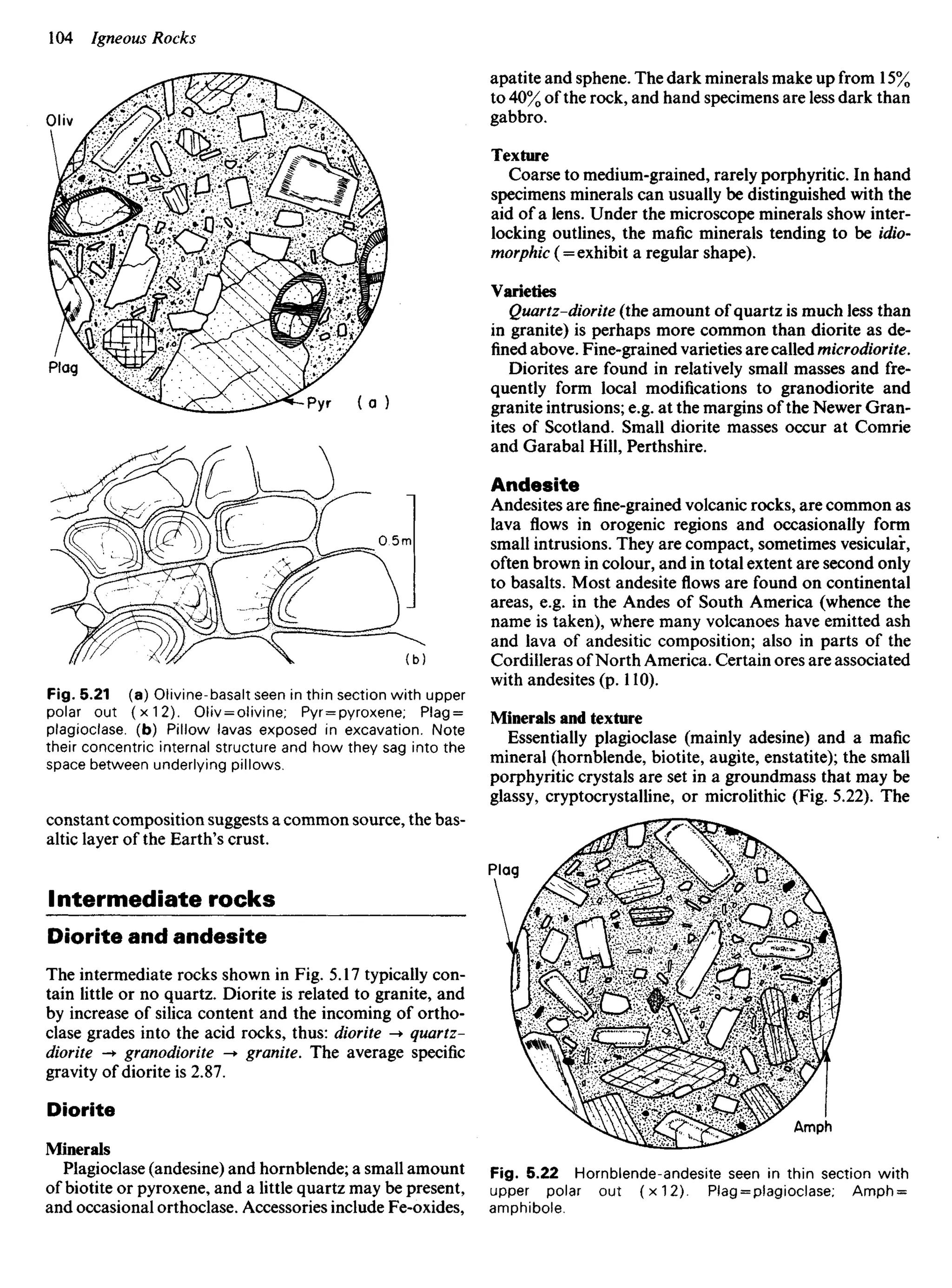 Fig. 5.21 (a) Olivine-basalt seen in thin section with upper
polar out (x12). Oliv = olivine; Pyr = pyroxene; Plag =
plagioclase. (b) Pillow lavas exposed in excavation. Note
their concentric internal structure and how they sag into the
space between underlying pillows.
constant composition suggests a common source, the bas-
altic layer of the Earth's crust.
Intermediate rocks
Diorite and andesite
The intermediate rocks shown in Fig. 5.17 typically con-
tain little or no quartz. Diorite is related to granite, and
by increase of silica content and the incoming of ortho-
clase grades into the acid rocks, thus: diorite -> quartz-
diorite -+ granodiorite -* granite. The average specific
gravity of diorite is 2.87.
Diorite
Minerals
Plagioclase (andesine) and hornblende; a small amount
of biotite or pyroxene, and a little quartz may be present,
and occasional orthoclase. Accessories include Fe-oxides,
apatite and sphene. The dark minerals make up from 15%
to 40% of the rock, and hand specimens are less dark than
gabbro.
Texture
Coarse to medium-grained, rarely porphyritic. In hand
specimens minerals can usually be distinguished with the
aid of a lens. Under the microscope minerals show inter-
locking outlines, the mafic minerals tending to be idio-
morphic ( = exhibit a regular shape).
Varieties
Quartz-diorite (the amount of quartz is much less than
in granite) is perhaps more common than diorite as de-
fined above. Fine-grained varieties are called microdiorite.
Diorites are found in relatively small masses and fre-
quently form local modifications to granodiorite and
granite intrusions; e.g. at the margins of the Newer Gran-
ites of Scotland. Small diorite masses occur at Comrie
and Garabal Hill, Perthshire.
Andesite
Andesites arefine-grainedvolcanic rocks, are common as
lava flows in orogenic regions and occasionally form
small intrusions. They are compact, sometimes vesicular,
often brown in colour, and in total extent are second only
to basalts. Most andesiteflowsare found on continental
areas, e.g. in the Andes of South America (whence the
name is taken), where many volcanoes have emitted ash
and lava of andesitic composition; also in parts of the
Cordilleras of North America. Certain ores are associated
with andesites (p. 110).
Minerals and texture
Essentially plagioclase (mainly adesine) and a mafic
mineral (hornblende, biotite, augite, enstatite); the small
porphyritic crystals are set in a groundmass that may be
glassy, cryptocrystalline, or microlithic (Fig. 5.22). The
Plag
Amph
Fig. 5.22 Hornblende-andesite seen in thin section with
upper polar out (x12). Plag = plagioclase; Amph =
amphibole.
Oliv
Plag
Pyr
 