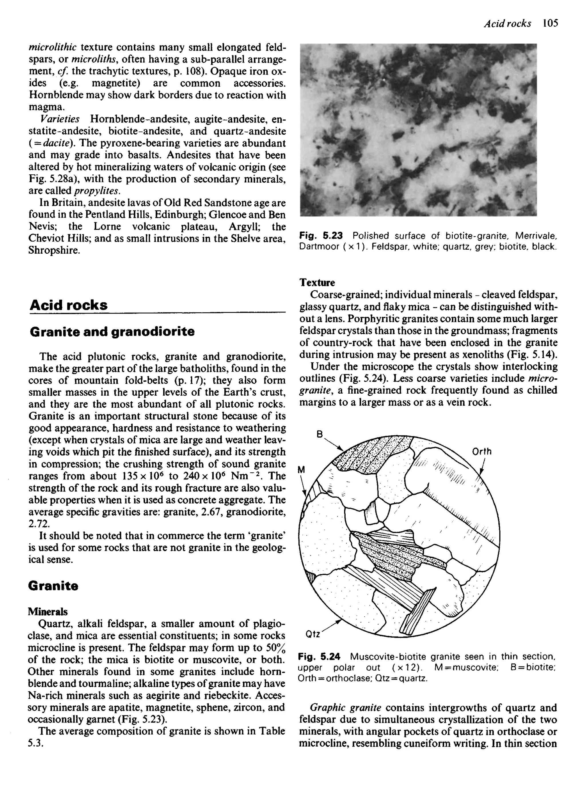 microlithic texture contains many small elongated feld-
spars, or microliths, often having a sub-parallel arrange-
ment, cf. the trachytic textures, p. 108). Opaque iron ox-
ides (e.g. magnetite) are common accessories.
Hornblende may show dark borders due to reaction with
magma.
Varieties Hornblende-andesite, augite-andesite, en-
statite-andesite, biotite-andesite, and quartz-andesite
( = dacite). The pyroxene-bearing varieties are abundant
and may grade into basalts. Andesites that have been
altered by hot mineralizing waters of volcanic origin (see
Fig. 5.28a), with the production of secondary minerals,
are called propylites.
In Britain, andesite lavas of Old Red Sandstone age are
found in the Pentland Hills, Edinburgh; Glencoe and Ben
Nevis; the Lome volcanic plateau, Argyll; the
Cheviot Hills; and as small intrusions in the Shelve area,
Shropshire.
Acid rocks
Granite and granodiorite
The acid plutonic rocks, granite and granodiorite,
make the greater part of the large batholiths, found in the
cores of mountain fold-belts (p. 17); they also form
smaller masses in the upper levels of the Earth's crust,
and they are the most abundant of all plutonic rocks.
Granite is an important structural stone because of its
good appearance, hardness and resistance to weathering
(except when crystals of mica are large and weather leav-
ing voids which pit thefinishedsurface), and its strength
in compression; the crushing strength of sound granite
ranges from about 135 x 106
to 24Ox 106
Nm"2
. The
strength of the rock and its rough fracture are also valu-
able properties when it is used as concrete aggregate. The
average specific gravities are: granite, 2.67, granodiorite,
2.72.
It should be noted that in commerce the term 'granite'
is used for some rocks that are not granite in the geolog-
ical sense.
Granite
Minerals
Quartz, alkali feldspar, a smaller amount of plagio-
clase, and mica are essential constituents; in some rocks
microcline is present. The feldspar may form up to 50%
of the rock; the mica is biotite or muscovite, or both.
Other minerals found in some granites include horn-
blende and tourmaline; alkaline types of granite may have
Na-rich minerals such as aegirite and riebeckite. Acces-
sory minerals are apatite, magnetite, sphene, zircon, and
occasionally garnet (Fig. 5.23).
The average composition of granite is shown in Table
5.3.
Fig. 5.23 Polished surface of biotite-granite, Merrivale,
Dartmoor (x1). Feldspar, white; quartz, grey; biotite, black.
Texture
Coarse-grained; individual minerals - cleaved feldspar,
glassy quartz, andflakymica - can be distinguished with-
out a lens. Porphyritic granites contain some much larger
feldspar crystals than those in the groundmass; fragments
of country-rock that have been enclosed in the granite
during intrusion may be present as xenoliths (Fig. 5.14).
Under the microscope the crystals show interlocking
outlines (Fig. 5.24). Less coarse varieties include micro-
granite, a fine-grained rock frequently found as chilled
margins to a larger mass or as a vein rock.
Fig. 5.24 Muscovite-biotite granite seen in thin section,
upper polar out (x12). M = muscovite; B = biotite;
Orth = orthoclase; Qtz = quartz.
Graphic granite contains intergrowths of quartz and
feldspar due to simultaneous crystallization of the two
minerals, with angular pockets of quartz in orthoclase or
microcline, resembling cuneiform writing. In thin section
 