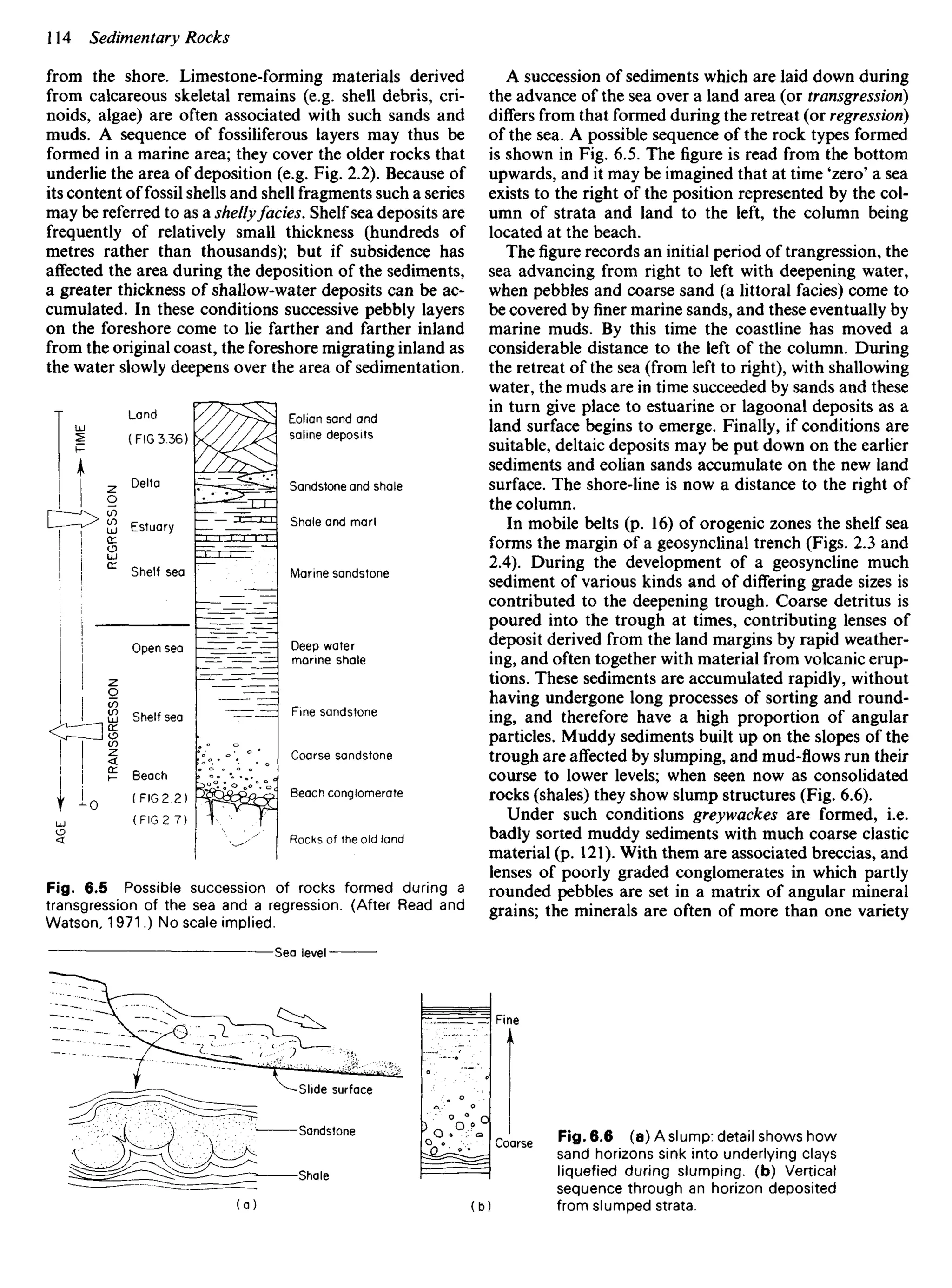 from the shore. Limestone-forming materials derived
from calcareous skeletal remains (e.g. shell debris, cri-
noids, algae) are often associated with such sands and
muds. A sequence of fossiliferous layers may thus be
formed in a marine area; they cover the older rocks that
underlie the area of deposition (e.g. Fig. 2.2). Because of
its content of fossil shells and shell fragments such a series
may be referred to as a shellyfades. Shelf sea deposits are
frequently of relatively small thickness (hundreds of
metres rather than thousands); but if subsidence has
affected the area during the deposition of the sediments,
a greater thickness of shallow-water deposits can be ac-
cumulated. In these conditions successive pebbly layers
on the foreshore come to lie farther and farther inland
from the original coast, the foreshore migrating inland as
the water slowly deepens over the area of sedimentation.
A succession of sediments which are laid down during
the advance of the sea over a land area (or transgression)
differs from that formed during the retreat (or regression)
of the sea. A possible sequence of the rock types formed
is shown in Fig. 6.5. The figure is read from the bottom
upwards, and it may be imagined that at time 'zero' a sea
exists to the right of the position represented by the col-
umn of strata and land to the left, the column being
located at the beach.
Thefigurerecords an initial period of trangression, the
sea advancing from right to left with deepening water,
when pebbles and coarse sand (a littoral facies) come to
be covered byfinermarine sands, and these eventually by
marine muds. By this time the coastline has moved a
considerable distance to the left of the column. During
the retreat of the sea (from left to right), with shallowing
water, the muds are in time succeeded by sands and these
in turn give place to estuarine or lagoonal deposits as a
land surface begins to emerge. Finally, if conditions are
suitable, deltaic deposits may be put down on the earlier
sediments and eolian sands accumulate on the new land
surface. The shore-line is now a distance to the right of
the column.
In mobile belts (p. 16) of orogenic zones the shelf sea
forms the margin of a geosynclinal trench (Figs. 2.3 and
2.4). During the development of a geosyncline much
sediment of various kinds and of differing grade sizes is
contributed to the deepening trough. Coarse detritus is
poured into the trough at times, contributing lenses of
deposit derived from the land margins by rapid weather-
ing, and often together with material from volcanic erup-
tions. These sediments are accumulated rapidly, without
having undergone long processes of sorting and round-
ing, and therefore have a high proportion of angular
particles. Muddy sediments built up on the slopes of the
trough are affected by slumping, and mud-flows run their
course to lower levels; when seen now as consolidated
rocks (shales) they show slump structures (Fig. 6.6).
Under such conditions greywackes are formed, i.e.
badly sorted muddy sediments with much coarse clastic
material (p. 121). With them are associated breccias, and
lenses of poorly graded conglomerates in which partly
rounded pebbles are set in a matrix of angular mineral
grains; the minerals are often of more than one variety
TIME
Land
(FIG 3.36)
Delta
REGRESSION
Estuary
Shelf sea
Open sea
Shelf sea
Beach
(FIG2.2)
TRANSGRESSION
Eolian sand and
saline deposits
Sandstone and shale
Shale and marl
Marine sandstone
Deep water
marine shale
Fine sandstone
Coarse sandstone
Beach conglomerate
Rocks of the old land
Fig. 6.5 Possible succession of rocks formed during a
transgression of the sea and a regression. (After Read and
Watson, 1971.) No scale implied.
Sea level
•Slide surface
Sandstone
Shale
Fig. 6.6 (a) A slump: detail shows how
sand horizons sink into underlying clays
liquefied during slumping, (b) Vertical
sequence through an horizon deposited
from slumped strata.
 