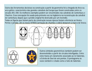 Outra das ferramentas decisivas na construção a partir da geometria foi a chegada do Arco ou
arco gótico, característico das grandes catedrais da Europa que foram construídas entre os
séculos XII e XIII. Os melhores exemplos podem ser encontrados nas catedrais de Canterbury e
Chartres. Essa concepção foi usada pela primeira vez na Inglaterra na reconstrução da catedral
de Canterbury depois que o prédio original foi destruído por um incêndio.
Todas as figuras que faziam parte da construção nessas épocas faziam referência ao Vesica.
Portas e janelas, até os novos VITROS (armação de chumbo e vidro) deixarem a marca da Vesica.




                                       Outros símbolos geométricos também podem ser
                                       desenvolvidos a partir de círculos interligados. Entre
                                       estes havia um claramente associado ao rei Salomão,
                                       a Estrela de Davi de seis pontas. O pentagrama ás
                                       vezes também é citado como o Selo de Salomão.
 