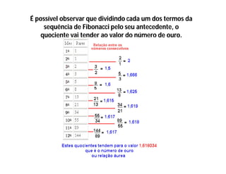 É possível observar que dividindo cada um dos termos da
     sequência de Fibonacci pelo seu antecedente, o
    quociente vai tender ao valor do número de ouro.
 