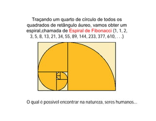 Traçando um quarto de círculo de todos os
quadrados de retângulo áureo, vamos obter um
espiral,chamada de Espiral de Fibonacci (1, 1, 2,
 3, 5, 8, 13, 21, 34, 55, 89, 144, 233, 377, 610, . . .)




O qual é possível encontrar na natureza, seres humanos...
 