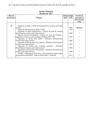 (Fl. 13 do Anexo Único ao Ato Declaratório Executivo Codac nº 92, de 25 de setembro de 2012.)


                                                Agenda Tributária
                                                 Outubro de 2012
  Data de                                                                               Código Código Período de
Vencimento                                  Tributos                                     Darf GPS Apuração do
                                                                                                      Fato Gerador
                                                                                                          (FG)

    31          Pagamento de débito - DEBCAD (preenchimento exclusivo pelo órgão
             emissor)                                                                          4006     Diversos
                Pagamento/Parcelamento de débito - CNPJ                                        4103        "
                Pagamento de débito administrativo - Número do título de cobrança
             (preenchimento exclusivo pelo órgão emissor)                                      4200        "
                Depósito Recursal Extrajudicial - Número do Título de Cobrança -
             Pagamento exclusivo na Caixa Econômica Federal (CDC=104)                          4995        "
                Pagamento de Dívida Ativa Débito - Referência (Preenchimento
             exclusivo pelo órgão emissor)                                                     6009        "
                Pagamento de Dívida Ativa Ação Judicial - Referência (Preenchimento
             exclusivo pelo órgão emissor)                                                     6203        "
                Pagamento de Dívida Ativa Cobrança Amigável - Referência
             (Preenchimento exclusivo pelo órgão emissor)                                      6300        "
                Pagamento de Dívida Ativa Parcelamento - Referência (Preenchimento
             exclusivo pelo órgão emissor)                                                     6408        "
                Comprev - pagamento de dívida ativa - não parcelada de regime próprio
             de previdência social RPPS - órgão do poder público - referência                  6513        "
 