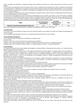 13.8 Os candidatos não eliminados na avaliação psicológica serão ordenados de acordo com os valores decrescentes da nota final na prova
objetiva.
13.9 Com base na lista organizada na forma do subitem anterior, todos os candidatos serão convocados para realizar a avaliação de vida pregressa
e investigação social. Os candidatos não convocados no presente subitem estarão eliminados e não terão classificação alguma no concurso público.
13.10 Os candidatos não eliminados na avaliação de vida pregressa e investigação social serão ordenados de acordo com os valores decrescentes
da nota final na prova objetiva.
13.11 Os candidatos não classificados dentro do número de vagas e do cadastro-reserva, conforme subitem 1.2 deste edital, estarão eliminados e
não terão classificação alguma no concurso público.
13.12 Com base na lista organizada na forma do subitem 13.10 deste edital, serão convocados, para realizar o curso de formação, os candidatos
classificados até as posições-limite indicadas no quadro abaixo. Os candidatos integrantes do cadastro-reserva têm apenas a expectativa de direito
à convocação para o curso de formação, limitada ao prazo de validade do concurso público e de acordo com a ordem de classificação dos
candidatos, atendendo aos interesses de conveniência e de oportunidade do Governo do Distrito Federal.
CARGO
DAS VAGAS (AMPLA
CONCORRÊNCIA)
DAS VAGAS
(CANDIDATOS COM
DEFICIÊNCIA)
TOTAL
AGENTE DE ATIVIDADES PENITENCIÁRIAS (CÓDIGO 101) 160 40 200
13.11.1 Serão respeitadas as vagas destinadas aos candidatos com deficiência, conforme o item 5 deste edital.
14 DA NOTA FINAL
14.1 A nota final no concurso público será igual à soma das notas finais obtidas na prova objetiva e na prova de verificação de aprendizagem do
curso de formação.
14.2 Os candidatos serão ordenados de acordo com os valores decrescentes da nota final no concurso público.
15 DOS CRITÉRIOS DE DESEMPATE
15.1 Em caso de empate, terá preferência o candidato que, na seguinte ordem:
a) for mais idoso;
b) obtiver a maior nota na área de conhecimentos específicos da prova objetiva;
c) obtiver a maior nota nas questões relativas ao subitem “2.3 Noções de Direito Penal” do Anexo I – Conteúdo Programático.
d) obtiver a maior nota nas questões relativas ao subitem “1.1 Língua Portuguesa” do Anexo I – Conteúdo Programático.
16 DOS RECURSOS
16.1 O gabarito oficial preliminar da prova objetiva será divulgado, no endereço eletrônico <http://www.universa.org.br>, no 1.º (primeiro) dia útil
seguinte ao da aplicação da prova objetiva.
16.2 O candidato que desejar interpor recurso contra o gabarito oficial preliminar da prova objetiva, o resultado preliminar da prova objetiva, o
resultado preliminar do teste de aptidão física, o resultado preliminar da avaliação psicológica, o resultado preliminar da avaliação de vida
pregressa e investigação social e o gabarito oficial preliminar da prova de verificação de aprendizagem do curso de formação disporá de até 10
(dez) dias úteis para fazê-lo, a contar do dia subsequente ao da divulgação, conforme o modelo correspondente de formulário que será
disponibilizado no momento de divulgação.
16.3 Os recursos poderão ser entregues pessoalmente ou por procurador, mediante procuração do interessado, com firma reconhecida em
cartório, no horário das 10 (dez) horas às 17 (dezessete) horas, ininterruptamente, na Central de Atendimento ao Candidato da Fundação
Universa, localizada no SGAN 609, Módulo A, Asa Norte, Brasília/DF.
16.3.1 Não será aceito recurso, via postal, fax, Internet, correio eletrônico e(ou) fora do prazo.
16.4 Para interpor recurso contra o gabarito oficial preliminar da prova objetiva e(ou) contra o gabarito oficial preliminar da prova de verificação
de aprendizagem do curso de formação, o candidato deverá entregar o recurso com as seguintes especificações:
a) capa única constando: código do cargo, nome do cargo, nome do candidato, inscrição, CPF e assinatura;
b) folhas separadas para itens diferentes;
c) indicação do número do item, da resposta marcada pelo candidato e da resposta divulgada pela Fundação Universa em cada folha;
d) argumentação lógica e consistente para cada item;
e) sem identificação do candidato no corpo do recurso;
f) recurso digitado em formulário próprio, de acordo com o modelo a ser disponibilizado.
16.5 O candidato deverá ser claro, consistente e objetivo em seu pleito. Recursos inconsistentes ou intempestivos em formulário diferente do
exigido e(ou) fora das especificações estabelecidas neste edital e em outros editais serão indeferidos.
16.6 O recurso não poderá conter, em outro local que não o apropriado, qualquer palavra ou marca que o identifique, sob pena de ser
preliminarmente indeferido.
16.7 Não será aceita documentação complementar durante o período de recurso.
16.8 Se, do exame de recursos, resultar anulação de item, haverá ajuste proporcional ao sistema de pontuação, conforme cálculo do subitem 13.2
deste edital, independentemente de o candidato ter recorrido. Se houver alteração do gabarito oficial preliminar, por força de impugnações, a
prova será corrigida de acordo com o gabarito oficial definitivo. Em nenhuma hipótese, o quantitativo de itens sofrerá alterações.
16.9 Em nenhuma hipótese, será aceito pedido de revisão de recurso, tampouco recurso de recurso ou recurso contra o gabarito oficial definitivo.
16.10 Recurso cujo teor desrespeite a banca examinadora será preliminarmente indeferido.
16.11 Não serão apreciados recursos que forem apresentados com argumentação idêntica à argumentação constante de outro(s) recurso(s).
16.12 A resposta do recurso indeferido do candidato será disponibilizada na opção “Download de Documentos” no endereço eletrônico
<http://www.universa.org.br>, pelo prazo de 1 (um) ano a contar da data de sua disponibilização. Não serão encaminhadas respostas individuais
aos candidatos.
16.12.1 Após o prazo determinado no subitem anterior, não serão aceitos pedidos de disponibilização da resposta do recurso indeferido.
16.13 Todos os recursos serão analisados, e as justificativas das alterações/anulações do gabarito oficial preliminar da prova objetiva e do gabarito
oficial preliminar da prova de verificação de aprendizagem do curso de formação serão divulgadas, no endereço eletrônico
<http://www.universa.org.br>, na mesma data dos gabaritos oficiais definitivos.
16.14 A banca examinadora constitui última instância para recurso, sendo soberana em suas decisões, razão pela qual não caberão recursos
adicionais.
 